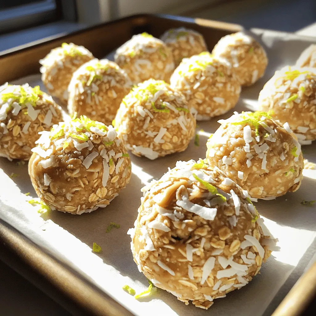 To make Coconut Lime Energy Balls, you'll need: - 1 cup rolled oats - 1/2 cup unsweetened shredded coconut - 1/2 cup almond butter (or any nut butter) - 1/4 cup honey or maple syrup - Zest of 2 limes - 2 tablespoons lime juice - 1/4 teaspoon salt - 1/4 teaspoon vanilla extract - 2 tablespoons chia seeds (optional) You can swap almond butter for any nut butter you like. Peanut butter works well too. If you want to go nut-free, try sun butter or tahini. For a vegan option, use maple syrup instead of honey. If you can't find shredded coconut, you can use finely chopped nuts. This adds a nice crunch. You can also skip chia seeds if you don’t have them. Each ingredient in these energy balls has great health benefits: - Rolled oats: They provide fiber and keep you full longer. - Unsweetened shredded coconut: This adds healthy fats and gives energy. - Almond butter: It is rich in protein and good fats, which support heart health. - Honey or maple syrup: These natural sweeteners give quick energy without processed sugars. - Lime zest and juice: They add vitamin C and help boost your immune system. - Salt: A small amount helps balance flavors and keeps hydration up. - Vanilla extract: It enhances flavor and has antioxidant properties. - Chia seeds: They are full of omega-3s, fiber, and protein, plus they help with digestion. These ingredients work together to create a tasty and healthy snack that keeps you energized! Start by gathering your ingredients. In a large mixing bowl, add 1 cup of rolled oats and 1/2 cup of unsweetened shredded coconut. Mix these dry ingredients together well. In another bowl, combine 1/2 cup of almond butter, 1/4 cup of honey or maple syrup, the zest of 2 limes, 2 tablespoons of lime juice, 1/4 teaspoon of salt, and 1/4 teaspoon of vanilla extract. Stir this wet mixture until it is smooth and well blended. Next, pour the wet mixture into the bowl with the dry ingredients. If you want to add some nutrition, toss in 2 tablespoons of chia seeds. Now, mix everything together thoroughly. You want the mixture to stick together. If it feels too dry, try adding a bit more almond butter or a splash of lime juice. Once the mixture is well combined, it’s time to chill it. Place your bowl in the fridge for about 30 minutes. This will help the mixture firm up. After chilling, take it out and use your hands to roll the mixture into small balls, about 1 inch in diameter. As you shape them, you can make them a bit smaller or larger based on your preference. Next, lay the balls on a parchment-lined baking sheet. Once you have shaped all the balls, return them to the fridge for another 15-20 minutes. This second chill helps them set nicely. To get the right consistency, make sure to mix all the ingredients well. If the mixture feels too crumbly, add a bit more almond butter. If it seems too wet, sprinkle in some more oats. The goal is for the mixture to hold together when you squeeze it in your hand. Also, remember that chilling is key. If you skip the chilling step, the balls may fall apart. Storing them in the fridge helps maintain their shape and keeps them fresh. Enjoy your Coconut Lime Energy Balls as a tasty snack anytime! To make the best Coconut Lime Energy Balls, use fresh ingredients. Fresh limes give a bright taste. Make sure your almond butter is creamy. This helps the mixture stick well. Mix the oats and coconut well before adding wet ingredients. This ensures even flavor throughout. If your mix is too dry, add more almond butter or lime juice. For easier rolling, wet your hands a little. This keeps the mix from sticking to your palms. One common mistake is not chilling the mixture enough. Chilling helps the balls hold their shape. Another mistake is not measuring ingredients carefully. Too much honey can make them too sweet. If you leave out the chia seeds, you miss added texture. Don’t skip the salt; it enhances the flavor. Lastly, avoid using stale oats or coconut. Stale ingredients can ruin your energy balls. You can boost flavor by adding nuts or seeds. Try mixing in chopped almonds or walnuts for crunch. Dried fruit like cranberries or apricots adds sweetness and color. You can also sprinkle some lime zest on top after rolling. This gives a fresh look and extra zing. For a tropical twist, add a little pineapple juice. This brightens the taste even more. Enjoy experimenting with these ideas to make your energy balls unique! {{image_2}} You can add many different flavors to your Coconut Lime Energy Balls. Try using different nut butters, like peanut or cashew. You can also mix in some chocolate chips or dried fruit, like cranberries or apricots. For a crunch, add chopped nuts or seeds. If you like a bit of spice, a pinch of cinnamon or nutmeg can add warmth. Get creative and find your favorite combination! These energy balls are easy to make vegan. Just swap honey for maple syrup. For a gluten-free option, use certified gluten-free oats. All the other ingredients are already gluten-free. You can also use sunflower seed butter for a nut-free version. This way, anyone can enjoy them! You can change the flavors to match the seasons. In the fall, add pumpkin spice and a bit of pumpkin puree. For winter, try peppermint extract and crushed candy canes. In the summer, use fresh berries or citrus zest for a bright taste. Each season offers a chance to mix it up and enjoy these snacks in new ways! To keep your Coconut Lime Energy Balls fresh, store them in an airtight container. Place them in the fridge for the best taste. This way, they stay firm and tasty. You can enjoy them for up to one week. If you want to keep them longer, consider freezing. Freezing your energy balls is simple. First, let them chill and set. Once firm, arrange them in a single layer on a baking sheet. Freeze them for about an hour. After that, transfer the balls to a freezer-safe bag or container. Label it with the date. They can last up to three months in the freezer. Just thaw them in the fridge before enjoying. Check for any off smells or visible mold. If they feel too sticky or have a strange taste, it’s best to toss them. Always trust your senses. When in doubt, throw it out. Keeping an eye on these signs will help you enjoy your energy balls at their best. Coconut Lime Energy Balls last for up to one week in the fridge. Store them in an airtight container. This keeps them fresh and tasty. You can also freeze them for longer storage. They will stay good for about a month in the freezer. Yes, you can use any nut butter you like! Peanut butter works well and adds a nice flavor. Sunflower seed butter is a great option for nut-free diets. Just make sure it has a similar texture to almond butter for the best results. Absolutely! Coconut Lime Energy Balls are a fun and healthy snack for kids. They are packed with oats, nut butter, and natural sweetness. Kids love the taste of coconut and lime, making them a hit at snack time. Plus, they are easy to grab and go! Yes, you can skip the honey or maple syrup. You can use mashed bananas or applesauce instead. This will change the flavor a bit but still make them sweet. Just be aware that the texture may be softer. Adjust the dry ingredients if needed to keep them firm. In this article, we explored how to make tasty Coconut Lime Energy Balls. You learned about the ingredients, their health benefits, and easy substitutions. I gave step-by-step mixing and shaping tips, along with ways to improve flavor and texture. We covered different variations to fit your diet and occasions. Finally, I shared storage tips to keep your energy balls fresh longer. With these insights, you can enjoy and customize your energy balls for any craving!