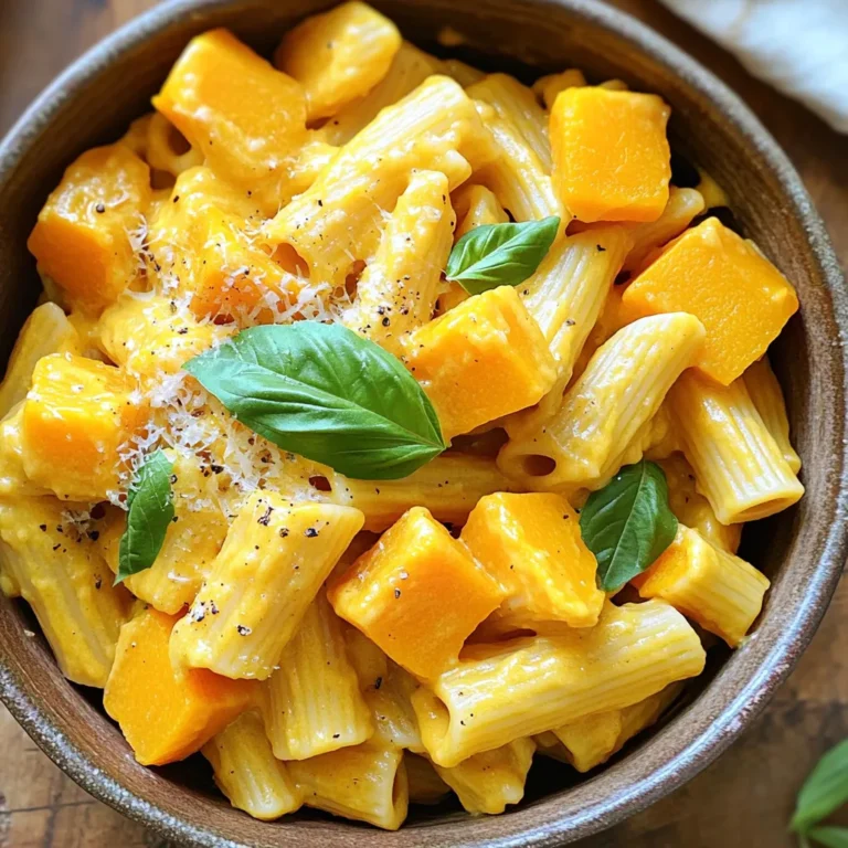 - 2 cups butternut squash, peeled and diced - 8 oz pasta (penne or fusilli work well) - 1 tablespoon olive oil - 1 small onion, finely chopped - 3 cloves garlic, minced - 2 cups vegetable broth - 1 cup heavy cream or coconut milk - 1 teaspoon dried thyme - 1/2 teaspoon nutmeg - Salt and pepper to taste - 1/4 cup grated Parmesan cheese (optional for garnish) - Fresh basil leaves for garnishing - 8 oz pasta is about 2 cups dry pasta. - 1 tablespoon of olive oil equals 15 milliliters. - 1 cup is about 240 milliliters. - You can add spinach for extra greens. - Try adding cooked chicken for protein. - Swap heavy cream for a lighter option like yogurt. - Use different herbs, like rosemary or sage, for varied flavor. - Add crushed red pepper for a spicy kick. Start by gathering all your ingredients. You need: - 2 cups butternut squash, peeled and diced - 8 oz pasta (penne or fusilli) - 1 tablespoon olive oil - 1 small onion, finely chopped - 3 cloves garlic, minced - 2 cups vegetable broth - 1 cup heavy cream or coconut milk - 1 teaspoon dried thyme - 1/2 teaspoon nutmeg - Salt and pepper to taste - 1/4 cup grated Parmesan cheese (optional for garnish) - Fresh basil leaves for garnishing Make sure your butternut squash is diced evenly. This helps it cook well. Chop the onion finely so it blends into the dish. Mince the garlic for that strong flavor. Set everything aside and get ready to cook. In a large pot, heat the olive oil over medium heat. Add the chopped onion and let it cook for about 3 to 5 minutes. You want it translucent, not browned. Next, stir in the minced garlic and the diced butternut squash. Cook this for another 5 minutes. Keep stirring so nothing sticks. Now, pour in the vegetable broth. Bring it to a boil. Once boiling, add the pasta, dried thyme, and nutmeg. Season with salt and pepper to taste. Lower the heat and cover the pot. Let it simmer for about 12 to 15 minutes. Stir occasionally to keep the pasta from sticking. The squash should be tender, and the pasta cooked through. Once your pasta is cooked, it's time to add the cream or coconut milk. Stir this in and let it simmer for another 3 to 4 minutes. This will thicken the sauce and make it creamy. Taste your dish and adjust the salt and pepper if needed. If you like, sprinkle some grated Parmesan cheese on top. Remove the pot from heat and let it sit for a couple of minutes. This helps the flavors blend. Now, serve your creamy butternut squash pasta in bowls. Garnish with fresh basil leaves and a drizzle of olive oil for that final touch. Enjoy your delicious, comforting meal! When picking butternut squash, look for firm ones. The skin should be smooth and tan. Avoid any with soft spots or blemishes. A good squash feels heavy for its size. This means it has more flesh inside. Choose squash that is about 2 to 3 pounds. This size cooks well and gives great flavor. Both cream and coconut milk work well in this dish. Cream adds a rich, smooth taste. It makes the sauce thick and creamy. Coconut milk, on the other hand, is lighter and dairy-free. It gives a hint of sweetness and a tropical twist. Choose based on your taste or dietary needs. If you want a vegan meal, go for coconut milk. To get perfect pasta, follow these tips. First, use plenty of water when cooking. This helps the pasta cook evenly. Stir the pasta often to avoid sticking. Cook until it's al dente, which means firm but not hard. After adding the cream or coconut milk, let it simmer gently. This lets the flavors blend and the sauce thicken. Taste your pasta before serving. Adjust the salt and pepper as needed for the best flavor. {{image_2}} You can easily make this dish vegetarian or vegan. To do this, replace the heavy cream with coconut milk or a cashew cream. Both options keep the dish rich and creamy. Use nutritional yeast instead of Parmesan for a cheesy flavor without dairy. You can also add extra herbs like parsley or chives for more freshness. These swaps let you enjoy the same delicious taste while meeting your dietary needs. If you want more protein in your meal, try adding chicken or beans. For chicken, dice it and sauté it with the onions and garlic. Cook until the chicken is browned and fully cooked. If you prefer beans, add canned beans like chickpeas or white beans. Stir them in when you add the cream or coconut milk. Both options increase protein and make the dish more filling. Feel free to mix in other veggies for more color and nutrition. Spinach or kale works well; add them in the last few minutes of cooking. For a spicy kick, consider adding red pepper flakes or a pinch of cayenne. You can also try different spices like smoked paprika or cumin for a unique twist. These simple changes create a dish that suits your taste and preferences. Store your creamy butternut squash pasta in an airtight container. Let it cool to room temperature first. This helps keep the flavor fresh. Place the container in the fridge. It will last for about three to four days. When you are ready to eat, make sure to check for any signs of spoilage. You can freeze this pasta dish, but it may change in texture. Use a freezer-safe container to store it. Label the container with the date. It can stay in the freezer for up to three months. When ready to use, thaw it overnight in the fridge. This helps preserve its taste. Reheat your pasta on the stove for the best flavor. Add a splash of vegetable broth or cream. This keeps it creamy and prevents drying out. Stir often until heated through. You can also use the microwave. Just heat in short bursts and stir in between. Enjoy your delicious meal! Yes, you can use frozen butternut squash. Just make sure to thaw it first. Frozen squash is often pre-cut and ready to use. This can save you time. When using frozen squash, adjust the cooking time. It may cook faster than fresh. Add it to the pot with the garlic. This helps it blend well with the other flavors. Penne and fusilli are great choices for this dish. These shapes hold sauce well and add texture. You can also try farfalle or rotini for fun shapes. Choose your favorite pasta to make it your own. Cook the pasta until it's al dente for the best bite. This means it should be firm yet tender. To make this dish gluten-free, use gluten-free pasta. There are many options available today. Look for pasta made from rice, quinoa, or chickpeas. These alternatives work well in creamy dishes. Cook it according to the package instructions. This ensures the pasta is perfect in texture. You can also check the vegetable broth for gluten-free labeling. This blog post covered everything you need for a delicious butternut squash pasta dish. We explored the essential ingredients, handy measurements, and optional add-ins for your taste. I shared clear steps for cooking and tips for perfect texture. We also discussed variations for vegetarians and how to store leftovers. In closing, this recipe is flexible and fun. You can customize it to fit your needs and preferences. Enjoy making it your own!