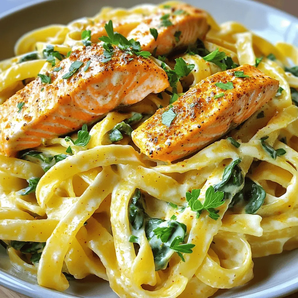 - 2 salmon fillets (about 6 oz each) - 8 oz fettuccine pasta - 2 tablespoons Cajun seasoning - 2 tablespoons olive oil - 1 cup heavy cream - 1 cup grated Parmesan cheese - 2 cloves garlic, minced - 1 cup spinach, chopped - Salt and pepper to taste - Fresh parsley, chopped (for garnish) To make Cajun Salmon Alfredo Pasta, gather your ingredients first. The salmon fillets should be fresh and firm. Fettuccine pasta gives a nice texture. Cajun seasoning adds a spicy kick. Next, for the additional ingredients, olive oil helps to cook the salmon perfectly. Heavy cream makes the sauce rich and creamy. Grated Parmesan cheese adds a savory flavor. Minced garlic gives depth to the sauce. Chopped spinach adds color and nutrition. Salt and pepper balance the taste. Lastly, fresh parsley brightens the dish when you garnish it. Using these ingredients, you can create a hearty meal that is both delicious and satisfying. Enjoy the process of cooking and share this delightful dish with family or friends! Start by rubbing the salmon fillets with Cajun seasoning. Make sure to coat both sides well. This adds a bold flavor to the fish. Boil a large pot of salted water. Once it boils, add the fettuccine. Cook it according to the package instructions until it's al dente. After cooking, reserve half a cup of the pasta water. Then, drain the pasta. Heat olive oil in a large skillet over medium heat. Place the seasoned salmon fillets in the skillet. Cook them for about 4-5 minutes on each side. They should be browned and fully cooked. Once done, remove them from the skillet and set them aside. In the same skillet, add minced garlic and sauté for about 1 minute. You want it to be fragrant but not burned. Then, pour in the heavy cream and bring it to a gentle simmer. Stir in the grated Parmesan cheese. Mix until it melts and combines well with the cream. Add the chopped spinach and cook until it wilts. Season with salt and pepper to taste. Now, add the drained fettuccine to the sauce. Toss everything together to coat the pasta evenly. If the sauce feels too thick, add some of the reserved pasta water until you reach your desired consistency. Finally, flake the cooked salmon and place it on top of the pasta. To get the best salmon, aim for even cooking. Cook each fillet for about 4-5 minutes on each side. The salmon should be opaque and flake easily with a fork. You want it to be moist but not raw in the center. If you prefer it a bit crispy, let it brown longer. Use a meat thermometer if you like. Aim for an internal temperature of 145°F (63°C). The sauce can sometimes be too thick. If this happens, don’t worry! Save some pasta water when you drain the fettuccine. Gradually add this reserved water to the sauce. Stir until you reach your desired smoothness. This will help the sauce cling to the pasta nicely. You can add more flavor with herbs and spices. Try adding fresh thyme or basil for a fragrant touch. A dash of lemon juice can brighten the dish, too. If you like heat, consider adding cayenne pepper or crushed red pepper flakes. These will give your dish that extra kick. {{image_2}} If you want to switch up the protein, try shrimp or chicken. Shrimp cooks fast and adds a nice touch. Just season it with Cajun seasoning like the salmon. Cook the shrimp for about 2-3 minutes on each side. For chicken, use boneless breast or thighs. Cook them until they reach 165°F. Both options keep the dish tasty and satisfying. You can also change the pasta type. Try gluten-free pasta if you need a gluten-free option. There are many good brands that taste great. Whole grain pasta is another healthy choice. It adds more fiber and nutrients, making your meal even better. Cook these options just like regular pasta. Adding vegetables is a great way to boost nutrition. You can include bell peppers, asparagus, or zucchini. Sauté them with the garlic for extra flavor. If you like greens, try kale or broccoli. They can add color and crunch to your plate. Just make sure to cook them until tender but not mushy. To store your Cajun Salmon Alfredo Pasta, place it in an airtight container. Make sure to let it cool to room temperature first. You can keep it in the fridge for up to three days. If you want to keep it longer, consider freezing it. When you reheat this dish, do it slowly. Use a skillet over low heat. Add a splash of water or cream to keep it moist. Stir gently to mix the flavors back together. This helps keep the pasta from sticking and the salmon from drying out. You can freeze Cajun Salmon Alfredo Pasta. However, the texture may change. To freeze, place it in a freezer-safe container. Make sure to label it with the date. It can stay in the freezer for up to three months. When you're ready to eat, let it thaw in the fridge overnight before reheating. Cajun seasoning is a mix of spices. It often includes paprika, cayenne pepper, garlic powder, onion powder, and black pepper. Some blends also add herbs like oregano and thyme. This mix gives dishes a warm, spicy flavor. You can buy it ready-made or make your own at home. Yes, you can use fresh salmon. Fresh salmon offers a nice taste and texture. Just ensure it is properly cooked. The cooking time may be shorter with fresh salmon, so be careful not to overcook it. To add spice, increase the Cajun seasoning. You can also add diced jalapeños or red pepper flakes. If you want a smoky flavor, consider using smoked paprika. Adjust the spice level to fit your taste. Absolutely! Cajun Salmon Alfredo Pasta keeps well in the fridge. Store it in an airtight container. It’s best eaten within three days. To reheat, use the microwave or a skillet on low heat. Yes, you can substitute heavy cream. Options include half-and-half or coconut milk for a dairy-free version. However, these may change the taste and texture of the sauce. Choose a substitute that fits your dietary needs. You learned how to make Cajun Salmon Alfredo Pasta, from key ingredients to cooking steps. Start with fresh salmon and fettuccine, then season and cook them well. Don’t forget the creamy garlic sauce mixed with spinach and cheese. You can change the recipe with different proteins or veggies. This dish stores well and reheats nicely too. Enjoy your flavorful meal and make it your own by trying different flavors. Happy cooking!