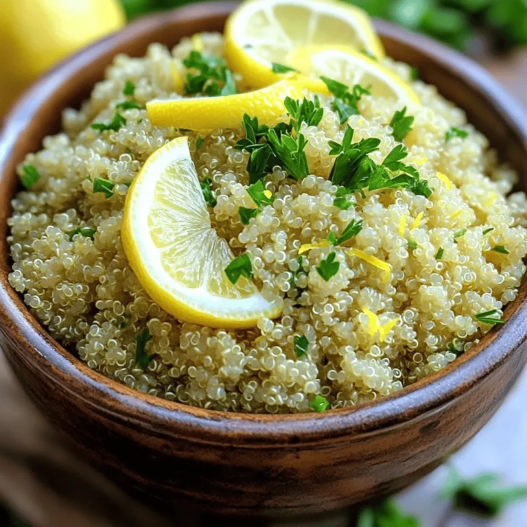 - 1 cup quinoa - 2 cups vegetable broth - 1 tablespoon olive oil - 1 teaspoon lemon zest - 3 tablespoons fresh lemon juice - 1 teaspoon garlic powder - 1 teaspoon onion powder - 1 teaspoon dried oregano - 1 teaspoon dried thyme - Salt and pepper to taste - Fresh parsley, chopped When making Instant Pot Lemon Herb Quinoa, the right ingredients matter. I always start with high-quality quinoa. Rinsing it helps remove any bitter taste. I use vegetable broth for rich flavor. Olive oil adds a nice touch and keeps the quinoa moist. Next, I enhance the dish with lemon zest and fresh lemon juice. Their bright taste lifts the entire meal. Garlic powder and onion powder bring depth to the flavor. Dried oregano and thyme add earthy notes. Finally, I season with salt and pepper to balance everything. For garnish, I love using fresh parsley. It adds color and a fresh taste. You can also add lemon slices for extra flair. This simple yet vibrant dish is sure to impress! Start by rinsing the quinoa in cold water. This helps remove any bitterness. Use a fine mesh strainer for best results. Once rinsed, set the strainer aside. Next, add the rinsed quinoa into the Instant Pot. Pour in 2 cups of vegetable broth. Then, add 1 tablespoon of olive oil. For bright flavor, include 1 teaspoon of lemon zest and 3 tablespoons of fresh lemon juice. Now, add the spices: 1 teaspoon of garlic powder, 1 teaspoon of onion powder, 1 teaspoon of dried oregano, and 1 teaspoon of dried thyme. Remember to stir everything well to mix all the flavors. Close the lid of the Instant Pot tightly. Make sure the steam release valve is set to sealing. Select the “Manual” setting, and cook on high pressure for just 1 minute. After cooking, let the pressure release naturally for 10 minutes. This step is key to getting fluffy quinoa. Then, carefully turn the steam release valve to venting. This releases any remaining pressure safely. Open the Instant Pot and fluff the quinoa with a fork. This helps separate the grains. Taste the quinoa and add salt and pepper as you like. For a lovely presentation, garnish with chopped parsley. You can serve the quinoa in a large bowl, topped with more parsley and a few lemon slices. This adds a fresh and vibrant look to your dish. To ensure perfect texture of quinoa, rinse it well. This removes bitterness. Use a fine mesh strainer under cold water. For a firmer bite, adjust the water. Use 1.75 cups of broth for 1 cup of quinoa. This gives a nice chew. You can add many herbs and spices. Try basil or rosemary for a twist. For a heartier dish, mix in diced veggies. Bell peppers, tomatoes, or spinach work great. They add color and nutrients. Using an Instant Pot is simple. Always close the lid tightly. Make sure the steam release valve is sealed. If you notice burnt food, check the liquid level. Always add enough broth to avoid this. If the quinoa is too mushy, reduce the liquid next time. {{image_2}} Quinoa is a superfood packed with protein. It has about 8 grams of protein per cup. This makes it a great choice for vegetarians. It also has dietary fiber, which helps with digestion. Each serving gives you about 5 grams of fiber. Quinoa is rich in vitamins and minerals too. It contains magnesium, iron, and B-vitamins. These nutrients support your energy levels and overall health. Eating quinoa can help you feel full and satisfied. You can enjoy Instant Pot Lemon Herb Quinoa in many ways. It pairs well with grilled chicken or fish. You can also serve it alongside roasted vegetables for a complete meal. If you have leftovers, store them in the fridge. They make a great lunch the next day. You can add some fresh veggies to the leftover quinoa. This gives you a quick and healthy meal. For a balanced meal, aim for about 1 cup of quinoa per serving. This amount keeps you full without overdoing it. Each serving has about 220 calories, 8 grams of protein, and 5 grams of fiber. This makes quinoa a nutritious choice. It fits well into many diets. Enjoying the right portion helps you stay on track with your nutrition goals. You can switch herbs to change the taste. If you do not have dill or oregano, try thyme or basil. Fresh herbs work well, too. Rosemary can add a strong flavor, while cilantro gives a fresh twist. Mix and match to find your favorite blend. Customizing herbs lets you create a unique dish every time. Think about what you enjoy most and go for it! Not all broths are the same. You can use chicken broth instead of vegetable broth for richer taste. If you're vegan, consider using mushroom broth. It adds a deep flavor and pairs well with quinoa. Other stocks can also work, just choose what you like. Each broth brings its own flair to the dish. If you want to make more or less quinoa, adjust the cooking time. For larger servings, increase the liquid slightly. If you add veggies, like bell peppers or peas, they might need more time. Keep an eye on the texture of the quinoa. Aim for a fluffy result, not mushy. Cooking with extras can make the dish heartier and more filling. Cooking quinoa in the Instant Pot is quick and easy. The total time is about 20 minutes. Here’s a breakdown: - Preparation: Rinsing quinoa takes about 5 minutes. - Cooking Time: The Instant Pot cooks quinoa on high pressure for just 1 minute. - Pressure Release: Allow 10 minutes for natural pressure release. Yes, you can make this lemon herb quinoa ahead of time. It stores well in the fridge. Here are some tips: - Storage: Keep quinoa in an airtight container. It stays fresh for up to 5 days. - Reheating: Warm it in the microwave or on the stove with a splash of broth. This keeps it moist. Yes, quinoa is gluten-free. It is a great choice for people with gluten allergies. Here are some benefits: - Nutritional Value: Quinoa is high in protein and fiber. - Vitamins: It contains essential vitamins and minerals like magnesium and iron. You can enjoy quinoa as a healthy part of your meals, knowing it fits many diets. In this post, I shared a simple recipe for cooking quinoa in an Instant Pot. We covered essential ingredients and flavor enhancers that boost the taste. I walked you through the preparation, cooking steps, and final touches for a beautiful dish. Using quinoa is a great choice for health. It’s rich in protein and fiber. You can vary flavors and ingredients to suit your taste. Experimenting makes cooking more fun and creative. Enjoy your delicious, wholesome quinoa!