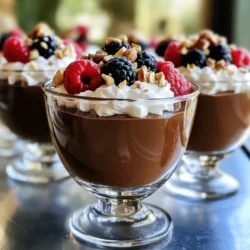 - 1 cup unsweetened almond milk - 1/2 cup Greek yogurt - 1/3 cup unsweetened cocoa powder - 1/4 cup honey or maple syrup - 1 scoop chocolate protein powder - 1 teaspoon vanilla extract - A pinch of salt The main ingredients for these pudding cups are simple yet powerful. Unsweetened almond milk gives a creamy base. Greek yogurt adds protein and thickens the mix. Unsweetened cocoa powder brings rich chocolate flavor. Honey or maple syrup sweetens it and adds a lovely taste. A scoop of chocolate protein powder boosts the health factor. Vanilla extract adds depth, while a pinch of salt balances everything out. - Whipped coconut cream - Fresh berries - Chopped nuts Toppings can turn this treat into a showstopper. Whipped coconut cream adds a light, fluffy touch. Fresh berries not only look great but also bring a burst of flavor. Chopped nuts give a satisfying crunch. You can mix and match these toppings to suit your taste or mood. - In a medium bowl, combine 1 cup of unsweetened almond milk, 1/2 cup of Greek yogurt, and 1/4 cup of honey or maple syrup. - Whisk until smooth and well mixed. This base is creamy and rich. - Next, add 1/3 cup of unsweetened cocoa powder, 1 scoop of chocolate protein powder, 1 teaspoon of vanilla extract, and a pinch of salt. - Keep whisking until the mixture looks creamy and smooth. This step brings out the deep chocolate flavor. - Now, divide the pudding mixture into small cups. - Cover the cups with plastic wrap and refrigerate for 1-2 hours to help it set. Chilling gives it a nice texture. Whisking is key to getting a creamy pudding. Make sure to mix the almond milk, Greek yogurt, and sweetener until smooth. This helps break up any lumps. If you find the pudding too thick, add a splash more milk. Taste your mix before you chill it. If you want it sweeter, add a little more honey or maple syrup. Presentation makes a big difference. For a fun topping, try whipped coconut cream. Fresh berries add color and flavor. Chopped nuts give a nice crunch. When serving at gatherings, use clear cups. This way, everyone can see the lovely layers. It makes your dessert look fancy and inviting. One common mistake is using too much cocoa powder. This can make your pudding too bitter. Start with the amount in the recipe and adjust from there. Another mistake is not refrigerating long enough. The pudding needs 1-2 hours to set properly. If you skip this step, it won’t have the right texture. {{image_2}} You can easily make this dessert dairy-free. To do this, substitute Greek yogurt with plant-based yogurt. Look for options made from almond, coconut, or soy. These yogurts provide creaminess and flavor without dairy. Next, choose a milk that fits your needs. Unsweetened almond milk works great, but you can use any plant-based milk. Options like oat milk or cashew milk will add richness. The key is to pick what you like best. Want to spice things up? Add a pinch of cinnamon or a dash of chili powder. These spices can give your pudding a warm twist. They make each bite exciting and unique. You can also play with protein powder flavors. Try vanilla or even peanut butter. Each choice changes the taste and keeps things fresh. Don't be afraid to experiment! If you want to change the sweetener, there are great swaps. Honey and maple syrup work best, but you can try stevia or agave nectar. These options can help cut down on sugar if you prefer. Always taste as you go. This helps you find the balance you like. Adjusting sweetness makes your pudding perfect for your palate. To keep your protein dark chocolate pudding cups fresh, store them in the fridge. Place them in airtight containers to avoid moisture and odors. These cups will stay tasty for about 4 to 5 days. If you want the best flavor, eat them within the first 3 days. You can freeze the pudding for later. First, let the pudding cool completely. Then, pour it into freezer-safe containers. Leave some space at the top, as it will expand. To thaw, move the cups to the fridge overnight. This keeps the texture nice. Avoid microwaving to thaw, as it can change the pudding's consistency. Use glass or BPA-free plastic containers for storage. These types help keep the pudding fresh and safe. If you want to be eco-friendly, consider using reusable silicone containers. They are great for saving the planet and work well for your pudding. Each serving has about 150 calories. Here’s a quick breakdown of the nutrition per serving: - Calories: 150 - Protein: 10g - Carbohydrates: 19g - Fat: 4g - Fiber: 3g This pudding is not only tasty but also packs in good nutrients. Yes, you can prepare these pudding cups ahead of time. Just make them and store in the fridge. I recommend making them the night before. This way, they set nicely. Cover each cup tightly with plastic wrap. They will stay fresh for up to three days. The best protein powder depends on your taste and needs. I often use chocolate whey protein for a rich flavor. For vegan options, try plant-based protein powders. Look for ones that are low in sugar and have good reviews. This helps ensure you get a tasty pudding. Yes, these pudding cups are great for kids! They are fun to eat and loaded with protein. The Greek yogurt gives calcium, while cocoa adds antioxidants. You can even let your kids choose toppings. Fresh berries or nuts can make them even more appealing. Protein Dark Chocolate Pudding Cups are simple and flexible. You learned the key ingredients, step-by-step instructions, and helpful tips for the best results. You can also explore fun variations to suit your taste. These pudding cups are a tasty way to boost your protein intake. They are perfect for any occasion or snack time. Enjoy creating these delicious treats with friends and family!
