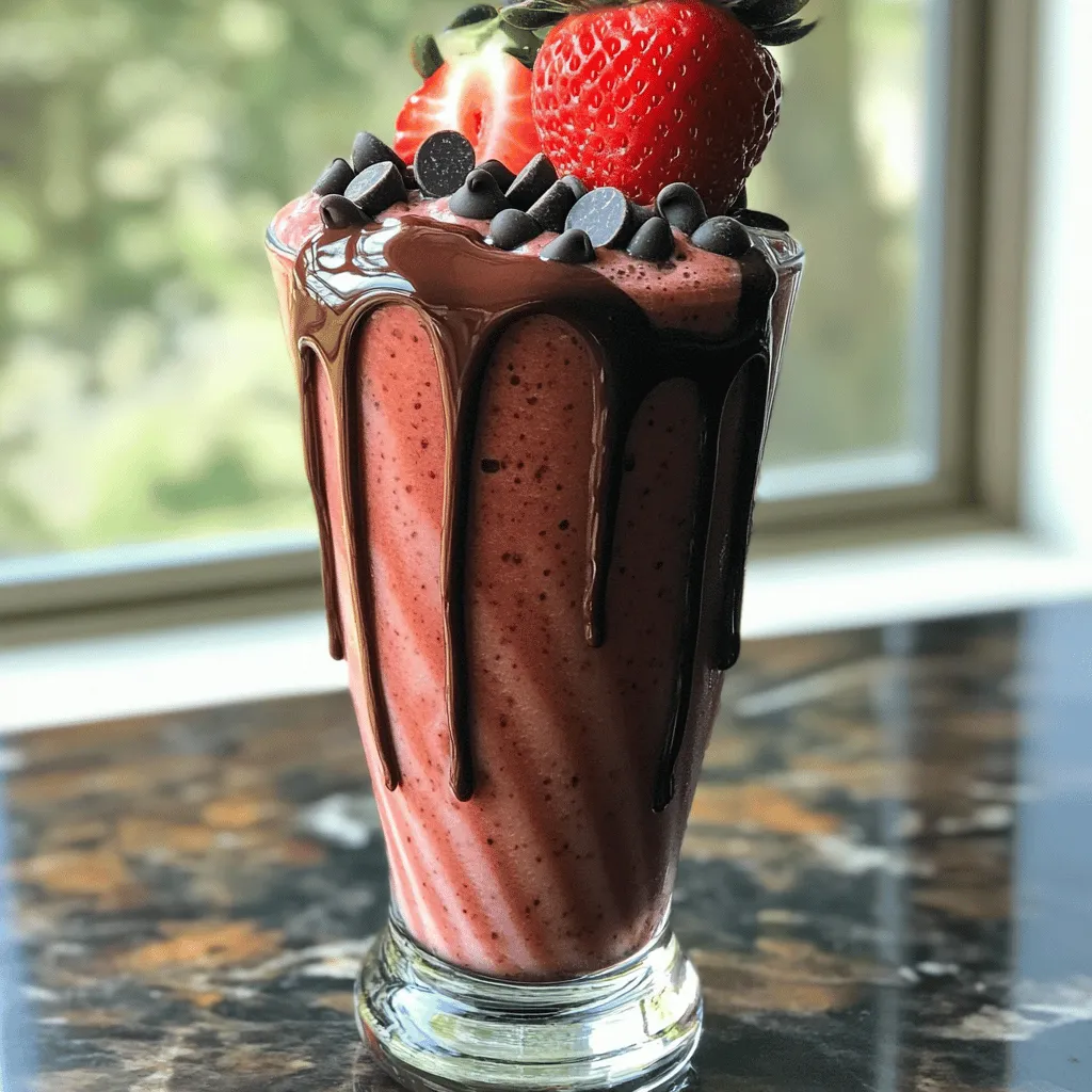To make a tasty chocolate covered strawberry smoothie, you need: - 1 cup fresh strawberries, hulled - 1 banana, sliced - 1 cup almond milk (or any milk of choice) - 1 tablespoon unsweetened cocoa powder These fresh ingredients give your smoothie a fruity and rich flavor. Strawberries add sweetness and color. Bananas make it thick and creamy. Almond milk provides a smooth base. If you want your smoothie even creamier, add: - 2 tablespoons Greek yogurt Greek yogurt makes the smoothie richer and adds protein. You can skip it if you prefer a lighter drink. For sweetness, you can use: - 1 tablespoon honey - 1 tablespoon maple syrup You can adjust the sweetener to your taste. Honey offers a floral note, while maple syrup gives a deeper flavor. Feel free to experiment with how much you use! Gather all your ingredients. You need: - 1 cup fresh strawberries, hulled - 1 banana, sliced - 1 cup almond milk (or any milk of choice) - 1 tablespoon unsweetened cocoa powder - 2 tablespoons Greek yogurt (optional for creaminess) - 1 tablespoon honey or maple syrup (adjust to taste) - Ice cubes (optional, for desired thickness) Make sure the strawberries are ripe and sweet. Slice your banana into small pieces. This will help the blender mix everything easily. If you choose to use Greek yogurt, it adds a nice creaminess. Measure all ingredients before blending. Put the prepared ingredients into a blender. Start with the almond milk. Add the strawberries, banana, cocoa powder, and Greek yogurt. Drizzle in the honey or maple syrup. Blend it all on high speed. It should take about 30 to 60 seconds. Watch for a smooth and creamy texture. If it seems too thin, add some ice cubes. Blend again until everything is well mixed. Pour the smoothie into a tall glass. Nice presentation matters! Top it with chocolate chips for a fun look. You can also add a whole strawberry on the rim. For an extra touch, drizzle some melted chocolate on top. This makes it look fancy and delicious. Enjoy your smoothie right away for the best taste! To make your smoothie just right, taste it after blending. If it feels too tart, add honey or maple syrup. Start with a small amount. You can always add more. Remember, ripe bananas also add natural sweetness. For a thick smoothie, add ice cubes before blending. Blend it well until smooth. If you want a thinner drink, use more almond milk. Adjust the milk amount based on how you like your smoothies. A nice look makes your drink more fun. Pour the smoothie into clear glasses for a great view. Top with chocolate chips and a whole strawberry for a pop of color. Drizzle some melted chocolate on top for extra flair. Enjoy your beautiful creation! {{image_2}} For a dairy-free version, use almond milk or oat milk. These options keep the smoothie creamy. Coconut milk is another great choice. It adds a nice tropical flavor. If you're looking for extra flavor, try cashew milk. Each milk gives a unique taste and texture. To boost protein, add Greek yogurt or a scoop of protein powder. Greek yogurt makes the smoothie thick and creamy. Plant-based protein powders work well too. You can use pea or hemp protein. These choices make the drink more filling and nutritious. Want to mix it up? Add more fruit! Blueberries make a great addition. They add sweetness and a fun color. You can also try mango or pineapple. These fruits give a nice tropical twist. Experiment with different combinations to find your favorite. You can store your Chocolate Covered Strawberry Smoothie in the fridge. Use an airtight container. This keeps the smoothie fresh for about one day. Make sure to stir it before drinking. If it separates, it’s still good! Freezing is a great choice if you want to save some for later. Pour the smoothie into ice cube trays. Once frozen, pop out the cubes and put them in a freezer bag. These cubes can blend into a new smoothie later. Just add milk or yogurt when blending. To keep your smoothie fresh, use ripe strawberries. They taste better and blend well. Also, store the ingredients separately until you are ready to blend. This way, you get the best flavor every time you make it. To make a vegan version, swap Greek yogurt with a plant-based yogurt. Use almond milk or another non-dairy milk. The rest of the ingredients stay the same. Blend fresh strawberries, banana, cocoa powder, and your chosen milk. This keeps all the rich flavors without dairy. Yes, you can use frozen strawberries! They make your smoothie cold and thick. Just use the same amount as fresh strawberries. If you use frozen, you may not need ice cubes. Blend until smooth, and enjoy the chill! This smoothie offers many benefits. Strawberries are full of vitamins and antioxidants. Bananas provide potassium and fiber. Almond milk is low in calories and dairy-free. Cocoa powder is rich in flavonoids, which can boost heart health. It's a tasty way to get nutrients! You can store leftover smoothie for up to 24 hours. Keep it in a sealed container in the fridge. Shake or stir before drinking, as it may separate. However, for the best taste and texture, drink it fresh! We covered how to make a vegan chocolate-covered strawberry smoothie using fresh ingredients. You learned about optional items for better creaminess and sweetener choices. I shared step-by-step instructions from prepping to blending and serving suggestions. With tips on adjusting sweetness and achieving the right thickness, you can customize your smoothie. Variations like dairy-free options and fruity add-ins allow for creativity. Finally, we explored storage methods to keep your smoothie fresh. Enjoy your tasty drink and experiment with different flavors!
