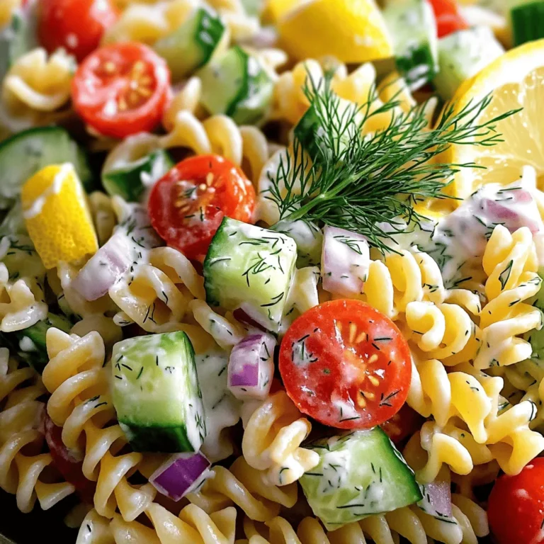 - 8 oz. rotini pasta - 1 can (5 oz.) tuna in water, drained - 1 cup cherry tomatoes, halved - 1/2 cucumber, diced - 1/4 red onion, finely chopped - 1/4 cup Greek yogurt - 2 tablespoons mayonnaise - 2 tablespoons fresh dill, chopped - 1 tablespoon lemon juice - Salt and pepper to taste - 1 tablespoon olive oil (optional) For this Lemon Dill Tuna Pasta Salad, I love how simple yet fresh the ingredients are. The rotini pasta is fun to eat, and it holds the dressing well. Tuna adds protein and flavor. Cherry tomatoes give a sweet pop, while cucumber brings crunch. Red onion adds a mild bite that balances everything. In the dressing, Greek yogurt and mayonnaise create a creamy base. The fresh dill adds a lovely herb taste, and lemon juice brightens every bite. Salt and pepper let the flavors shine through. If you want a richer taste, olive oil is a great option. Gather these ingredients, and you’ll be ready to whip up this delightful salad in just 15 minutes! 1. Start by boiling water in a large pot. 2. Add a pinch of salt for flavor. 3. Cook the rotini pasta according to the package instructions until it is al dente. 4. Drain the pasta in a colander. 5. Rinse the pasta under cold water to cool it down. 1. In a large mixing bowl, combine the drained tuna, halved cherry tomatoes, diced cucumber, and finely chopped red onion. 2. In a small bowl, mix together the Greek yogurt, mayonnaise, fresh dill, lemon juice, and olive oil (if using) until smooth. 1. Add the cooled rotini pasta to the salad mixture in the large bowl. 2. Pour the dressing over the top of the pasta and salad. 3. Gently toss everything together to combine evenly. 4. Season the salad with salt and pepper to taste. 5. If you want, add more dill or lemon juice for extra flavor. 6. Chill the pasta salad in the refrigerator for about 10 minutes before serving. To make your Lemon Dill Tuna Pasta Salad really pop, you can adjust the salt, pepper, and lemon juice. Start with a little salt and pepper. Taste as you go to find your perfect level. If you want a zingy flavor, add more lemon juice. Fresh dill adds a bright touch, too. If you love dill, don’t hold back! You can add more than the recipe calls for. It gives the salad a fresh, herbaceous taste. When serving, presentation matters. Use individual bowls for each person. This makes it look special. Top each bowl with a sprig of dill and a lemon wedge. It adds color and freshness. Pair this salad with crusty bread for a nice crunch. Fresh greens like arugula or spinach make a great side, too. They add a crisp texture and balance the rich flavors of the salad. Enjoy your meal! {{image_2}} You can easily swap Greek yogurt for sour cream. This gives a creamy taste and adds a tang. If you want a lighter version, use plain yogurt. Instead of mayonnaise, try avocado for a creamy texture. You can also use mustard for a zesty kick. When it comes to pasta, rotini is great, but you can use penne or shells. Any short pasta works well here. Whole grain pasta is a healthy option too. Gluten-free pasta is also good if you need that. Just make sure to cook it according to the package instructions. If you want more protein, add chickpeas or diced chicken. These options boost the salad’s nutrition. You can also mix in cooked shrimp or crab for a seafood twist. For veggies, consider adding bell peppers or spinach. Both add color and crunch. You can also toss in chopped carrots or celery for more texture. Fresh herbs like parsley or basil can brighten the flavor. Just chop them finely and mix them in. To store your Lemon Dill Tuna Pasta Salad, place it in an airtight container. This keeps the salad fresh. You can enjoy it for up to three days in the fridge. When you want to eat it, check for any changes in smell or color. If it looks or smells off, it’s best to toss it. Freezing this pasta salad is simple. First, let it cool completely. Then, put it in a freezer-safe container. Make sure to leave some space at the top, as the salad may expand. It can last up to two months in the freezer. When you're ready to eat it, take it out and let it thaw in the fridge overnight. After thawing, stir it well. If it looks dry, you can add a bit of olive oil or yogurt to freshen it up. Enjoy your delicious meal! Making Lemon Dill Tuna Pasta Salad is quick and easy. The prep time is just 5 minutes. Cooking the pasta takes another 10 minutes. So, the total time to make this salad is 15 minutes. Yes, you can make this salad ahead of time. Prepare the salad and store it in the fridge. It will stay fresh for up to two days. Just keep it in a sealed container. If you want the best taste, add the dressing just before serving. This salad pairs well with many sides. You can serve it with crusty bread for a filling meal. Fresh greens, like a simple green salad, also complement it nicely. Consider adding some fruit, like sliced melons or berries, for a refreshing touch. This blog post shared a simple recipe for Lemon Dill Tuna Pasta Salad. We covered the key ingredients, how to make it, and tips to enhance flavor. You learned the best ways to store leftovers and some variations to try. This salad is fresh, tasty, and quick to whip up. Whether you eat it for lunch or dinner, it's a great option. Enjoy making it and don’t hesitate to get creative with your own twists!