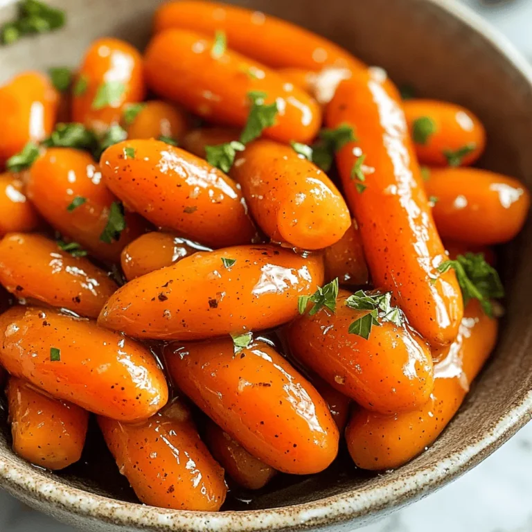 To make your slow cooker maple glazed carrots, you need: - 2 pounds of baby carrots (or chopped regular carrots) - 1/2 cup pure maple syrup - 3 tablespoons unsalted butter, melted - 2 tablespoons brown sugar - 1/2 teaspoon cinnamon - 1/4 teaspoon nutmeg - Salt and pepper to taste - Fresh parsley, chopped (for garnish) Measuring ingredients well makes a big difference. Use a dry measuring cup for brown sugar. Pack it firmly to get the right amount. For the maple syrup, a liquid measuring cup works best. If you use regular carrots, peel them first. Cut them into even pieces. This helps them cook at the same rate. Baby carrots can be rinsed and used right away. You can swap some ingredients if you like. For a lighter version, use coconut oil instead of butter. If you want less sweetness, cut the brown sugar to one tablespoon. You can also try agave syrup in place of maple syrup. If you don’t like nutmeg, use allspice or omit it. Fresh herbs like thyme or dill can give a new flavor twist. Start with fresh carrots. If you choose baby carrots, just rinse them. If you use regular carrots, peel them first. Cut the carrots into pieces that are even in size. This helps them cook at the same rate. Aim for about two inches in length. Place the prepared carrots in your slow cooker. Grab a medium bowl to mix the glaze. Add 1/2 cup of pure maple syrup to the bowl. Pour in 3 tablespoons of melted unsalted butter. Next, add 2 tablespoons of brown sugar. Sprinkle in 1/2 teaspoon of cinnamon and 1/4 teaspoon of nutmeg. Finally, add salt and pepper to taste. Whisk these ingredients together until they blend well. The glaze should be smooth and shiny. Now, pour the maple glaze over the carrots in the slow cooker. Make sure all the carrots get coated. Cover the slow cooker with its lid and set it to low heat. Cook the carrots for 4 to 5 hours. If you want them a bit firmer, cook for 3 to 4 hours. When they are soft, gently stir the carrots in the glaze. Check the flavor and adjust the salt and pepper as needed. These steps will lead you to a sweet and tasty side dish that pairs well with many meals. Enjoy the process and the wonderful aroma that fills your kitchen! To make your carrots pop, focus on the glaze. Use high-quality maple syrup. This adds depth and richness. If you want extra flavor, add a pinch of garlic powder. A splash of orange juice also brightens the dish. It gives a fresh twist. For added texture, finish with a quick broil. This caramelizes the glaze and adds a nice crunch. One common mistake is overcooking the carrots. They should be tender but not mushy. Keep an eye on the cooking time. Another mistake is skipping the seasoning. Salt helps balance the sweetness. Test the flavor before serving. A little extra salt or pepper can make a big difference. These glazed carrots pair well with many dishes. Serve them with roasted chicken or pork for a hearty meal. They also make a great side for holiday dinners. For a fun touch, try serving them in small mason jars. This adds a rustic vibe and makes them easy to share. Don't forget to sprinkle fresh parsley on top for color and flavor! {{image_2}} You can easily change the flavor of your maple glazed carrots. Try adding different spices to the mix. For a warm taste, use ginger. Just a pinch can bring a fresh twist. You can also add cayenne pepper for heat. A small amount will spice things up nicely. If you like a savory note, try adding garlic powder. It pairs well with the sweetness of the maple syrup. Mix and match to find your favorite! Carrots are great, but you can add other veggies too. Sweet potatoes work well. They add a nice texture and flavor. You can also include parsnips for a unique taste. Just cut them into similar sizes as the carrots. This way, they cook evenly. You can even toss in some green beans. They add color and crunch. Use your creativity with whatever veggies you have on hand! These maple glazed carrots can fit many diets. If you're vegan, swap the butter for coconut oil. It adds a nice flavor while keeping it plant-based. For a low-sugar option, use less maple syrup. You can also try sugar-free maple syrup instead. This way, you still get the sweet taste. Gluten-free diets can enjoy this dish too, as all ingredients are gluten-free. Just remember to check your labels. Enjoy a tasty side without worry! After enjoying the slow cooker maple glazed carrots, you may have some left. To store them, let the carrots cool down to room temperature. Next, place them in an airtight container. Store the container in the fridge. These carrots will stay fresh for about 3 to 5 days. When you want to enjoy the leftovers, reheating is simple. You can use the microwave for quick results. Place the carrots in a microwave-safe bowl. Cover the bowl with a lid or a damp paper towel. Heat in short bursts, stirring in between, until warm. If you prefer the stove, heat them in a pan over low heat. Stir gently to avoid sticking. Freezing is a great option if you have lots of leftovers. Start by letting the glazed carrots cool completely. Then, place them in a freezer-safe bag or container. Make sure to remove as much air as possible to prevent freezer burn. You can freeze them for up to 3 months. When you want to eat them, thaw in the fridge overnight before reheating. To thicken the glaze, cook it longer. You can also add a cornstarch slurry. Mix one tablespoon of cornstarch with two tablespoons of cold water. Stir it into the glaze, then cook until thickened. This step helps give your carrots a nice coating. Yes, you can use honey instead of maple syrup. Honey will add a different flavor, but it works well. Both sweeteners create a lovely glaze. Adjust the amount based on your taste preference. Start with the same amount and taste as you go. If you don’t have a slow cooker, you can use a stovetop pot. Combine the carrots and glaze in the pot. Cook on low heat, stirring often. You can also bake them in the oven at 350°F for about 30-40 minutes. Just cover them to keep the moisture in. In this post, we explored how to make maple glazed carrots. We discussed the key ingredients and tips for preparation. You learned step-by-step instructions and helpful tricks to enhance flavor. We also shared variations, storage tips, and answered common questions. Making this dish is simple and fun. Enjoy your tasty carrots and feel proud of your cooking!