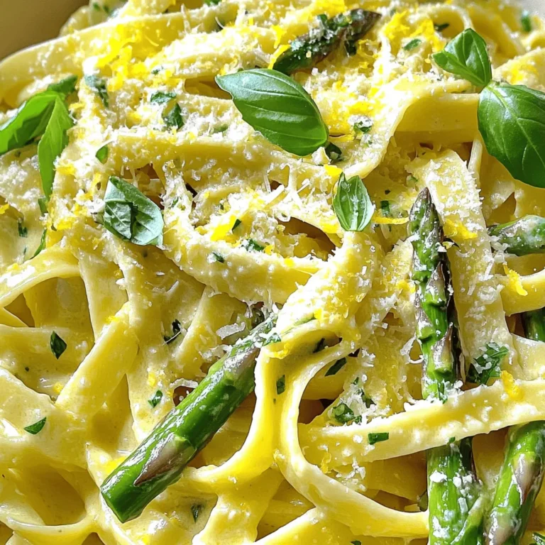 - 12 oz fettuccine or spaghetti - 1 bunch of fresh asparagus, trimmed and cut into 2-inch pieces - 2 tablespoons olive oil - 3 cloves garlic, minced - 1 cup heavy cream - Zest and juice of 1 medium lemon - 1 cup grated Parmesan cheese - Salt and pepper - Fresh basil or parsley - Cooked chicken or shrimp - Red pepper flakes The main ingredients in Creamy Lemon Asparagus Pasta create a fresh and vibrant dish. Fettuccine or spaghetti serves as the base, providing a satisfying texture. Fresh asparagus adds a crisp bite and bright green color. Olive oil and minced garlic bring rich flavors that enhance the dish. Heavy cream creates the silky sauce, while lemon zest and juice add a bright, tangy kick. Grated Parmesan cheese adds depth and creaminess. For seasoning, salt and pepper are essential. Fresh basil or parsley can garnish the dish, adding color and flavor. If you want to boost protein, add cooked chicken or shrimp. Red pepper flakes can bring a touch of heat, making it even more exciting. This combination of ingredients makes the dish delightful and easy to make. You can feel confident in your cooking skills with these simple yet flavorful components. - Boil a large pot of salted water. - Add 12 oz of fettuccine or spaghetti. Cook until al dente. - Reserve 1 cup of pasta water before draining. - Heat 2 tablespoons of olive oil in a large skillet over medium heat. - Add 1 bunch of asparagus, cut into 2-inch pieces. Sauté for 3-4 minutes. - Stir in 3 cloves of minced garlic. Cook for 1 more minute until fragrant. - Lower the heat to medium-low. Add 1 cup of heavy cream to the skillet. - Stir well and let it simmer for 2-3 minutes. - Add the cooked pasta to the skillet with the creamy mixture. - Toss together until the pasta is well coated. - If the sauce is too thick, add reserved pasta water slowly. - Season with salt and pepper to taste. - Serve hot, garnished with fresh basil or parsley. To cook pasta just right, bring a large pot of salted water to a boil. Add your fettuccine or spaghetti. Cook until it's al dente, which means firm to the bite. This usually takes about 8 to 10 minutes, but check the package for exact times. After cooking, remember to reserve about 1 cup of the pasta water. This water helps to adjust the sauce later. To make your sauce thick or thin, you can add some reserved pasta water. Start with a little, about a tablespoon, and mix it in. If you want a smoother sauce, stir it well. You can also use a whisk to break up any clumps. If the sauce seems too thick, just keep adding that pasta water until you get the right texture. For extra flavor, consider adding herbs like fresh basil or parsley. They brighten the dish. You can also sprinkle in some red pepper flakes for a bit of heat. If you want to change the cheese, try using goat cheese or feta for a different taste. These options add a nice twist to your creamy lemon asparagus pasta. {{image_2}} You can add more veggies to this pasta. Cherry tomatoes bring a burst of sweetness. Spinach adds a nice green color and boosts nutrition. Just toss them in with the asparagus. They cook quickly and add great flavor. If you want protein, try adding chicken or shrimp. Cook the chicken in the skillet before adding the asparagus. For shrimp, add them after the asparagus is tender. This makes your meal more filling and balanced. Want a lighter sauce? Use low-fat cream or half-and-half instead of heavy cream. This cuts calories but keeps a creamy texture. For a vegan version, swap heavy cream with coconut milk or a cashew cream blend. You can still enjoy all the flavors without dairy. To store leftovers, place the pasta in an airtight container. Make sure it cools down to room temperature first. Store it in the fridge. It will last for about 3 to 4 days. If you want to keep it longer, consider freezing it. The best way to reheat pasta is on the stovetop. Use a skillet over low heat. Add a splash of water or extra cream to help it heat evenly. Stir often to avoid the sauce separating. You can also microwave it. Use a microwave-safe dish and cover it. Heat it in short bursts, stirring in between. Yes, you can freeze this pasta. Store it in an airtight container or freezer bag. It can last for up to 2 months in the freezer. To thaw, place it in the fridge overnight. For reheating, use the stovetop method or microwave, adding a bit of liquid if needed. Yes, you can make this dish ahead of time. Cook your pasta and sauce as usual. Once you combine them, let it cool. Store in an airtight container in the fridge. When ready to eat, reheat it on the stove. Add a splash of water to keep it creamy. You can use half-and-half or whole milk as a lighter option. Coconut cream works well for a dairy-free choice. You can also try cashew cream for a nut-based alternative. Each will give a different flavor, so choose what you like best. To make this dish gluten-free, use gluten-free pasta. Many brands offer great options that taste good. Make sure to check labels for any hidden gluten in sauces or cheese. This way, you can enjoy the dish without worry. Absolutely! You can increase the zest and juice of the lemon. Add a bit of lemon pepper for a unique twist. For a brighter taste, try adding fresh lemon slices on top when serving. This makes the dish even more zesty and refreshing. This blog post explored a tasty Creamy Lemon Asparagus Pasta recipe. We covered key ingredients like fettuccine, asparagus, and garlic. You learned step-by-step cooking instructions, tips for perfect pasta, and tasty variations. Feel free to adjust flavors or add protein for balance. Remember, enjoy this dish fresh, but leftovers can be stored or frozen easily. Try this recipe today for a delightful meal!
