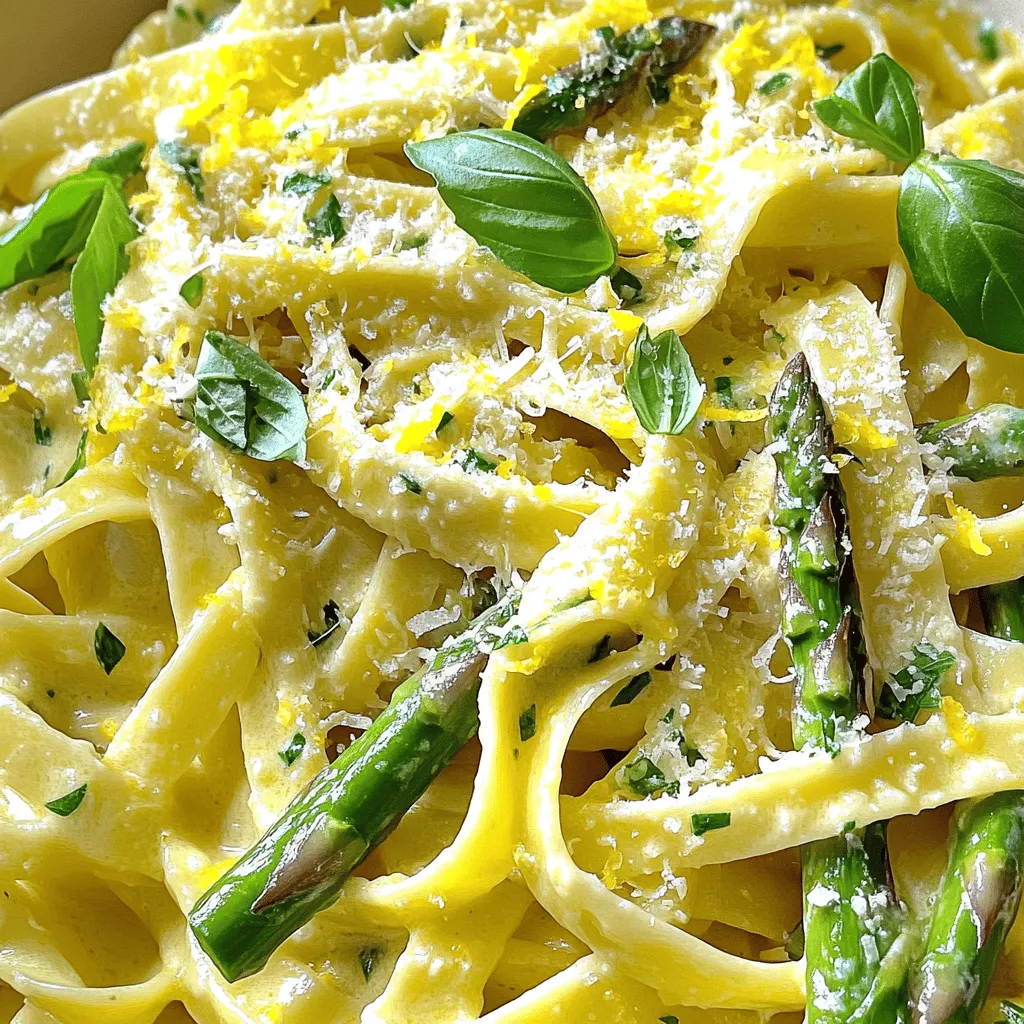 - 12 oz fettuccine or spaghetti - 1 bunch of fresh asparagus, trimmed and cut into 2-inch pieces - 2 tablespoons olive oil - 3 cloves garlic, minced - 1 cup heavy cream - Zest and juice of 1 medium lemon - 1 cup grated Parmesan cheese - Salt and pepper - Fresh basil or parsley - Cooked chicken or shrimp - Red pepper flakes The main ingredients in Creamy Lemon Asparagus Pasta create a fresh and vibrant dish. Fettuccine or spaghetti serves as the base, providing a satisfying texture. Fresh asparagus adds a crisp bite and bright green color. Olive oil and minced garlic bring rich flavors that enhance the dish. Heavy cream creates the silky sauce, while lemon zest and juice add a bright, tangy kick. Grated Parmesan cheese adds depth and creaminess. For seasoning, salt and pepper are essential. Fresh basil or parsley can garnish the dish, adding color and flavor. If you want to boost protein, add cooked chicken or shrimp. Red pepper flakes can bring a touch of heat, making it even more exciting. This combination of ingredients makes the dish delightful and easy to make. You can feel confident in your cooking skills with these simple yet flavorful components. - Boil a large pot of salted water. - Add 12 oz of fettuccine or spaghetti. Cook until al dente. - Reserve 1 cup of pasta water before draining. - Heat 2 tablespoons of olive oil in a large skillet over medium heat. - Add 1 bunch of asparagus, cut into 2-inch pieces. Sauté for 3-4 minutes. - Stir in 3 cloves of minced garlic. Cook for 1 more minute until fragrant. - Lower the heat to medium-low. Add 1 cup of heavy cream to the skillet. - Stir well and let it simmer for 2-3 minutes. - Add the cooked pasta to the skillet with the creamy mixture. - Toss together until the pasta is well coated. - If the sauce is too thick, add reserved pasta water slowly. - Season with salt and pepper to taste. - Serve hot, garnished with fresh basil or parsley. To cook pasta just right, bring a large pot of salted water to a boil. Add your fettuccine or spaghetti. Cook until it's al dente, which means firm to the bite. This usually takes about 8 to 10 minutes, but check the package for exact times. After cooking, remember to reserve about 1 cup of the pasta water. This water helps to adjust the sauce later. To make your sauce thick or thin, you can add some reserved pasta water. Start with a little, about a tablespoon, and mix it in. If you want a smoother sauce, stir it well. You can also use a whisk to break up any clumps. If the sauce seems too thick, just keep adding that pasta water until you get the right texture. For extra flavor, consider adding herbs like fresh basil or parsley. They brighten the dish. You can also sprinkle in some red pepper flakes for a bit of heat. If you want to change the cheese, try using goat cheese or feta for a different taste. These options add a nice twist to your creamy lemon asparagus pasta. {{image_2}} You can add more veggies to this pasta. Cherry tomatoes bring a burst of sweetness. Spinach adds a nice green color and boosts nutrition. Just toss them in with the asparagus. They cook quickly and add great flavor. If you want protein, try adding chicken or shrimp. Cook the chicken in the skillet before adding the asparagus. For shrimp, add them after the asparagus is tender. This makes your meal more filling and balanced. Want a lighter sauce? Use low-fat cream or half-and-half instead of heavy cream. This cuts calories but keeps a creamy texture. For a vegan version, swap heavy cream with coconut milk or a cashew cream blend. You can still enjoy all the flavors without dairy. To store leftovers, place the pasta in an airtight container. Make sure it cools down to room temperature first. Store it in the fridge. It will last for about 3 to 4 days. If you want to keep it longer, consider freezing it. The best way to reheat pasta is on the stovetop. Use a skillet over low heat. Add a splash of water or extra cream to help it heat evenly. Stir often to avoid the sauce separating. You can also microwave it. Use a microwave-safe dish and cover it. Heat it in short bursts, stirring in between. Yes, you can freeze this pasta. Store it in an airtight container or freezer bag. It can last for up to 2 months in the freezer. To thaw, place it in the fridge overnight. For reheating, use the stovetop method or microwave, adding a bit of liquid if needed. Yes, you can make this dish ahead of time. Cook your pasta and sauce as usual. Once you combine them, let it cool. Store in an airtight container in the fridge. When ready to eat, reheat it on the stove. Add a splash of water to keep it creamy. You can use half-and-half or whole milk as a lighter option. Coconut cream works well for a dairy-free choice. You can also try cashew cream for a nut-based alternative. Each will give a different flavor, so choose what you like best. To make this dish gluten-free, use gluten-free pasta. Many brands offer great options that taste good. Make sure to check labels for any hidden gluten in sauces or cheese. This way, you can enjoy the dish without worry. Absolutely! You can increase the zest and juice of the lemon. Add a bit of lemon pepper for a unique twist. For a brighter taste, try adding fresh lemon slices on top when serving. This makes the dish even more zesty and refreshing. This blog post explored a tasty Creamy Lemon Asparagus Pasta recipe. We covered key ingredients like fettuccine, asparagus, and garlic. You learned step-by-step cooking instructions, tips for perfect pasta, and tasty variations. Feel free to adjust flavors or add protein for balance. Remember, enjoy this dish fresh, but leftovers can be stored or frozen easily. Try this recipe today for a delightful meal!
