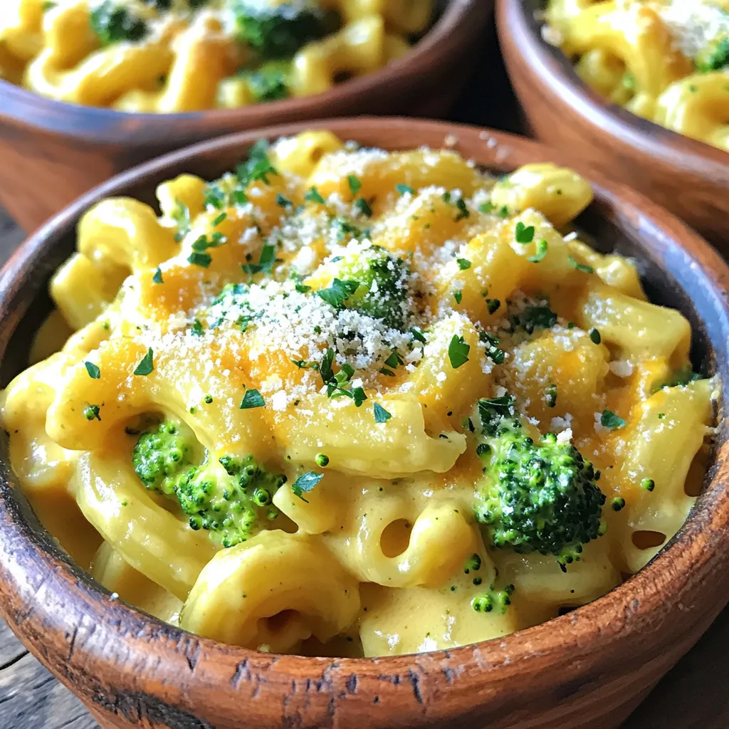 - 2 cups elbow macaroni - 3 cups vegetable broth - 2 cups broccoli florets - 2 cups shredded sharp cheddar cheese - 1 cup cream cheese, softened - 1 teaspoon garlic powder - 1 teaspoon onion powder - ½ teaspoon black pepper - 1 teaspoon salt (or to taste) - ½ cup grated Parmesan cheese - Optional: chopped fresh parsley for garnish When it comes to making Instant Pot creamy broccoli mac and cheese, the right ingredients matter. You start with elbow macaroni, which is perfect for scooping up sauce. Next, you need vegetable broth. It adds flavor and moisture while cooking the pasta. Broccoli florets bring a nice crunch and color. I love the way they contrast with the creamy cheese. Speaking of cheese, shredded sharp cheddar is a must. It melts beautifully and gives that classic mac and cheese taste. Cream cheese adds richness and creaminess. This is key for a thick, smooth sauce. For seasoning, garlic powder and onion powder are great choices. They add depth without being overpowering. Black pepper and salt help bring all the flavors together. Finally, the grated Parmesan cheese adds a touch of nuttiness. If you want to make it look pretty, sprinkle fresh parsley on top. It gives a pop of green and freshness. These ingredients work together to create a dish that is not just good but truly delightful! - Add 2 cups of elbow macaroni and 3 cups of vegetable broth to the Instant Pot. - Stir well to mix the ingredients. - Close the lid and set the valve to sealing. - Select the manual or pressure cook button. - Set the timer for 4 minutes on high pressure. - After 4 minutes, carefully quick-release the pressure. - Open the lid and add 2 cups of broccoli florets. - Mix the broccoli in with the macaroni. - Set the Instant Pot to sauté mode. - Add 2 cups of shredded cheddar cheese and 1 cup of softened cream cheese. - Sprinkle in 1 teaspoon of garlic powder, 1 teaspoon of onion powder, ½ teaspoon of black pepper, and 1 teaspoon of salt. - Stir constantly until the cheeses melt into a creamy sauce. - Once the sauce is creamy, stir in ½ cup of grated Parmesan cheese. - Taste the mac and cheese. Adjust the seasoning if needed. - If it’s too thick, add a splash of vegetable broth. - Serve the mac and cheese hot in bowls. - Add optional garnishes like extra cheese or chopped fresh parsley. How to prevent overcooking pasta To avoid mushy pasta, set the cooking time to just 4 minutes. The pasta will cook more as you mix in the cheese. If you prefer firmer pasta, try reducing the cooking time by one minute. Adjusting the creaminess level If you want a thicker mac and cheese, add more cream cheese or cheddar. For a lighter version, reduce the cheese or add extra broth. Taste your dish and adjust until it’s just right. Adding crushed red pepper for heat If you like spice, add a pinch of crushed red pepper. This adds a nice kick and contrasts delightfully with the creamy cheese. Start with a small amount and taste as you go. Alternative cheese options Feel free to mix different cheeses. Gouda, mozzarella, or even pepper jack can add unique flavors. Use what you have on hand or what you love. Each cheese brings its own twist to this dish. Ideal serving garnishes To make your mac and cheese look great, sprinkle extra cheese on top. Add a little chopped fresh parsley for color and freshness. This small touch makes your dish pop. Bowl presentation for visual appeal Serve the mac and cheese in deep bowls. This helps keep it warm and makes it easier to eat. Layer the broccoli on top to show off the vibrant green color. {{image_2}} You can make this dish fit different diets easily. For gluten-free mac and cheese, swap regular elbow macaroni for gluten-free pasta. There are many brands that offer great options. Just check the package for cooking times, as they may differ. If you want a vegan alternative, use plant-based cheese and cream cheese. Almond milk or cashew cream work well for creaminess. You can add nutritional yeast for a cheesy flavor without dairy. This way, everyone can enjoy a bowl of creamy goodness! Feel free to change up the veggies. You can use peas, spinach, or even cauliflower. Each vegetable brings a new taste and texture. Just make sure to add them at the right time for the best results. Want to switch the cheese? Try mozzarella for a milder flavor or gouda for a smoky touch. Mixing different cheeses can create a unique taste that makes this dish even better! Adding proteins is a great way to boost flavor. You can toss in cooked chicken or crispy bacon. Both add a hearty touch that makes it a full meal. Experiment with herbs and spices. Fresh basil or thyme can elevate the dish. A sprinkle of crushed red pepper adds a nice kick. Try different combos to find your favorite flavor twist! To store leftovers, let the mac and cheese cool first. Then, place it in an airtight container. This keeps it fresh and tasty. Store it in the fridge for up to three days. When you are ready to eat, you want to reheat it gently. Place the mac and cheese in a pot over low heat. Stir often to avoid sticking. If it seems too thick, add a splash of vegetable broth or milk. You can also use the microwave. Heat it in a bowl with a lid, stirring every minute until warm. If you want to freeze the mac and cheese, follow these tips. First, let it cool completely. Then, transfer it to a freezer-safe container. Make sure to leave space at the top for expansion. You can freeze it for up to three months. When you’re ready to eat it, thaw it in the fridge overnight. For quick thawing, place the sealed container in cold water. After thawing, reheat it on the stove or in the microwave. Stir well as you heat to get that creamy texture back. Can I make this recipe without an Instant Pot? You can make this recipe on the stove. Cook pasta in a pot with broth. Add broccoli in the last few minutes. Mix in cheese off heat for a creamy sauce. How long does it take to make Instant Pot Creamy Broccoli Mac and Cheese? It takes about 20 minutes total. This includes 10 minutes of prep and 4 minutes of cooking. The rest is spent mixing in the cheese and broccoli. Can I use frozen broccoli? Yes, you can use frozen broccoli. Just add it to the pot with the pasta. It will cook well in the steam. What's a good substitute for cream cheese? You can use sour cream or Greek yogurt. Both add creaminess and a bit of tang. How to adjust cooking time for different types of pasta? For smaller pasta, reduce the time by one minute. For larger pasta, add one minute. Always refer to the package for guidance. Why is my mac and cheese not creamy? If it’s not creamy, you may need more cheese or liquid. Adding a splash of broth helps. Stir well until smooth and creamy. In this post, we explored a creamy broccoli mac and cheese recipe. We discussed key ingredients, simple steps, and useful tips to perfect it. You learned how to customize dishes for different diets and flavors. Remember, you can store leftovers well and reheat without losing taste. Enjoy experimenting with variations to make this dish your own. With these insights, you can create a comforting meal that impresses everyone.