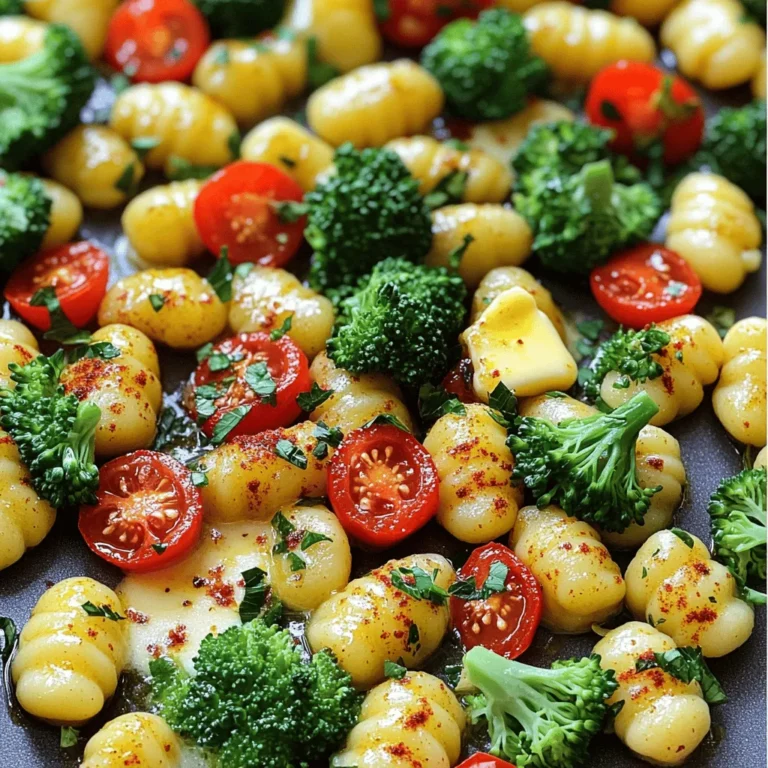 - 1 package (16 oz) gnocchi (store-bought or homemade) - 2 cups broccoli florets - 1 red bell pepper, sliced - 1 cup cherry tomatoes, halved Gnocchi is the star of this dish. You can use store-bought or make it from scratch. I love the chewy texture of gnocchi. It pairs well with fresh veggies. Broccoli adds crunch, while red bell pepper brings sweetness. Cherry tomatoes offer a burst of flavor. - 4 tablespoons unsalted butter, melted - 4 cloves garlic, minced - 1 teaspoon dried oregano - 1 teaspoon paprika - Salt and pepper to taste Butter is essential here. I use unsalted butter for this recipe. It lets me control the salt level. Garlic adds a strong, savory flavor. Oregano and paprika lift the taste. Salt and pepper finish the mix. - Fresh parsley, chopped Fresh parsley brightens the dish. It adds color and a hint of freshness. Just sprinkle it on after baking. It makes your meal look and taste even better. 1. Preheat the oven and prepare the sheet pan. Start by setting your oven to 425°F (220°C). This heat will help the gnocchi and veggies cook well. Line a large sheet pan with parchment paper. This makes cleanup easy. 2. Whisk together garlic butter mixture. In a small bowl, melt 4 tablespoons of unsalted butter. Add in 4 cloves of minced garlic, 1 teaspoon of dried oregano, 1 teaspoon of paprika, salt, and pepper. Mix well. This garlic butter will add great flavor. 1. Combining gnocchi and vegetables. In a big bowl, add 1 package of gnocchi. Then, toss in 2 cups of broccoli florets, 1 sliced red bell pepper, and 1 cup of halved cherry tomatoes. 2. Coating with garlic butter. Pour the garlic butter mixture over the gnocchi and veggies. Toss everything together until it is evenly coated. This helps each piece soak up that tasty butter. 1. Spreading mixture on the sheet pan. Take the coated gnocchi and veggies. Spread them out in a single layer on the prepared sheet pan. Make sure they are not piled on top of each other. 2. Baking time and temperature. Place the sheet pan in the preheated oven. Bake for 20-25 minutes. Stir halfway through to ensure even cooking. Look for golden gnocchi and tender veggies. This is when they are ready! Timing is key when cooking gnocchi and veggies. Bake for 20-25 minutes. Stir halfway through to ensure even cooking. This step keeps everything from burning and helps the flavors meld. Gnocchi should be golden brown, while veggies should be tender and vibrant. To achieve even browning, spread everything in a single layer. If they are too crowded, they might steam instead of roast. This can lead to soggy gnocchi and limp veggies. Feel free to swap out the vegetables based on what you have. Zucchini, asparagus, or carrots work well too. Just remember they should roast for about the same time. Adjust the garlic and herbs to match your tastes. You can add more oregano or use a spicy seasoning for a kick. For plating, use a large, shallow bowl. This allows the colors to pop. Drizzle some extra garlic butter over the top for shine. Finish with a sprinkle of fresh parsley. This adds a fresh touch and bright color. You can also serve with crusty bread for a complete meal. {{image_2}} You can change up the gnocchi in this dish. Pasta or rice works great instead. You can also use gluten-free pasta if needed. For veggies, think about what’s in season. Try zucchini in summer or squash in fall. Want to switch up the taste? Add herbs like basil or thyme for a fresh twist. Spices like red pepper flakes can add heat. You can also add protein to make it heartier. Chicken or shrimp complements the flavors well. To make this dish vegan, swap the butter with olive oil or vegan butter. Use a vegan gnocchi brand to keep it plant-based. For gluten-free options, choose a gluten-free gnocchi or pasta. This way, everyone can enjoy a tasty meal. After baking your Sheet Pan Garlic Butter Gnocchi and Veggies, let it cool down. Cooling helps keep the texture right. Leave it at room temperature for about 20 minutes. This step keeps the steam from making the dish soggy. For storage, use airtight containers. Glass or plastic containers work well. Make sure they are clean and dry. This helps to keep the flavors fresh longer. You can store the dish in the fridge for about 3 to 4 days. Keep it in the airtight container. If you want to enjoy it longer, consider freezing it. When you are ready to eat leftovers, reheating is key. Preheat your oven to 350°F (175°C). This temperature helps keep the gnocchi soft and the veggies tender. Place the gnocchi and veggies on a baking sheet. Heat for about 10 to 15 minutes. Check that they are warm all the way through. You can also add a little more butter or oil to keep it moist. This will help the dish taste just as good as when it was fresh! Can I use homemade gnocchi for this recipe? Yes, you can use homemade gnocchi. It adds a special touch. Just make sure it is cooked properly. Fresh gnocchi will absorb the garlic butter and flavors well. What vegetables can I add or substitute? You can use many veggies! Try zucchini, asparagus, or carrots. Each adds unique flavor and texture. Just cut them into even pieces for even cooking. How do I know when the dish is done baking? Look for a golden-brown color on the gnocchi. The veggies should be tender but not mushy. You can poke a vegetable with a fork to check. Can I prepare this dish ahead of time? Yes, you can prep the gnocchi and veggies. Mix them with the garlic butter and store in the fridge. Bake it fresh right before serving for the best taste. Is it okay to freeze leftovers? Yes, you can freeze leftovers. Just make sure to cool it first. Store in an airtight container. When ready to eat, thaw in the fridge and reheat in the oven. Can I use garlic powder instead of fresh garlic? You can use garlic powder, but fresh garlic gives a better taste. If you use powder, add about half a teaspoon for each clove. What type of butter is best for this recipe? Unsalted butter is best. It allows you to control the salt level. If you like a stronger taste, you can use flavored butter, like herb butter. This recipe brings together gnocchi, fresh veggies, and garlic butter. You can adjust it to fit your taste. Try swapping ingredients or adding different spices to change the flavor. Store any leftovers properly to enjoy later. With these simple steps, you’ll create a dish that’s tasty and fun. Explore the possibilities and make it your own. Cooking can be exciting, so have fun trying new things!