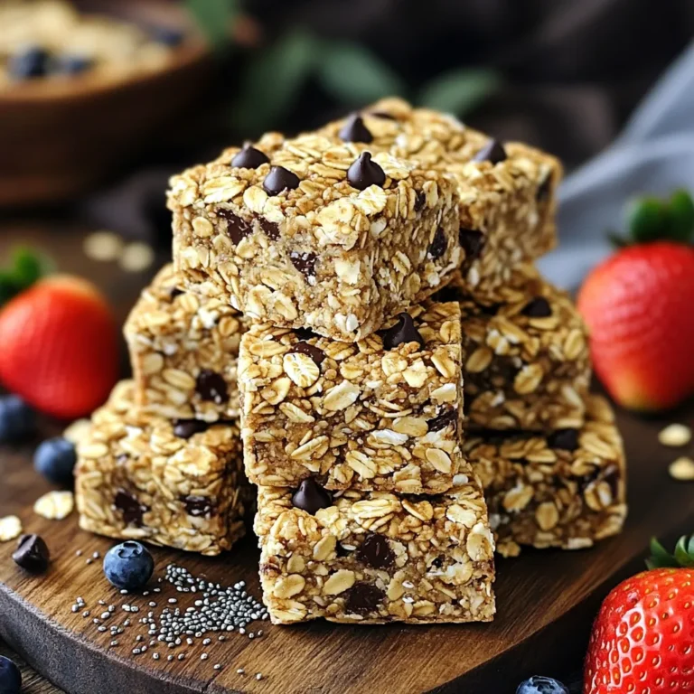 - 2 cups rolled oats - 1 cup almond butter (or any nut butter) - 1/3 cup honey or maple syrup The base of our no-bake squares is rolled oats. They give a chewy texture and a wholesome feel. You can use any nut butter you like, but I often choose almond butter for its rich flavor. For sweetness, I prefer honey, but maple syrup works great too. It all depends on your taste. - 1/2 teaspoon vanilla extract - 1/2 cup mini chocolate chips - 1/4 cup chia seeds - 1/4 cup finely chopped nuts (e.g., almonds or walnuts) Vanilla extract adds a nice touch of flavor. Mini chocolate chips bring sweetness and fun. Chia seeds are a powerhouse of nutrients and add a nice crunch. I love adding chopped nuts like almonds or walnuts for extra texture and taste. - Suggestions for nut substitutions - Optional add-ins for flavor or nutrition (e.g., dried fruits, seeds) You can swap almond butter for peanut butter or sunflower seed butter if you want. Feel free to add dried fruits like cranberries or apricots for more sweetness. You can also toss in seeds like pumpkin or sunflower for added nutrition. Each choice adds a unique twist to your squares. - Mixing dry ingredients: Start by taking a large bowl. Add 2 cups of rolled oats. Then, mix in 1/4 cup of chia seeds and 1/4 cup of finely chopped nuts, like almonds or walnuts. Stir them well to combine. - Combining wet ingredients: In another bowl, mix 1 cup of almond butter, 1/3 cup of honey or maple syrup, and 1/2 teaspoon of vanilla extract. Use a whisk to blend until smooth and creamy. - Coating the oats mixture: Pour the smooth almond butter mix over the dry ingredients. Stir everything together. Make sure all oats and seeds get coated well. Then, gently fold in 1/2 cup of mini chocolate chips. Be careful not to break them. - Lining and filling the baking dish: Take an 8x8 inch baking dish and line it with parchment paper. Leave some paper hanging over the edges. This makes it easier to lift out the squares later. Now, transfer the mixture into the dish. Press it down firmly with a spatula or your hands. You want a compact layer. - Refrigeration process: Place the filled baking dish in the fridge. Let it chill for at least 2 hours. This helps the squares firm up and hold their shape. - How to cut and serve the squares: Once set, lift the mixture out using the parchment paper. Place it on a cutting board. Use a sharp knife to cut it into squares or bars. Serve them as a snack or dessert. Store any extras in an airtight container in the fridge for up to a week. You can switch sweeteners based on your taste. If you want a lower-glycemic option, use agave syrup instead of honey or maple syrup. This keeps the sweetness without spiking your blood sugar. When it comes to nut butters, almond butter works great, but feel free to use peanut or cashew butter too. Each nut butter brings its own unique flavor. If you have nut allergies, try sunflower seed butter for a nut-free choice. To make the squares firm, press the mixture down hard in the pan. This helps them hold their shape. Refrigerating them for longer than two hours can also help. They should be cold and firm when you cut them. If your squares turn out crumbly, it may be due to not enough binding. Ensure you use enough nut butter and sweetener. Mixing well helps coat all ingredients and keeps them together. These granola squares pair well with fresh fruit like sliced bananas or berries. You can serve them on a platter with yogurt for dipping. For gatherings, arrange the squares neatly on a colorful plate. Adding a sprinkle of nuts or a drizzle of honey on top makes them look even more inviting. {{image_2}} You can change the taste of these granola squares with spices. Try adding cinnamon for warmth or cocoa powder for deep chocolate flavor. Both spices mix well with the oats. You can also switch up the chocolate by using dark, milk, or even white chocolate chips. Each choice brings a new twist to the recipe. For a gluten-free treat, choose certified gluten-free oats. This ensures you avoid gluten while still enjoying a yummy snack. If you have nut allergies, no worries! You can use sun butter or soy nut butter instead of almond butter. This keeps the squares safe for everyone. Want to make your granola squares even better? Add fruits like dried cranberries or chopped dates for sweetness. You can also toss in seeds such as pumpkin or sunflower seeds for crunch. For an energy boost, mix in protein powder. It adds nutrition without changing the taste much. Get creative with your mix-ins! To keep your granola squares fresh, store them in the fridge. Use an airtight container to seal in moisture and flavor. A glass container works best, but any food-safe plastic container will do. Make sure to place parchment paper between layers if you stack them. This prevents them from sticking together. You can freeze the granola squares for long-term storage. Wrap each square in plastic wrap, then place them in a freezer bag. This protects them from freezer burn. To thaw, simply take out the squares and let them sit at room temperature for about 30 minutes. Enjoy them as a quick snack or breakfast! These granola squares last about a week in the fridge. Check for freshness by looking for any off smells or changes in texture. Signs of spoilage include a change in color or a hard texture. If you notice any of these signs, it’s best to toss them out. Keeping an eye on your snacks ensures every bite is tasty! Yes, you can make these granola squares ahead of time. The best part is that they store well. I recommend keeping them in the fridge for up to a week. This way, you always have a tasty snack ready to go. Just remember to place them in an airtight container to keep them fresh. If you need a nut-free option, sunflower seed butter works great. You can also use soy nut butter or pumpkin seed butter. These options keep the recipe safe for those with nut allergies while still adding creaminess and flavor. Just make sure to check for any allergies in your group before you choose. To cut the squares evenly, first remove them from the dish using the parchment paper. Use a sharp knife for clean cuts. If you want neat edges, try warming the knife slightly. This method helps the knife glide through the squares. You can also score the top lightly with the knife before cutting all the way through. This way, you guide your cuts and keep them straight. In this article, we explored the ingredients needed for no-bake chocolate chip granola squares, including oats, nut butter, and sweeteners. Then, we walked through the steps to prepare, assemble, and serve your tasty treats. I shared tips to adjust flavors and textures, along with variations to fit any diet. Remember, these squares are easy to store for later use. Enjoy your delicious creations knowing they are simple, healthy, and fun to make!