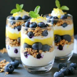 - 2 cups Greek yogurt (plain or vanilla) - 1 cup fresh blueberries - 1 lemon (juice and zest) - 2 tablespoons honey or maple syrup - 1 cup granola (your choice) - Fresh mint leaves for garnish (optional) - Greek yogurt: Use 2 cups. This gives a creamy base. - Blueberries: You need 1 cup. Fresh ones add great flavor. - Lemon: One lemon provides juice and zest. This adds brightness. - Honey or maple syrup: Just 2 tablespoons sweetens the yogurt. - Granola: One cup gives a crunchy layer. Choose your favorite kind. - Mint leaves: Use these as a garnish if desired. They add color. - You can add other fruits like strawberries or bananas. - Nut butter can give extra creaminess and flavor. - Use flavored yogurt instead of plain for a twist. - Consider coconut flakes for a tropical touch. - Chia seeds can offer added nutrients and texture. Start by mixing the Greek yogurt in a bowl. Add the zest of one lemon for a bright flavor. Next, squeeze in the juice from that lemon. This adds tartness and freshness. Sweeten your yogurt with honey or maple syrup. Stir everything together until it is smooth and creamy. This lemon yogurt is a key part of your parfait. Take clear glasses or jars for a beautiful view of your layers. Begin with about 2-3 tablespoons of the lemon yogurt at the bottom. This gives a nice base. Next, add a layer of fresh blueberries on top. Use about 2-3 tablespoons for each layer. Then, sprinkle about 2 tablespoons of granola over the blueberries. This adds a nice crunch. Repeat the layers, ending with lemon yogurt, blueberries, and granola on top. Garnish your parfaits with a fresh mint leaf for a pop of color. This small touch makes your dish look even better. Chill the parfaits in the fridge for at least 30 minutes. This helps the flavors blend together. Serve in clear glasses to show off the pretty layers. You can even add a lemon wedge or an extra blueberry on the rim for a fun touch. Enjoy your delicious and refreshing treat! To make the yogurt mixture smooth, use thick Greek yogurt. I like to mix in lemon juice and zest for a fresh flavor. This gives the yogurt a bright taste. Sweeten it with honey or maple syrup. Adjust the sweetness to your liking. Taste as you go. The goal is creamy and delicious yogurt. For the best look, use clear glasses or jars. Start with 2-3 tablespoons of yogurt at the bottom. This creates a nice base. Next, add 2-3 tablespoons of fresh blueberries. Then sprinkle about 2 tablespoons of granola for crunch. Repeat these layers until the glass is full. Finish with a dollop of yogurt, a few blueberries, and some granola on top. This makes each parfait look stunning. To impress your guests, garnish with a sprig of fresh mint. Add a lemon wedge or a blueberry on the rim for flair. Chill your parfaits for at least 30 minutes before serving. This helps the flavors blend. Serving in clear glasses shows off the layers, making it a feast for the eyes. {{image_2}} You can make this parfait even healthier. Try using sugar substitutes like stevia or monk fruit. These keep sweetness without extra calories. If you need a gluten-free option, use gluten-free granola. It tastes great and keeps the parfait crunchy. Want to change up the flavor? Add different fruits like raspberries, strawberries, or peaches. Each fruit brings its own taste and color. You can also mix in a splash of vanilla extract for a deeper flavor. This simple twist makes it fun and fresh. Seasonal fruits add a fun touch. In summer, use fresh peaches or cherries. In fall, try apples or pears. Each season brings new flavors. You can also switch the lemon for lime or orange for a different zing. This keeps your parfait exciting all year round. To store your parfaits, cover them tightly with plastic wrap or a lid. Keep them in the fridge. This will help keep them fresh and tasty. If you made them in clear jars, they look nice too! These parfaits last up to two days in the fridge. After that, the granola may get soggy. For best taste, eat them within this time. The fruit and yogurt stay fresh, but the texture changes over time. You don’t need to heat these parfaits. They taste best cold. If you notice the granola is soft, add a little more right before serving. This way, you keep that crunchy texture. Enjoy your parfaits chilled for the best flavor! Yes, you can use frozen blueberries. They work well in parfaits. Just remember to thaw them first. This helps keep the yogurt from getting too watery. Frozen blueberries may not be as firm as fresh ones. But they still add great flavor and color. To make this parfait dairy-free, swap Greek yogurt for a plant-based yogurt. You can use almond, coconut, or soy yogurt. These options provide a creamy texture. They also blend well with lemon juice and zest. Just make sure the plant-based yogurt is unsweetened. This keeps the parfait from becoming too sweet. You can sweeten the yogurt with honey or maple syrup. Both options add a nice flavor. Start with two tablespoons and taste. If you want it sweeter, add a bit more. For a sugar-free option, try agave syrup or a sugar substitute. In this article, we explored how to make tasty blueberry lemon yogurt parfaits. We went through the key ingredients, from the yogurt to the layers of fruit. I shared step-by-step tips for building the parfait and making it look great. You learned tricks for the best taste and texture, as well as fun variations. Remember to store your parfaits well to keep them fresh. Enjoy creating your own parfaits with these easy steps!