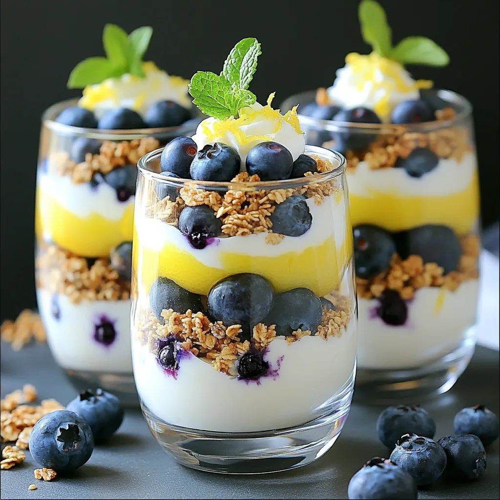 - 2 cups Greek yogurt (plain or vanilla) - 1 cup fresh blueberries - 1 lemon (juice and zest) - 2 tablespoons honey or maple syrup - 1 cup granola (your choice) - Fresh mint leaves for garnish (optional) - Greek yogurt: Use 2 cups. This gives a creamy base. - Blueberries: You need 1 cup. Fresh ones add great flavor. - Lemon: One lemon provides juice and zest. This adds brightness. - Honey or maple syrup: Just 2 tablespoons sweetens the yogurt. - Granola: One cup gives a crunchy layer. Choose your favorite kind. - Mint leaves: Use these as a garnish if desired. They add color. - You can add other fruits like strawberries or bananas. - Nut butter can give extra creaminess and flavor. - Use flavored yogurt instead of plain for a twist. - Consider coconut flakes for a tropical touch. - Chia seeds can offer added nutrients and texture. Start by mixing the Greek yogurt in a bowl. Add the zest of one lemon for a bright flavor. Next, squeeze in the juice from that lemon. This adds tartness and freshness. Sweeten your yogurt with honey or maple syrup. Stir everything together until it is smooth and creamy. This lemon yogurt is a key part of your parfait. Take clear glasses or jars for a beautiful view of your layers. Begin with about 2-3 tablespoons of the lemon yogurt at the bottom. This gives a nice base. Next, add a layer of fresh blueberries on top. Use about 2-3 tablespoons for each layer. Then, sprinkle about 2 tablespoons of granola over the blueberries. This adds a nice crunch. Repeat the layers, ending with lemon yogurt, blueberries, and granola on top. Garnish your parfaits with a fresh mint leaf for a pop of color. This small touch makes your dish look even better. Chill the parfaits in the fridge for at least 30 minutes. This helps the flavors blend together. Serve in clear glasses to show off the pretty layers. You can even add a lemon wedge or an extra blueberry on the rim for a fun touch. Enjoy your delicious and refreshing treat! To make the yogurt mixture smooth, use thick Greek yogurt. I like to mix in lemon juice and zest for a fresh flavor. This gives the yogurt a bright taste. Sweeten it with honey or maple syrup. Adjust the sweetness to your liking. Taste as you go. The goal is creamy and delicious yogurt. For the best look, use clear glasses or jars. Start with 2-3 tablespoons of yogurt at the bottom. This creates a nice base. Next, add 2-3 tablespoons of fresh blueberries. Then sprinkle about 2 tablespoons of granola for crunch. Repeat these layers until the glass is full. Finish with a dollop of yogurt, a few blueberries, and some granola on top. This makes each parfait look stunning. To impress your guests, garnish with a sprig of fresh mint. Add a lemon wedge or a blueberry on the rim for flair. Chill your parfaits for at least 30 minutes before serving. This helps the flavors blend. Serving in clear glasses shows off the layers, making it a feast for the eyes. {{image_2}} You can make this parfait even healthier. Try using sugar substitutes like stevia or monk fruit. These keep sweetness without extra calories. If you need a gluten-free option, use gluten-free granola. It tastes great and keeps the parfait crunchy. Want to change up the flavor? Add different fruits like raspberries, strawberries, or peaches. Each fruit brings its own taste and color. You can also mix in a splash of vanilla extract for a deeper flavor. This simple twist makes it fun and fresh. Seasonal fruits add a fun touch. In summer, use fresh peaches or cherries. In fall, try apples or pears. Each season brings new flavors. You can also switch the lemon for lime or orange for a different zing. This keeps your parfait exciting all year round. To store your parfaits, cover them tightly with plastic wrap or a lid. Keep them in the fridge. This will help keep them fresh and tasty. If you made them in clear jars, they look nice too! These parfaits last up to two days in the fridge. After that, the granola may get soggy. For best taste, eat them within this time. The fruit and yogurt stay fresh, but the texture changes over time. You don’t need to heat these parfaits. They taste best cold. If you notice the granola is soft, add a little more right before serving. This way, you keep that crunchy texture. Enjoy your parfaits chilled for the best flavor! Yes, you can use frozen blueberries. They work well in parfaits. Just remember to thaw them first. This helps keep the yogurt from getting too watery. Frozen blueberries may not be as firm as fresh ones. But they still add great flavor and color. To make this parfait dairy-free, swap Greek yogurt for a plant-based yogurt. You can use almond, coconut, or soy yogurt. These options provide a creamy texture. They also blend well with lemon juice and zest. Just make sure the plant-based yogurt is unsweetened. This keeps the parfait from becoming too sweet. You can sweeten the yogurt with honey or maple syrup. Both options add a nice flavor. Start with two tablespoons and taste. If you want it sweeter, add a bit more. For a sugar-free option, try agave syrup or a sugar substitute. In this article, we explored how to make tasty blueberry lemon yogurt parfaits. We went through the key ingredients, from the yogurt to the layers of fruit. I shared step-by-step tips for building the parfait and making it look great. You learned tricks for the best taste and texture, as well as fun variations. Remember to store your parfaits well to keep them fresh. Enjoy creating your own parfaits with these easy steps!