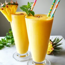 - 1 ripe mango, peeled and diced - 1 cup fresh pineapple chunks - 1 banana, sliced - 1 cup coconut milk (or almond milk) - ½ cup Greek yogurt (or dairy-free yogurt) - 1 tablespoon honey or agave syrup (optional) - A handful of fresh mint leaves for garnish The main ingredients create a tasty and vibrant mix. The ripe mango adds sweetness and a creamy texture. Pineapple gives a tangy kick that brightens the flavor. Banana enhances the smoothie’s smoothness. Coconut milk adds a rich, tropical feel. Greek yogurt thickens the drink and adds protein. Honey or agave syrup sweetens it if needed. - Additional fruits for variations - Superfoods such as chia seeds or protein powder You can add more fruits like berries or peaches for extra flavor. Superfoods like chia seeds boost nutrition and texture. Protein powder makes it a filling snack or meal. - Blender - Measuring cups and spoons - Serving glasses To make this smoothie, you need a blender to mix everything together. Measuring cups and spoons ensure you add the right amounts. Serving glasses let you enjoy your creation. This combination of ingredients and tools makes your Mango Pineapple Smoothie bright, tasty, and very easy to prepare! - Peel and dice the mango. Use a sharp knife for safe cutting. - Slice the banana into thick pieces. This helps with blending. - Measure out one cup of fresh pineapple chunks. Fresh fruit gives the best taste. - Combine all main ingredients in the blender. Add the mango, pineapple, banana, coconut milk, and Greek yogurt. - If you want a sweeter smoothie, add honey or agave syrup. Start with one tablespoon. - Blend until smooth and creamy. Stop and scrape down the sides if needed. - Taste the smoothie. If it is too thick, add more coconut milk. Adjust sweetness with more honey if desired. - Pour the smoothie into tall serving glasses. Use chilled glasses for a refreshing feel. - Garnish each glass with fresh mint leaves. This adds a nice aroma and color. To get the best smoothie, you want a creamy, smooth texture. Start with your liquid first. Pour in the coconut milk or almond milk. Then add softer fruits like banana and mango. Lastly, add the pineapple chunks. If your blender struggles, cut the fruits smaller. Blend in short bursts. This helps mix everything well without overheating the motor. You can adjust sweetness with natural sweeteners. Honey and agave syrup are great. If you want less sugar, try using ripe fruits. They add natural sweetness. Taste your smoothie before serving. If it’s not sweet enough, add a little more honey or syrup. Mix again until you reach your desired flavor. For a tropical vibe, serve your smoothie in chilled glasses. A slice of pineapple or mango on the rim adds a nice touch. Use colorful straws to brighten up the drink. You can also sprinkle some mint leaves on top. This gives a fresh look and aroma, making your smoothie even more inviting. {{image_2}} You can easily change the flavor of your mango pineapple smoothie. Adding berries like strawberries or blueberries makes it even more vibrant. Try mixing in other tropical fruits like papaya or kiwi for a fun twist. Each fruit adds its own taste, creating a unique experience every time. You can also blend in a handful of spinach for a healthy boost. Spinach works well and keeps the smoothie bright and colorful. If you want a dairy-free option, use almond milk instead of coconut milk. You can swap Greek yogurt with dairy-free yogurt too. For a low-calorie smoothie, skip the honey or agave syrup. If you aim for more protein, add a scoop of protein powder. This keeps the smoothie filling and nutritious. These options help fit various diets while keeping the taste delicious. Using seasonal fruits can enhance the freshness of your smoothie. In summer, you might find juicy peaches or ripe cherries. In winter, try using frozen fruits like mango or pineapple. Frozen fruits work great and keep your smoothie icy cold. Just toss them in the blender with your other ingredients. This way, you can enjoy a refreshing treat all year round. To keep your leftover smoothie fresh, store it in a sealed container. Glass jars work best. Fill the jar to the top to limit air. Place it in the fridge right away. This helps maintain flavor and texture. For longer storage, pour the smoothie into ice cube trays. Once frozen, transfer the cubes to a freezer bag. This lets you enjoy it later. Your smoothie stays fresh for about 1-2 days in the fridge. After that, it may lose flavor and texture. Look for changes in color or smell. If the smoothie smells sour or looks off, it’s best to toss it. To revive your stored smoothie, simply re-blend it. Add a splash of coconut milk to help. This adds creaminess back to the mix. If it needs more flavor, throw in a few fresh fruits or honey. Blend until smooth again. Enjoy your refreshed drink! You can use dairy-free yogurt if you want a vegan option. Silken tofu also works well. It adds creaminess without dairy. If you want less fat, use regular yogurt. Yes, you can make this smoothie ahead. Just blend it and store it in the fridge. It tastes best within a day. Give it a quick stir before drinking. Mango and pineapple are rich in vitamins. Mango has vitamin C and A, which boost immunity. Pineapple helps digestion and is anti-inflammatory. Both fruits are full of antioxidants. You can make a smoothie without a blender, but it will take more work. Use a fork to mash the fruits in a bowl. Then, stir in the liquids until combined. Yes, adding protein powder is a great idea. It boosts the smoothie’s protein content. Mix it in with the other ingredients before blending. Choose any flavor you like to enhance the taste. This smoothie recipe is easy and fun. You learned what ingredients you need and how to blend them. You can adjust sweetness and try different fruits. Don’t forget to store your leftovers properly! With these tips, you can enjoy delicious smoothies every day. Experiment with flavors and make it your own. Happy blending!