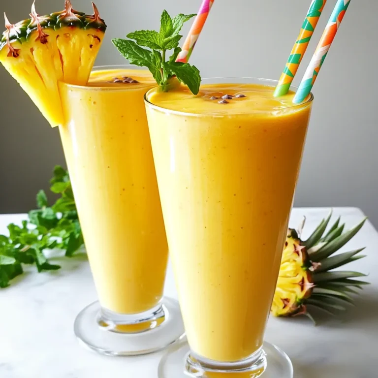 - 1 ripe mango, peeled and diced - 1 cup fresh pineapple chunks - 1 banana, sliced - 1 cup coconut milk (or almond milk) - ½ cup Greek yogurt (or dairy-free yogurt) - 1 tablespoon honey or agave syrup (optional) - A handful of fresh mint leaves for garnish The main ingredients create a tasty and vibrant mix. The ripe mango adds sweetness and a creamy texture. Pineapple gives a tangy kick that brightens the flavor. Banana enhances the smoothie’s smoothness. Coconut milk adds a rich, tropical feel. Greek yogurt thickens the drink and adds protein. Honey or agave syrup sweetens it if needed. - Additional fruits for variations - Superfoods such as chia seeds or protein powder You can add more fruits like berries or peaches for extra flavor. Superfoods like chia seeds boost nutrition and texture. Protein powder makes it a filling snack or meal. - Blender - Measuring cups and spoons - Serving glasses To make this smoothie, you need a blender to mix everything together. Measuring cups and spoons ensure you add the right amounts. Serving glasses let you enjoy your creation. This combination of ingredients and tools makes your Mango Pineapple Smoothie bright, tasty, and very easy to prepare! - Peel and dice the mango. Use a sharp knife for safe cutting. - Slice the banana into thick pieces. This helps with blending. - Measure out one cup of fresh pineapple chunks. Fresh fruit gives the best taste. - Combine all main ingredients in the blender. Add the mango, pineapple, banana, coconut milk, and Greek yogurt. - If you want a sweeter smoothie, add honey or agave syrup. Start with one tablespoon. - Blend until smooth and creamy. Stop and scrape down the sides if needed. - Taste the smoothie. If it is too thick, add more coconut milk. Adjust sweetness with more honey if desired. - Pour the smoothie into tall serving glasses. Use chilled glasses for a refreshing feel. - Garnish each glass with fresh mint leaves. This adds a nice aroma and color. To get the best smoothie, you want a creamy, smooth texture. Start with your liquid first. Pour in the coconut milk or almond milk. Then add softer fruits like banana and mango. Lastly, add the pineapple chunks. If your blender struggles, cut the fruits smaller. Blend in short bursts. This helps mix everything well without overheating the motor. You can adjust sweetness with natural sweeteners. Honey and agave syrup are great. If you want less sugar, try using ripe fruits. They add natural sweetness. Taste your smoothie before serving. If it’s not sweet enough, add a little more honey or syrup. Mix again until you reach your desired flavor. For a tropical vibe, serve your smoothie in chilled glasses. A slice of pineapple or mango on the rim adds a nice touch. Use colorful straws to brighten up the drink. You can also sprinkle some mint leaves on top. This gives a fresh look and aroma, making your smoothie even more inviting. {{image_2}} You can easily change the flavor of your mango pineapple smoothie. Adding berries like strawberries or blueberries makes it even more vibrant. Try mixing in other tropical fruits like papaya or kiwi for a fun twist. Each fruit adds its own taste, creating a unique experience every time. You can also blend in a handful of spinach for a healthy boost. Spinach works well and keeps the smoothie bright and colorful. If you want a dairy-free option, use almond milk instead of coconut milk. You can swap Greek yogurt with dairy-free yogurt too. For a low-calorie smoothie, skip the honey or agave syrup. If you aim for more protein, add a scoop of protein powder. This keeps the smoothie filling and nutritious. These options help fit various diets while keeping the taste delicious. Using seasonal fruits can enhance the freshness of your smoothie. In summer, you might find juicy peaches or ripe cherries. In winter, try using frozen fruits like mango or pineapple. Frozen fruits work great and keep your smoothie icy cold. Just toss them in the blender with your other ingredients. This way, you can enjoy a refreshing treat all year round. To keep your leftover smoothie fresh, store it in a sealed container. Glass jars work best. Fill the jar to the top to limit air. Place it in the fridge right away. This helps maintain flavor and texture. For longer storage, pour the smoothie into ice cube trays. Once frozen, transfer the cubes to a freezer bag. This lets you enjoy it later. Your smoothie stays fresh for about 1-2 days in the fridge. After that, it may lose flavor and texture. Look for changes in color or smell. If the smoothie smells sour or looks off, it’s best to toss it. To revive your stored smoothie, simply re-blend it. Add a splash of coconut milk to help. This adds creaminess back to the mix. If it needs more flavor, throw in a few fresh fruits or honey. Blend until smooth again. Enjoy your refreshed drink! You can use dairy-free yogurt if you want a vegan option. Silken tofu also works well. It adds creaminess without dairy. If you want less fat, use regular yogurt. Yes, you can make this smoothie ahead. Just blend it and store it in the fridge. It tastes best within a day. Give it a quick stir before drinking. Mango and pineapple are rich in vitamins. Mango has vitamin C and A, which boost immunity. Pineapple helps digestion and is anti-inflammatory. Both fruits are full of antioxidants. You can make a smoothie without a blender, but it will take more work. Use a fork to mash the fruits in a bowl. Then, stir in the liquids until combined. Yes, adding protein powder is a great idea. It boosts the smoothie’s protein content. Mix it in with the other ingredients before blending. Choose any flavor you like to enhance the taste. This smoothie recipe is easy and fun. You learned what ingredients you need and how to blend them. You can adjust sweetness and try different fruits. Don’t forget to store your leftovers properly! With these tips, you can enjoy delicious smoothies every day. Experiment with flavors and make it your own. Happy blending!
