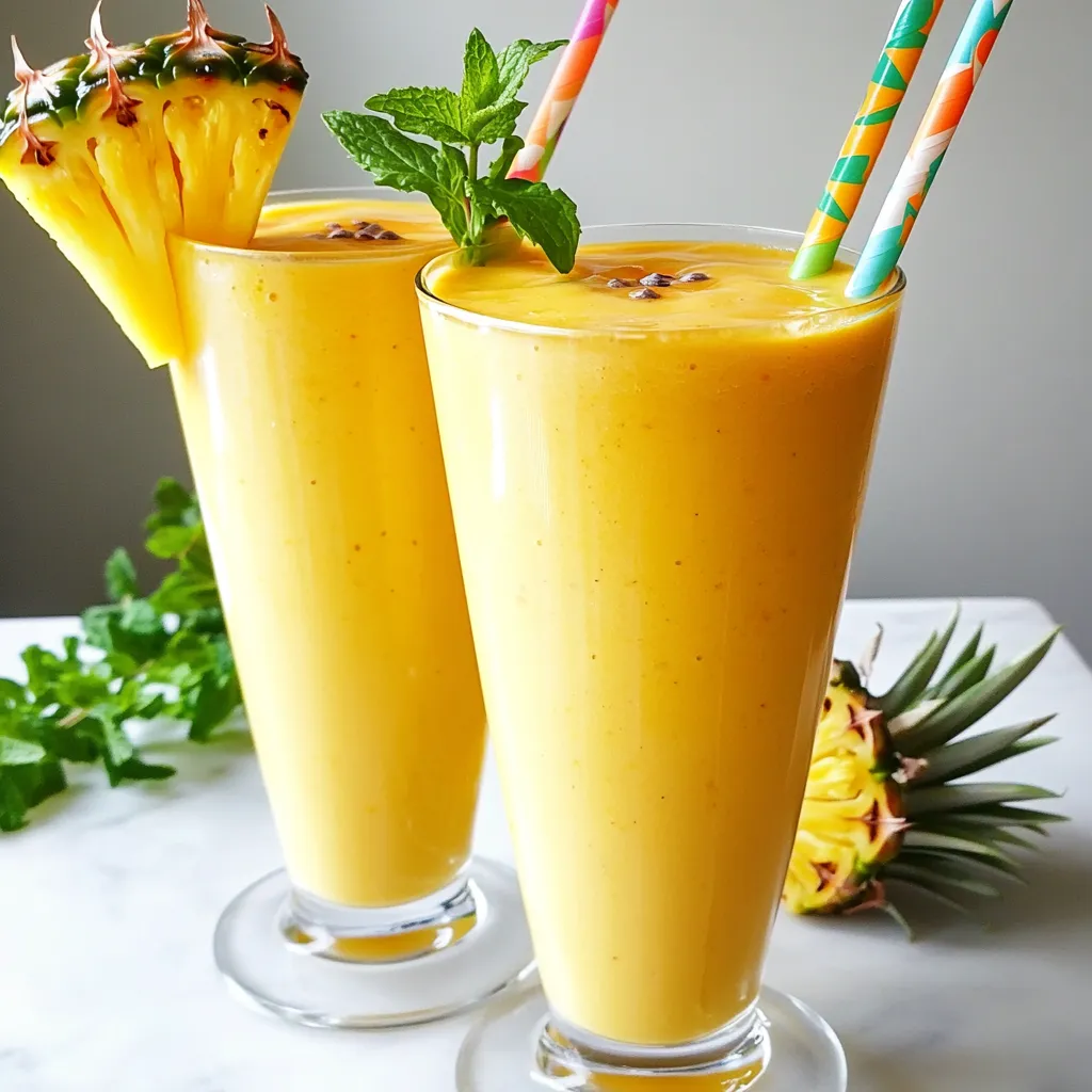 - 1 ripe mango, peeled and diced - 1 cup fresh pineapple chunks - 1 banana, sliced - 1 cup coconut milk (or almond milk) - ½ cup Greek yogurt (or dairy-free yogurt) - 1 tablespoon honey or agave syrup (optional) - A handful of fresh mint leaves for garnish The main ingredients create a tasty and vibrant mix. The ripe mango adds sweetness and a creamy texture. Pineapple gives a tangy kick that brightens the flavor. Banana enhances the smoothie’s smoothness. Coconut milk adds a rich, tropical feel. Greek yogurt thickens the drink and adds protein. Honey or agave syrup sweetens it if needed. - Additional fruits for variations - Superfoods such as chia seeds or protein powder You can add more fruits like berries or peaches for extra flavor. Superfoods like chia seeds boost nutrition and texture. Protein powder makes it a filling snack or meal. - Blender - Measuring cups and spoons - Serving glasses To make this smoothie, you need a blender to mix everything together. Measuring cups and spoons ensure you add the right amounts. Serving glasses let you enjoy your creation. This combination of ingredients and tools makes your Mango Pineapple Smoothie bright, tasty, and very easy to prepare! - Peel and dice the mango. Use a sharp knife for safe cutting. - Slice the banana into thick pieces. This helps with blending. - Measure out one cup of fresh pineapple chunks. Fresh fruit gives the best taste. - Combine all main ingredients in the blender. Add the mango, pineapple, banana, coconut milk, and Greek yogurt. - If you want a sweeter smoothie, add honey or agave syrup. Start with one tablespoon. - Blend until smooth and creamy. Stop and scrape down the sides if needed. - Taste the smoothie. If it is too thick, add more coconut milk. Adjust sweetness with more honey if desired. - Pour the smoothie into tall serving glasses. Use chilled glasses for a refreshing feel. - Garnish each glass with fresh mint leaves. This adds a nice aroma and color. To get the best smoothie, you want a creamy, smooth texture. Start with your liquid first. Pour in the coconut milk or almond milk. Then add softer fruits like banana and mango. Lastly, add the pineapple chunks. If your blender struggles, cut the fruits smaller. Blend in short bursts. This helps mix everything well without overheating the motor. You can adjust sweetness with natural sweeteners. Honey and agave syrup are great. If you want less sugar, try using ripe fruits. They add natural sweetness. Taste your smoothie before serving. If it’s not sweet enough, add a little more honey or syrup. Mix again until you reach your desired flavor. For a tropical vibe, serve your smoothie in chilled glasses. A slice of pineapple or mango on the rim adds a nice touch. Use colorful straws to brighten up the drink. You can also sprinkle some mint leaves on top. This gives a fresh look and aroma, making your smoothie even more inviting. {{image_2}} You can easily change the flavor of your mango pineapple smoothie. Adding berries like strawberries or blueberries makes it even more vibrant. Try mixing in other tropical fruits like papaya or kiwi for a fun twist. Each fruit adds its own taste, creating a unique experience every time. You can also blend in a handful of spinach for a healthy boost. Spinach works well and keeps the smoothie bright and colorful. If you want a dairy-free option, use almond milk instead of coconut milk. You can swap Greek yogurt with dairy-free yogurt too. For a low-calorie smoothie, skip the honey or agave syrup. If you aim for more protein, add a scoop of protein powder. This keeps the smoothie filling and nutritious. These options help fit various diets while keeping the taste delicious. Using seasonal fruits can enhance the freshness of your smoothie. In summer, you might find juicy peaches or ripe cherries. In winter, try using frozen fruits like mango or pineapple. Frozen fruits work great and keep your smoothie icy cold. Just toss them in the blender with your other ingredients. This way, you can enjoy a refreshing treat all year round. To keep your leftover smoothie fresh, store it in a sealed container. Glass jars work best. Fill the jar to the top to limit air. Place it in the fridge right away. This helps maintain flavor and texture. For longer storage, pour the smoothie into ice cube trays. Once frozen, transfer the cubes to a freezer bag. This lets you enjoy it later. Your smoothie stays fresh for about 1-2 days in the fridge. After that, it may lose flavor and texture. Look for changes in color or smell. If the smoothie smells sour or looks off, it’s best to toss it. To revive your stored smoothie, simply re-blend it. Add a splash of coconut milk to help. This adds creaminess back to the mix. If it needs more flavor, throw in a few fresh fruits or honey. Blend until smooth again. Enjoy your refreshed drink! You can use dairy-free yogurt if you want a vegan option. Silken tofu also works well. It adds creaminess without dairy. If you want less fat, use regular yogurt. Yes, you can make this smoothie ahead. Just blend it and store it in the fridge. It tastes best within a day. Give it a quick stir before drinking. Mango and pineapple are rich in vitamins. Mango has vitamin C and A, which boost immunity. Pineapple helps digestion and is anti-inflammatory. Both fruits are full of antioxidants. You can make a smoothie without a blender, but it will take more work. Use a fork to mash the fruits in a bowl. Then, stir in the liquids until combined. Yes, adding protein powder is a great idea. It boosts the smoothie’s protein content. Mix it in with the other ingredients before blending. Choose any flavor you like to enhance the taste. This smoothie recipe is easy and fun. You learned what ingredients you need and how to blend them. You can adjust sweetness and try different fruits. Don’t forget to store your leftovers properly! With these tips, you can enjoy delicious smoothies every day. Experiment with flavors and make it your own. Happy blending!