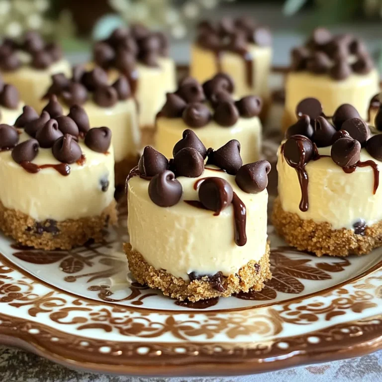 - 1 cup cream cheese, softened - 1/2 cup powdered sugar - 1 teaspoon vanilla extract - 1/2 cup mini chocolate chips - 1 cup graham cracker crumbs - 1/4 cup unsalted butter, melted - A pinch of salt - Additional chocolate chips for garnish To make your no bake chocolate chip cheesecake bites, gather these ingredients first. Each one plays a key role in creating the creamy, sweet treat you want. Cream cheese is the base of our bites. It gives them that rich, smooth taste. The powdered sugar adds sweetness and helps balance the flavors. Vanilla extract brings warmth and depth to the mix, making every bite enjoyable. Next, we add mini chocolate chips. They provide delightful bursts of chocolate that melt in your mouth. For the crust, graham cracker crumbs mix with melted butter and salt. This combination gives a crunchy base that contrasts the creamy filling. Finally, don’t forget the extra chocolate chips for garnish. They add a nice touch and make your bites look even more tempting. Have all these ingredients ready, and you’re set to create a delicious dessert everyone will love! - Mixing bowl - Hand mixer or stand mixer - Silicone mini muffin molds or lined muffin tin - Plastic wrap Gathering the right equipment is just as important as the ingredients. You need a mixing bowl to blend your cream cheese and sugar. A hand mixer or stand mixer makes it easy to get a smooth texture. Silicone molds are perfect for shaping your cheesecake bites. They let you pop out the bites easily once they are set. If you don’t have silicone molds, a lined muffin tin works just as well. Lastly, plastic wrap will keep your cheesecake bites fresh while they chill in the fridge. With these tools in hand, you’ll be ready to whip up a batch of delightful no bake chocolate chip cheesecake bites! First, grab a mixing bowl. Add 1 cup of softened cream cheese. Then, pour in 1/2 cup of powdered sugar and 1 teaspoon of vanilla extract. Blend these ingredients together. Use a hand mixer or stand mixer to reach a smooth and creamy texture. This step creates a rich base for our cheesecake bites. Next, gently fold in 1/2 cup of mini chocolate chips. Make sure they are evenly mixed in, adding sweet bites throughout the cream cheese. Now, let’s make the base. In a separate bowl, combine 1 cup of graham cracker crumbs, 1/4 cup of melted unsalted butter, and a pinch of salt. Mix until the crumbs feel like wet sand. This mixture will hold our bites together. Take a small amount of this graham cracker mix. Press it firmly into the bottom of silicone mini muffin molds or a lined muffin tin. This will form the perfect base for each bite. Time to fill the molds! Spoon the cream cheese mixture over the graham cracker base in each mold. Fill them almost to the top for a nice, fluffy bite. Smooth the tops with a spatula for a neat look. For the final touch, sprinkle additional mini chocolate chips on top of each cheesecake bite. This adds a nice visual appeal and extra chocolatey goodness. Cover the molds with plastic wrap and place them in the fridge. Let them chill for at least 2 hours. This step helps the bites set perfectly. Once set, carefully remove the cheesecake bites from the molds. They should pop out easily. Arrange them on a serving plate and enjoy! To achieve a smooth cream cheese mixture, start with softened cream cheese. Cold cream cheese is hard to mix. Use a hand mixer to blend until you see no lumps. If your mixture is too thick, add a splash of milk. This will help you get the right texture. You want it creamy, not runny. When serving your cheesecake bites, think outside the box. Place them on a decorative platter for a fun look. Drizzling melted chocolate on top adds a nice touch. You can also garnish with fresh mint leaves. This adds color and a fresh taste. Try serving with fresh berries for a fruity twist. Many people overmix the cream cheese mixture. This can make it too airy. Mix just until smooth. Another mistake is not pressing the base firmly enough. If it’s too loose, the bites will fall apart. Press down hard to ensure they hold together well. {{image_2}} You can change the taste of your cheesecake bites easily. Adding different extracts can boost flavor. Almond extract gives a nutty taste. Coffee extract adds a rich depth. You can also mix in different chocolate chips. Try dark chocolate or white chocolate for a fun twist. If you need gluten-free options, use other crumbs. Almond flour or crushed nuts work well. For vegan substitutions, swap cream cheese for a plant-based version. Use coconut cream and a vegan sweetener for a creamy base. This way, everyone can enjoy these bites. You can make larger or smaller versions of the bites. Use a bigger mold for larger treats. For mini versions, use a smaller scoop. You can also turn this recipe into bars. Just spread the mixture in a lined baking dish. Cut into squares after chilling. These size changes keep the fun alive! To keep your No Bake Chocolate Chip Cheesecake Bites fresh, store them in the fridge. Use an airtight container to prevent drying. They stay good for up to five days. After that, the texture and flavor may change. Always check for any signs of spoilage. You can freeze these cheesecake bites for longer storage. Place them in a single layer on a baking sheet. Freeze until firm, then transfer them to a freezer-safe container. They can last for up to three months in the freezer. When you're ready to enjoy them, thaw in the fridge overnight for the best taste and texture. These cheesecake bites need to set for at least 2 hours. This time allows the flavors to meld and the texture to firm up. If you can wait longer, let them chill for 4 hours. This extra time makes them even better! Yes, you can use regular chocolate chips if you prefer. The bites will still taste great! However, mini chocolate chips mix in better and give a sweeter bite. Regular chips may create larger chunks, which can change the texture. You have a few tasty options! You can use crushed cookies like Oreos or digestive biscuits. Almond flour works as a gluten-free choice. Each option will change the flavor a bit but will still taste yummy in the bites. In this blog post, I covered how to make delicious No Bake Chocolate Chip Cheesecake Bites. You learned the ingredients, steps, and tips for success. This recipe is easy and fun, perfect for any occasion. Don’t hesitate to try different flavors or dietary options. You can store leftovers in the fridge or freeze them for later. Enjoy your cheesecake bites and impress your friends with your tasty treat! Happy baking!