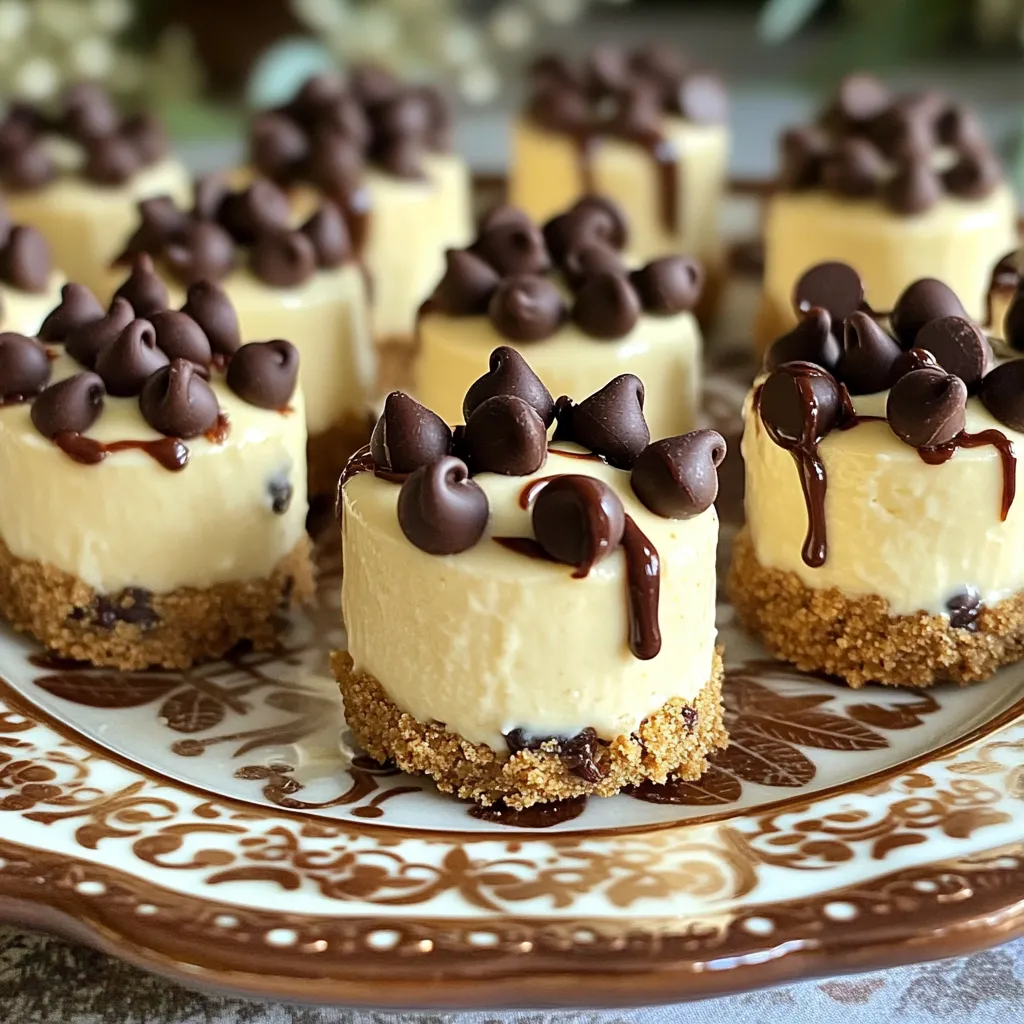 - 1 cup cream cheese, softened - 1/2 cup powdered sugar - 1 teaspoon vanilla extract - 1/2 cup mini chocolate chips - 1 cup graham cracker crumbs - 1/4 cup unsalted butter, melted - A pinch of salt - Additional chocolate chips for garnish To make your no bake chocolate chip cheesecake bites, gather these ingredients first. Each one plays a key role in creating the creamy, sweet treat you want. Cream cheese is the base of our bites. It gives them that rich, smooth taste. The powdered sugar adds sweetness and helps balance the flavors. Vanilla extract brings warmth and depth to the mix, making every bite enjoyable. Next, we add mini chocolate chips. They provide delightful bursts of chocolate that melt in your mouth. For the crust, graham cracker crumbs mix with melted butter and salt. This combination gives a crunchy base that contrasts the creamy filling. Finally, don’t forget the extra chocolate chips for garnish. They add a nice touch and make your bites look even more tempting. Have all these ingredients ready, and you’re set to create a delicious dessert everyone will love! - Mixing bowl - Hand mixer or stand mixer - Silicone mini muffin molds or lined muffin tin - Plastic wrap Gathering the right equipment is just as important as the ingredients. You need a mixing bowl to blend your cream cheese and sugar. A hand mixer or stand mixer makes it easy to get a smooth texture. Silicone molds are perfect for shaping your cheesecake bites. They let you pop out the bites easily once they are set. If you don’t have silicone molds, a lined muffin tin works just as well. Lastly, plastic wrap will keep your cheesecake bites fresh while they chill in the fridge. With these tools in hand, you’ll be ready to whip up a batch of delightful no bake chocolate chip cheesecake bites! First, grab a mixing bowl. Add 1 cup of softened cream cheese. Then, pour in 1/2 cup of powdered sugar and 1 teaspoon of vanilla extract. Blend these ingredients together. Use a hand mixer or stand mixer to reach a smooth and creamy texture. This step creates a rich base for our cheesecake bites. Next, gently fold in 1/2 cup of mini chocolate chips. Make sure they are evenly mixed in, adding sweet bites throughout the cream cheese. Now, let’s make the base. In a separate bowl, combine 1 cup of graham cracker crumbs, 1/4 cup of melted unsalted butter, and a pinch of salt. Mix until the crumbs feel like wet sand. This mixture will hold our bites together. Take a small amount of this graham cracker mix. Press it firmly into the bottom of silicone mini muffin molds or a lined muffin tin. This will form the perfect base for each bite. Time to fill the molds! Spoon the cream cheese mixture over the graham cracker base in each mold. Fill them almost to the top for a nice, fluffy bite. Smooth the tops with a spatula for a neat look. For the final touch, sprinkle additional mini chocolate chips on top of each cheesecake bite. This adds a nice visual appeal and extra chocolatey goodness. Cover the molds with plastic wrap and place them in the fridge. Let them chill for at least 2 hours. This step helps the bites set perfectly. Once set, carefully remove the cheesecake bites from the molds. They should pop out easily. Arrange them on a serving plate and enjoy! To achieve a smooth cream cheese mixture, start with softened cream cheese. Cold cream cheese is hard to mix. Use a hand mixer to blend until you see no lumps. If your mixture is too thick, add a splash of milk. This will help you get the right texture. You want it creamy, not runny. When serving your cheesecake bites, think outside the box. Place them on a decorative platter for a fun look. Drizzling melted chocolate on top adds a nice touch. You can also garnish with fresh mint leaves. This adds color and a fresh taste. Try serving with fresh berries for a fruity twist. Many people overmix the cream cheese mixture. This can make it too airy. Mix just until smooth. Another mistake is not pressing the base firmly enough. If it’s too loose, the bites will fall apart. Press down hard to ensure they hold together well. {{image_2}} You can change the taste of your cheesecake bites easily. Adding different extracts can boost flavor. Almond extract gives a nutty taste. Coffee extract adds a rich depth. You can also mix in different chocolate chips. Try dark chocolate or white chocolate for a fun twist. If you need gluten-free options, use other crumbs. Almond flour or crushed nuts work well. For vegan substitutions, swap cream cheese for a plant-based version. Use coconut cream and a vegan sweetener for a creamy base. This way, everyone can enjoy these bites. You can make larger or smaller versions of the bites. Use a bigger mold for larger treats. For mini versions, use a smaller scoop. You can also turn this recipe into bars. Just spread the mixture in a lined baking dish. Cut into squares after chilling. These size changes keep the fun alive! To keep your No Bake Chocolate Chip Cheesecake Bites fresh, store them in the fridge. Use an airtight container to prevent drying. They stay good for up to five days. After that, the texture and flavor may change. Always check for any signs of spoilage. You can freeze these cheesecake bites for longer storage. Place them in a single layer on a baking sheet. Freeze until firm, then transfer them to a freezer-safe container. They can last for up to three months in the freezer. When you're ready to enjoy them, thaw in the fridge overnight for the best taste and texture. These cheesecake bites need to set for at least 2 hours. This time allows the flavors to meld and the texture to firm up. If you can wait longer, let them chill for 4 hours. This extra time makes them even better! Yes, you can use regular chocolate chips if you prefer. The bites will still taste great! However, mini chocolate chips mix in better and give a sweeter bite. Regular chips may create larger chunks, which can change the texture. You have a few tasty options! You can use crushed cookies like Oreos or digestive biscuits. Almond flour works as a gluten-free choice. Each option will change the flavor a bit but will still taste yummy in the bites. In this blog post, I covered how to make delicious No Bake Chocolate Chip Cheesecake Bites. You learned the ingredients, steps, and tips for success. This recipe is easy and fun, perfect for any occasion. Don’t hesitate to try different flavors or dietary options. You can store leftovers in the fridge or freeze them for later. Enjoy your cheesecake bites and impress your friends with your tasty treat! Happy baking!