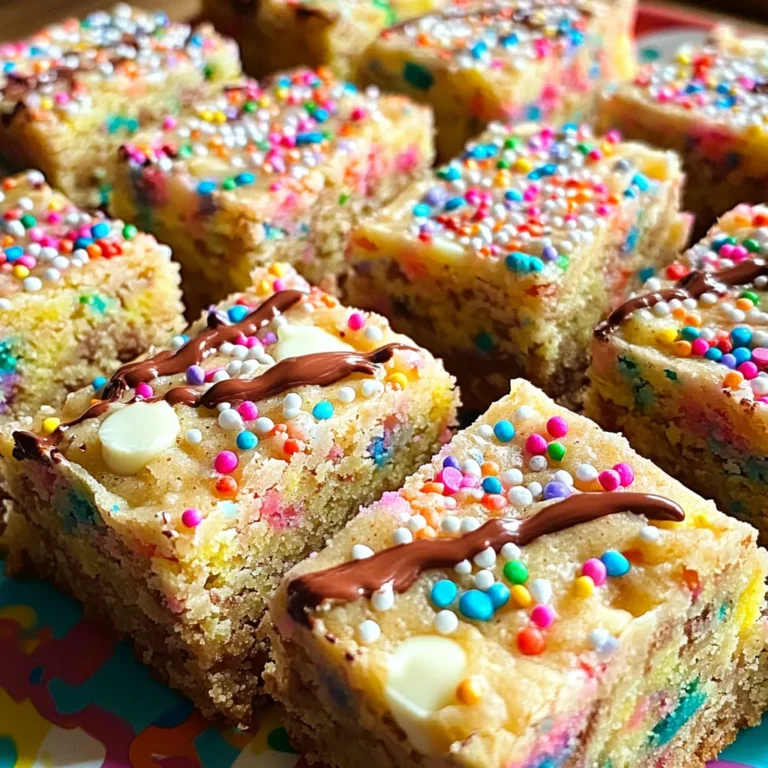 - 1 cup unsalted butter, melted - 1 cup brown sugar, packed - 1/2 cup granulated sugar - 2 large eggs - 2 teaspoons vanilla extract - 2 cups all-purpose flour - 1 teaspoon baking powder - 1/2 teaspoon baking soda - 1/4 teaspoon salt - 1/2 cup colorful sprinkles - 1/2 cup white chocolate chips (optional) Gathering the right ingredients is key for great Funfetti Birthday Cake Blondies. First, you need unsalted butter. It gives a rich taste. Melt it before mixing. Brown sugar adds a nice depth, while granulated sugar keeps them sweet. You’ll want two large eggs for that perfect blend. Don’t forget vanilla extract! It brings out all the flavors. For the base, you’ll need all-purpose flour. Baking powder and baking soda help the blondies rise. Salt balances the sweetness, so use it wisely. Colorful sprinkles make them fun and festive. You can also add white chocolate chips if you like a creamy touch. The sprinkles and chips make each bite a surprise. Now that you have your ingredients, you’re ready to bake! 1. Preheat your oven to 350°F (175°C). This step warms up your oven so the blondies bake evenly. 2. Grease a 9x13 inch baking pan. You can also line it with parchment paper. This makes removing the blondies easy. 3. In a large bowl, combine the melted butter with brown sugar and granulated sugar. Mix until this is smooth and creamy. 4. Add the eggs, one at a time. Stir well after each egg to blend. This helps the batter stay light. 5. Stir in the vanilla extract for that lovely flavor. In a separate bowl, whisk together the flour, baking powder, baking soda, and salt. 6. Gradually add the dry mix to the wet mix. Stir just until combined; don’t overmix. This keeps your blondies soft. 7. Gently fold in the colorful sprinkles and white chocolate chips if you want them. This adds fun and sweetness. 8. Pour the batter into the greased pan. Spread it evenly with a spatula. Top with extra sprinkles for a festive look. 9. Bake for 20-25 minutes. Check doneness by inserting a toothpick in the center. It should come out clean or with a few moist crumbs. 10. Let the blondies cool in the pan for about 10 minutes. Then, transfer them to a wire rack to cool completely. This step helps them set perfectly. To make the best blondies, avoid overmixing the batter. Overmixing makes them tough. Mix just until the flour disappears. This keeps the blondies soft and chewy. For optimal results, check your oven temperature with a thermometer. Ovens can vary. Bake the blondies until a toothpick comes out clean. This shows they are done. You can make your blondies unique by adding mix-ins. Try nuts, chocolate chips, or dried fruit. Each adds a new twist to the flavor. If you like sweeter treats, increase the sugar a bit. You can also reduce sugar if you prefer less sweetness. Taste as you go to find your perfect balance. When serving, presentation is key. Cut the blondies into squares and stack them on a colorful plate. Add a sprinkle of extra sprinkles on top for fun. Pair them with milk, coffee, or tea for the perfect treat. These drinks complement the sweet flavors well. Enjoy sharing these delightful treats with friends and family! {{image_2}} Chocolate Funfetti Blondies You can switch things up with chocolate funfetti blondies. Just replace half the flour with cocoa powder. This will give you a rich, chocolatey base. Add colorful sprinkles as usual. The mix of chocolate and sprinkles is a fun surprise! Peanut Butter Funfetti Blondies If you love peanut butter, this is for you! Replace half of the butter with creamy peanut butter. This adds a nutty taste and a lovely texture. Stick with the sprinkles to keep it festive. These blondies will have a soft, chewy bite. Gluten-free options You can make these blondies gluten-free! Use a 1:1 gluten-free flour blend instead of regular flour. This works well without changing the taste. Your blondies will still be soft and sweet. Vegan substitutions To make these blondies vegan, swap the eggs for flax eggs. Mix one tablespoon of ground flaxseed with three tablespoons of water. Let it sit for a few minutes until it thickens. Use a plant-based butter instead of regular butter. These swaps keep the blondies tasty and fun! Holiday-themed blondies For the holidays, add seasonal flavors. Mix in crushed peppermint candy for a minty twist. Or use pumpkin spice to make them cozy for fall. You can also use red and green sprinkles for a festive look. Festive decorations You can decorate these blondies for any celebration. Use themed sprinkles or edible glitter. Drizzle melted chocolate on top for a fancy touch. These small changes make them perfect for birthdays, holidays, or any fun event! - Room temperature storage: You can keep your Funfetti blondies at room temperature. Place them in an airtight container. They will stay fresh for up to 3 days. This keeps them soft and chewy. - Refrigeration instructions: If you want to keep them longer, place the blondies in the fridge. They can last for about a week. Just make sure to seal them well. This prevents them from drying out. - How to freeze for long-term storage: To freeze your blondies, cut them into squares. Wrap each piece in plastic wrap. Place the wrapped pieces in a freezer-safe bag. They can last for up to 3 months in the freezer. - Thawing and reheating tips: When you’re ready to eat, take them out of the freezer. Let them thaw in the fridge overnight. For a warm treat, you can microwave them for about 10-15 seconds. Enjoy your delicious blondies anytime! Can I use salted butter? Yes, you can use salted butter. It adds a nice flavor, but it can change the taste a bit. If you do use salted butter, skip the added salt in the recipe. How do I know when the blondies are done baking? Check the blondies at 20 minutes. Insert a toothpick in the center. If it comes out clean or with a few moist crumbs, they are done. They should be golden brown on top. Can I leave out the white chocolate chips? Absolutely! You can leave them out if you prefer. The blondies will still be great with just the sprinkles. Where to purchase Funfetti Birthday Cake Blondies You can find these blondies at local bakeries or order them online. Many bakeries offer this fun treat for special occasions. Check their websites for more details. Delivery options and specials Most bakeries provide delivery options. Some may even offer special deals for birthdays or large orders. Check their social media for current specials. Highlighting customer feedback Customers love the taste! Many say the blondies are soft and sweet. They enjoy the colorful sprinkles and the fun party vibe. Showcase popular experiences People often share how these blondies make parties special. They are a hit at birthdays and celebrations. Many customers return for more after their first bite! This blog post covered all you need to make perfect Funfetti Blondies. We looked at key ingredients, easy steps to bake, and tips for great results. I shared ideas for variations and ways to store your blondies. Remember, it’s all about having fun and personalizing your treat. Whether for a party or just a snack, these blondies will delight everyone. Enjoy your baking adventures!