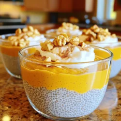 - 1 cup unsweetened almond milk - 1/2 cup pure pumpkin puree - 1/4 cup chia seeds - 2 tablespoons maple syrup - 1 teaspoon vanilla extract - 1 teaspoon pumpkin pie spice - 1/4 teaspoon salt - Optional toppings: Greek yogurt, crushed walnuts, and a sprinkle of cinnamon To make high-protein pumpkin pie chia pudding, gather these simple ingredients. Each one plays a key role in the flavor and texture of the dish. Unsweetened almond milk gives a creamy base without added sugar. Pure pumpkin puree adds rich flavor and nutrition. Chia seeds are essential for thickening and they boost protein. Maple syrup sweetens the pudding naturally. Vanilla extract adds warmth, while pumpkin pie spice brings that cozy, seasonal essence. Finally, a pinch of salt enhances all the flavors. You can top your pudding with Greek yogurt for extra protein, crushed walnuts for crunch, and a sprinkle of cinnamon for an extra touch. Enjoy the process of gathering these ingredients. Each one helps create a delightful dessert that is both tasty and filling. 1. Combine almond milk, pumpkin puree, and vanilla extract. In a medium bowl, add 1 cup of unsweetened almond milk, 1/2 cup of pure pumpkin puree, and 1 teaspoon of vanilla extract. Whisk until it is smooth. 2. Mix in chia seeds, maple syrup, pumpkin pie spice, and salt. Next, add 1/4 cup of chia seeds, 2 tablespoons of maple syrup, 1 teaspoon of pumpkin pie spice, and 1/4 teaspoon of salt. Stir well to mix all the ingredients. 3. Rest and stir the mixture. Let this mixture sit for about 5 minutes. After that, stir again to keep the chia seeds from settling at the bottom. 1. Cover and refrigerate the pudding. Once mixed, cover the bowl. Place it in the fridge for at least 2 hours or overnight. This time allows the chia seeds to absorb liquid. 2. Highlighting waiting time for thickening. As it chills, the pudding will thicken. The longer it sits, the creamier it becomes. 1. Stir and adjust consistency if necessary. When ready to serve, remove the pudding from the fridge. Give it a good stir. If it’s too thick, add a splash of almond milk to reach your preferred texture. 2. Tips for presentation. Serve the pudding in individual cups or bowls. Top each serving with a dollop of Greek yogurt, a sprinkle of crushed walnuts, and a dusting of cinnamon. This adds a festive touch and makes it look great! - Ensuring proper mixing: Start by mixing the almond milk and pumpkin puree well. Use a whisk to blend until smooth. This step is key, as it helps the chia seeds soak up the flavors evenly. - Avoiding clumping of chia seeds: After adding chia seeds, stir the mixture thoroughly. Allow it to sit for five minutes, then stir again. This helps prevent chia seeds from clumping together. - Modifying maple syrup to taste: I recommend starting with two tablespoons of maple syrup. After mixing, taste the pudding. You can always add more if you like it sweeter. - Alternatives for natural sweeteners: If you want alternatives, consider using honey or agave syrup. You can also try mashed bananas for a fruity twist. - Nutritional information for chia seeds: Chia seeds are packed with protein, fiber, and omega-3 fatty acids. Just two tablespoons have around 140 calories, 5 grams of protein, and 10 grams of fiber. - Nutritional information for pumpkin: Pumpkin is low in calories and high in vitamins. One half-cup of pumpkin puree has about 40 calories, 2 grams of protein, and is rich in vitamin A. These ingredients make your chia pudding not only tasty but also healthy! {{image_2}} You can make this chia pudding even more fun. Want to add chocolate? Just mix in cocoa powder. Start with one tablespoon and adjust to your taste. You can also switch the almond milk for other plant-based milks. Oat milk gives it a creamy texture, while coconut milk adds a nice flavor. To pump up the protein, try adding protein powder. Vanilla or chocolate flavors work well. Just mix in a scoop with the other ingredients. For toppings, Greek yogurt is a great choice. It adds creaminess and more protein. You can also add nuts or seeds for a crunchy texture. This pudding shines during the holidays. You can add extra spices like nutmeg or cloves to make it festive. In summer, fresh fruits are a perfect addition. Try berries or sliced bananas for a refreshing twist. These variations keep your chia pudding exciting throughout the year! To store leftover chia pudding, transfer it to a clean, airtight container. Make sure to seal it tightly. This keeps it fresh and prevents odors from your fridge. You should refrigerate it right away. The ideal refrigeration time is up to five days. The pudding stays fresh for about five days in the fridge. After this time, it may lose its taste and texture. Signs of spoilage to watch for include a sour smell or a watery layer on top. If you see mold, toss it out immediately. You can freeze the pudding for longer storage. To do this, pour it into freezer-safe containers. Leave some space at the top since it will expand when frozen. Thawing is simple: just move it to the fridge overnight. Stir it well before serving to restore its creamy texture. What can I use instead of chia seeds? You can use flaxseeds as a great alternative. Ground flaxseeds work well. Can I use sweetened almond milk? Yes, sweetened almond milk is fine. Just adjust the maple syrup to taste. How long does the pudding keep in the fridge? This pudding lasts up to five days in the fridge. Store it in a sealed container. Can I use fresh pumpkin instead of canned puree? Absolutely! Just cook and puree the fresh pumpkin until smooth. Is this recipe vegan-friendly? Yes, this recipe is vegan-friendly. All the ingredients are plant-based. How high is the protein content in this pudding? This pudding has about 8 grams of protein per serving. Chia seeds add a good amount. What are the health benefits of chia seeds and pumpkin? Chia seeds are high in fiber and omega-3s. Pumpkin is rich in vitamins and antioxidants. Can I prepare this without refrigeration? Yes, but chilling helps the pudding thicken. It’s best to refrigerate for at least two hours. Is it possible to make this gluten-free? This recipe is already gluten-free. All ingredients are safe for gluten-free diets. You can make a tasty chia pudding with simple ingredients like almond milk and pumpkin. In this blog, we covered how to prepare, flavor, and store it. The pudding is rich in nutrients and easy to tweak to your taste. Remember, patience is key while it thickens in the fridge. Enjoy it as a healthy treat or a seasonal delight! Now, go ahead and create your own delicious version. You'll love the taste and the health benefits it brings!