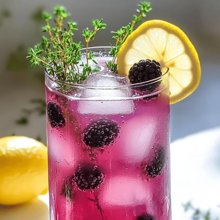 To make this mocktail pop with flavor, you need fresh blackberries. I use one cup of them. Their natural sweetness adds depth. Plus, they give a beautiful color to the drink. Make sure they are ripe for the best taste. Next, you will need two tablespoons of fresh thyme leaves. Thyme brings a lovely herbal note to the drink. It pairs well with the tart lemon and sweet blackberries. You can save extra leaves for garnish, adding a touch of green. Fresh lemon juice is key for this mocktail. You will need one cup, which comes from about four to five lemons. The bright acidity of lemon balances the sweetness from the blackberries and sweetener. Always use fresh juice for the best flavor! For sweetness, you have two great choices: honey or agave syrup. You will need half a cup. Honey gives a rich flavor, while agave is lighter. Both options enhance the drink without overpowering it. Choose what you like best! You will also need four cups of cold water. This helps to dilute the strong flavors, making the drink refreshing. Cold water is essential to serve the mocktail chilled and enjoyable on a hot day. Finally, don’t forget the garnishes! Ice cubes cool the drink down. Lemon slices add a nice touch and extra zest. You can also use extra thyme leaves for a beautiful finish. These small details make your drink look stunning! Start by grabbing a medium saucepan. Add 1 cup of fresh blackberries and 2 tablespoons of thyme leaves. Pour in 1 cup of water. Place the saucepan on medium heat and bring it to a gentle simmer. This helps release the tasty juices from the blackberries. Use a fork or muddler to mash the blackberries gently. Keep simmering for about 5 minutes. Once it simmers, remove it from heat. Let the mixture steep for 10 minutes. This step allows the thyme flavor to shine. Once the mixture has steeped, it’s time to strain it. Get a fine sieve and place it over a pitcher. Carefully pour the blackberry-thyme mixture into the sieve. Use the back of a spoon to press down on the solids. This helps extract as much liquid as possible. You want to keep the juice and leave the seeds and thyme bits behind. The result is a smooth, flavorful liquid. Now, add 1 cup of fresh lemon juice to the strained juice. This is about 4 to 5 lemons. Next, pour in 1/2 cup of honey or agave syrup. Stir it well until everything mixes. Taste your drink; you can add more honey if you like it sweeter. Then, pour in the remaining 3 cups of cold water. Stir again for a well-blended flavor. To serve, fill glasses with ice cubes. Pour the blackberry-thyme lemonade over the ice. Garnish each glass with fresh thyme and lemon slices. This adds a nice touch and makes it look pretty. Enjoy your refreshing drink! Choose blackberries that are deep purple or black. They should feel firm but not hard. Avoid berries that look dull or have white spots. Ripe blackberries taste sweet and juicy. You can find them at local markets or grocery stores. Select lemons that are bright yellow and feel heavy for their size. Roll the lemons on the counter to break down the membranes. This helps release more juice. Cut them in half and use a juicer or your hand to squeeze. Strain the juice to remove seeds and pulp for a smooth drink. Taste your lemonade before serving. If it’s too tart, add more honey or agave syrup. If it’s too sweet, mix in a bit more cold water. Remember, you can always add more sweetener but can’t take it out. Finding the right balance makes your drink perfect. Serve your mocktail in clear glasses to show off the color. Add ice cubes for a chill and freshness. Garnish with a few thyme sprigs and lemon slices on the rim. This not only looks pretty but adds extra flavor. A well-presented drink makes any occasion special! {{image_2}} You can change the sweetener in your blackberry thyme lemonade mocktail. Honey and agave syrup are great, but maple syrup works too. It adds a rich flavor. You may want to use less maple syrup since it is sweeter. Start with a smaller amount and taste as you mix. This will help you find the right balance. If you like bubbles, add sparkling water to your mocktail. After mixing your base drink, pour in the sparkling water. This will make your drink light and refreshing. You can adjust the amount based on how fizzy you want it. Just remember to add it right before serving to keep the bubbles. Herbs can change the flavor of your mocktail. Mint is a cool herb that pairs well with lemonade. Simply add a few mint leaves while you simmer the blackberries. Basil can add a sweet, peppery note. Try using fresh basil during the steeping step for a unique twist. These herbs can make your drink more interesting and fun! Store any leftover Blackberry Thyme Lemonade Mocktail in the fridge. Use a glass pitcher or a jar with a tight lid. The flavor stays fresh for up to three days. If you notice any separation, just give it a good stir before serving. For the best taste, keep fresh blackberries and thyme in the fridge. Place them in a container that allows airflow. Use them within a week for maximum freshness. You can also freeze blackberries for later use. Just wash them, dry them, and place them in a freezer bag. When meal prepping, you can make the base mix ahead of time. Just combine blackberries, thyme, lemon juice, and sweetener in a jar. Store this mix in the fridge for up to three days. When ready to serve, mix with cold water and ice. This saves time and keeps your mocktail fresh. Yes, you can make this mocktail ahead of time. It's best to prepare the blackberry-thyme mixture and store it in the fridge. This way, the flavors meld nicely. You can make it up to two days before serving. When you're ready to serve, just mix it with lemon juice and cold water. You can use many fruits in this mocktail. Raspberries, strawberries, or blueberries work well. Each fruit brings a unique flavor. You can even mix different fruits for a fun twist. Just remember to adjust the sweetness based on the fruit's natural sugar. Yes, you can add alcohol to this mocktail. Vodka or gin pairs well with blackberries and thyme. Start with a small amount, like one ounce per glass. Adjust based on your taste. This gives the drink a fun kick while keeping the refreshing flavor. To make this mocktail kid-friendly, keep it simple. Skip the thyme if kids don’t like herbs. Use lemonade instead of the blackberry-thyme mixture for a sweeter taste. You can also add more fruit slices for fun colors. Kids love bright drinks! This blog post covered how to create a refreshing blackberry-thyme mocktail. We started with key ingredients like blackberries, thyme, and lemon juice. Then, I guided you through easy steps to mix and serve the drink. I shared tips on selecting ripe fruit and adjusting sweetness. Lastly, I offered fun variations and storage tips. Now you can enjoy this delightful drink anytime. Experiment with flavors and enjoy the process! Your homemade mocktail will impress friends and family alike.