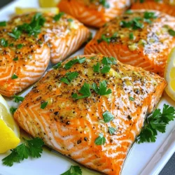 - 4 salmon fillets, skin-on - 2 tablespoons olive oil - 2 tablespoons lemon juice (freshly squeezed) - 1 teaspoon lemon zest - 1 tablespoon black pepper (freshly cracked) - 1 teaspoon sea salt - 2 cloves garlic, minced - Fresh parsley, chopped (for garnish) When I prepare Air Fryer Lemon Pepper Salmon, I start with the freshest salmon fillets. The skin-on fillets keep the meat moist and add flavor. I love using olive oil for its rich taste and healthy fats. Fresh lemon juice and zest bring a bright, zesty kick to each bite. Black pepper gives heat, while sea salt enhances all the flavors. Minced garlic adds a savory touch that complements the fish. Lastly, I always garnish with fresh parsley for color and freshness. - Air fryer - Mixing bowl - Cooking brush - Measuring spoons An air fryer is a must for this recipe. It cooks the salmon quickly while keeping it crispy outside and tender inside. I use a mixing bowl to blend the marinade ingredients. A cooking brush helps to coat the fillets evenly. Measuring spoons ensure I add just the right amount of each ingredient for perfect flavor. Having these tools ready makes the cooking process smooth and fun. Preheating is key to great air-fried salmon. It helps cook the fish evenly. Set your air fryer to 400°F (200°C). Let it heat for about 5 minutes. This small step makes a big difference. Mixing the marinade is simple but important. In a bowl, combine olive oil, lemon juice, lemon zest, black pepper, sea salt, and minced garlic. Use a whisk or a fork to blend well. This helps all flavors mix together. For the best taste, use fresh lemon juice. Fresh ingredients work wonders for flavor. Now it's time to marinate. Take your salmon fillets and coat them well with the marinade. Make sure every side gets some. Marinate the fillets for about 15-20 minutes at room temperature. This helps the flavors soak in better. If you have time, longer marinating can add more taste. When marinating is done, it’s time to cook. Place the salmon fillets in the air fryer basket, skin-side down. Do not crowd the basket; space them out. This ensures even cooking. Air fry the salmon at 400°F (200°C) for 10-12 minutes. Check that the salmon flakes easily and reaches 145°F (63°C) inside. This means it’s done and safe to eat. To know when your salmon is done, look for a few signs. The flesh should be opaque and flake easily with a fork. The internal temperature should reach 145°F (63°C). Using a food thermometer can help you check this. Insert it into the thickest part of the fish for an accurate reading. If you want to change the lemon pepper seasoning, consider using garlic herb seasoning. You can also try spices like paprika or dill for a unique twist. Fresh herbs like thyme or rosemary can enhance the taste as well. Experiment to find what you love! For a beautiful plate, serve the salmon on a white platter. Add lemon wedges beside the fish and sprinkle fresh parsley on top. This makes the dish look vibrant and inviting. Pair your salmon with sides like roasted vegetables, rice, or a fresh salad for a complete meal. These sides complement the flavors of the salmon perfectly. {{image_2}} You can change the flavors with different seasonings. Garlic herb seasoning adds warmth and depth. Mix garlic powder, dried herbs, and a bit of salt for a tasty twist. If you like heat, try Cajun seasoning. This spice mix packs bold flavors and a nice kick. A little goes a long way, so start with a small amount and adjust to your taste. You can use other fish instead of salmon. Trout or tilapia work well in this recipe. They cook quickly, just like salmon. For trout, cook for about 8-10 minutes. For tilapia, check it at 8 minutes. Always check the fish for doneness with a fork. It should flake easily when cooked right. This dish is naturally gluten-free, so it’s great for anyone with gluten issues. For sides, serve with steamed veggies, like broccoli or green beans. These add color and nutrition. If you want low-carb options, try a fresh salad with a simple vinaigrette. This keeps your meal light and tasty. You can also pair the salmon with cauliflower rice for a nice low-carb plate. To keep your salmon fresh, use airtight storage containers. Glass or plastic containers work well. Allow the salmon to cool completely before sealing. Store it in the fridge for up to three days. This helps keep the flavor intact. For longer storage, freeze cooked salmon. Wrap each fillet tightly in plastic wrap. Then, place wrapped fillets in a freezer-safe bag. Remove as much air as you can. This keeps the salmon from getting freezer burn. Thaw frozen salmon in the fridge overnight. This method preserves flavor and texture. When reheating, aim to keep the salmon moist. The best method is to use a microwave. Place the salmon on a microwave-safe plate. Cover it with a damp paper towel. Heat on low for about one minute. Check for warmth, then add more time if needed. You can also reheat in the oven. Set it to 275°F (135°C) and heat for about 15 minutes. Both methods help prevent dryness while keeping your salmon delicious. You should marinate salmon for about 15-20 minutes. This time allows the flavors to soak in. If you want a stronger taste, you can marinate it longer. Just be careful not to over-marinate, as it can change the texture. Yes, you can cook salmon without skin in the air fryer. Skin-on salmon helps keep the fish moist. If you prefer skinless, just adjust the cooking time slightly. Skinless fillets may cook faster than skin-on ones. Lemon pepper salmon pairs well with many sides. Here are some ideas: - Steamed broccoli - Roasted asparagus - Quinoa or rice - Fresh salad These sides add color and balance to your meal. Air frying salmon can be healthier than baking. The air fryer uses less oil, which cuts down on fat. It also cooks faster, helping retain the fish's nutrients. You get a crispy texture without the extra calories. Salmon is fully cooked when it reaches an internal temperature of 145°F (63°C). You can check this with a food thermometer. The fish should flake easily with a fork and look opaque. If it’s still pink in the middle, it needs more time. In this blog post, we explored how to prepare delicious lemon pepper salmon using an air fryer. We covered the essential ingredients and equipment needed, along with clear step-by-step instructions for marinating and cooking the salmon. Tips for perfect texture and flavor enhancement were also included, along with variations and storage advice. Remember, cooking salmon is simple and rewarding. With these methods, you'll enjoy tasty meals that impress. Dive into this easy and flavorful recipe!