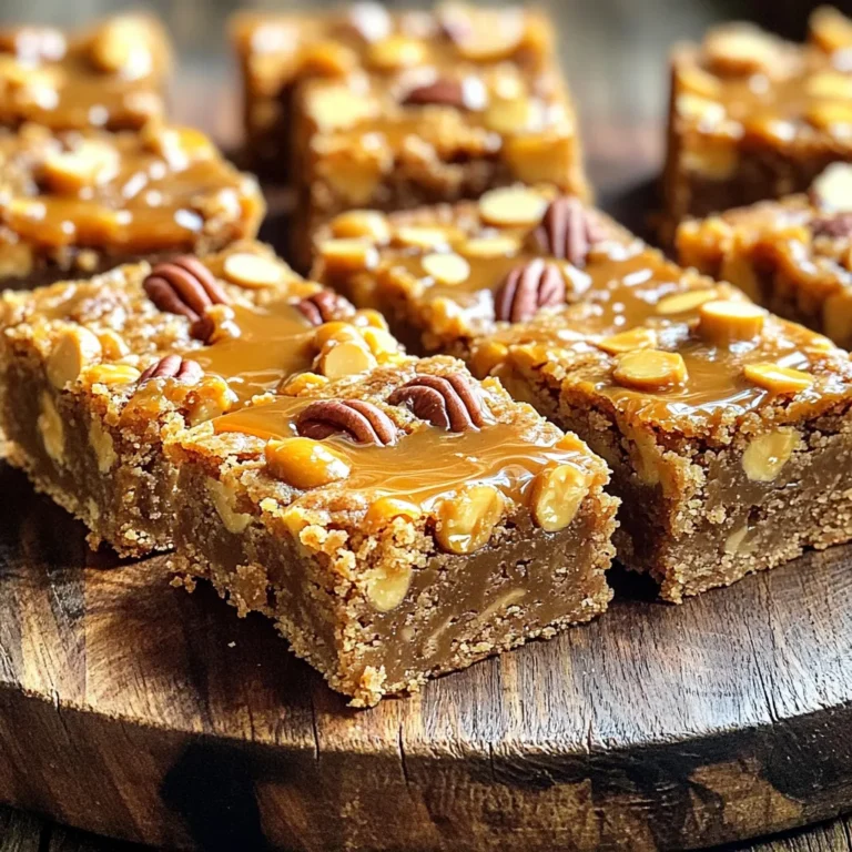To make Butterscotch Blondie Bars, you'll need some simple ingredients. Here’s what you need: - 1 cup unsalted butter, melted - 1 cup brown sugar, packed - 1/2 cup granulated sugar - 2 large eggs - 2 teaspoons vanilla extract - 2 cups all-purpose flour - 1 teaspoon baking powder - 1/2 teaspoon baking soda - 1/4 teaspoon salt - 1 cup butterscotch chips - 1 cup chopped pecans or walnuts (optional) Each ingredient plays a key role. The butter adds richness. Brown sugar gives a deep flavor. Granulated sugar balances out the sweetness. Eggs bind everything together, while vanilla adds warmth. The flour gives structure, and the baking powder and soda help the bars rise. Salt enhances flavor, while butterscotch chips provide that sweet, gooey goodness. Nuts, if you choose to add them, give a nice crunch. These ingredients work together to create a treat that is hard to resist. Enjoy the process of gathering them all! - Preheat your oven to 350°F (175°C) and prepare a 9x13-inch baking dish. Line it with parchment paper, leaving some overhang. This will help you lift your blondies out later. - In a large bowl, combine 1 cup of melted butter, 1 cup of packed brown sugar, and 1/2 cup of granulated sugar. Mix well until the blend is smooth and shiny. - Add 2 large eggs and 2 teaspoons of vanilla extract to the bowl. Stir until everything is blended well. - In another bowl, whisk together 2 cups of all-purpose flour, 1 teaspoon of baking powder, 1/2 teaspoon of baking soda, and 1/4 teaspoon of salt. Gradually mix the dry ingredients into the wet mixture until just combined. - Fold in 1 cup of butterscotch chips and, if you like, 1 cup of chopped pecans or walnuts. Make sure they are evenly distributed in the batter. - Pour the batter into your prepared baking dish. Use a spatula to spread it out evenly. - Bake in the preheated oven for 25-30 minutes. Check for doneness by inserting a toothpick in the center. It should come out with a few moist crumbs. - Remove the dish from the oven and let it cool for about 15 minutes. Use the parchment paper to lift the blondies out. Cut them into bars once they are completely cool. - Ensuring even mixing for the perfect texture: Mix the wet ingredients well. Use a whisk to blend the butter and sugars until smooth. This helps the bars rise evenly. When adding the dry mix, fold gently. This keeps the blondies soft and chewy. - Recommended oven temperature checks: Always preheat your oven to 350°F (175°C). An oven thermometer can help confirm the right heat. Each oven is unique, so checking is key. It ensures your blondies bake just right. - How to avoid overbaking: Watch the time closely! Bake for 25 to 30 minutes. Use a toothpick to check. If it comes out with a few moist crumbs, they're ready. Overbaking will make them dry. - Garnishing ideas: butterscotch chips and drizzles: For a fun touch, sprinkle extra butterscotch chips on top. You can drizzle melted chocolate or caramel over the bars. This adds a nice flair and makes them look fancy. - Serving methods for special occasions: Arrange the blondie bars on a colorful platter. For parties, serve with a scoop of vanilla ice cream. This makes a delightful dessert everyone will love. {{image_2}} You can make butterscotch blondie bars even more fun. Try adding chocolate chips or nuts for extra crunch. The chocolate brings a rich taste, while nuts add a nice texture. I love using pecans or walnuts. They pair well with the sweet butterscotch flavor. You can also spice things up with cinnamon or nutmeg. A sprinkle of cinnamon adds warmth. Nutmeg gives a unique twist. Both spices make these bars even more special. Experiment with the amounts to find your perfect blend. Want a gluten-free option? You can use almond flour or coconut flour instead of regular flour. These options keep the bars tasty and fluffy. Just remember, different flours may change the texture a bit. If you're looking for vegan substitutions, swap the butter for coconut oil. You can use flax eggs instead of real eggs. Mix one tablespoon of flaxseed meal with three tablespoons of water. Let it sit for a few minutes to thicken. This mix works well in the recipe and keeps the bars moist. Enjoy creating your own version that fits your diet! To keep your butterscotch blondie bars fresh, use airtight containers. This method locks in moisture and flavor. You can store them at room temperature for up to five days. For longer storage, place the bars in the fridge. They will stay fresh for about a week this way. To freeze blondie bars, cut them into squares first. Wrap each piece in plastic wrap. Then, place them in a freezer-safe bag or container. They will last in the freezer for up to three months. When you want to enjoy them again, take out a few bars. Let them thaw in the fridge overnight. To warm them, microwave for a few seconds. This keeps them soft and tasty. Avoid thawing at room temperature to maintain the right texture. Can I use different types of sugar? Yes, you can use different sugars. Brown sugar adds moisture and flavor. You can mix in some coconut sugar for a twist. Just keep the total amount the same. What can I substitute for unsalted butter? You can use margarine or coconut oil. Both will work well. If you use salted butter, cut back on added salt. How do I know when blondies are done baking? Blondies are done when the edges turn golden brown. Insert a toothpick in the center. It should come out with a few moist crumbs, not wet batter. Can I make these blondie bars ahead of time? Yes, you can make them ahead. Just store them in an airtight container. They stay fresh for about a week. Are butterscotch blondies the same as brownies? No, they are not the same. Blondies are lighter and sweeter. They lack cocoa powder, which brownies have. The texture is chewy and rich, similar but different. In this article, we explored delicious butterscotch blondie bars. You learned about the key ingredients and followed simple steps to make them. I shared tips for baking success and ideas for fun variations. Storing and freezing them ensures long-lasting goodness. Enjoy the sweet treats you create and impress your friends or family. Happy baking!