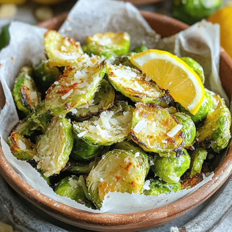 To make Roasted Garlic Parmesan Brussels Chips, you need: - 1 lb Brussels sprouts - 3 tablespoons olive oil - 4 cloves garlic, minced - 1/2 cup grated Parmesan cheese - 1 teaspoon smoked paprika - 1/2 teaspoon sea salt - 1/4 teaspoon black pepper - Zest of 1 lemon These ingredients work together to create a tasty treat that is both crunchy and flavorful. When selecting Brussels sprouts, choose firm, bright green ones. Look for sprouts that are tightly closed and have no yellow leaves. Smaller sprouts often taste sweeter and are more tender. They are perfect for making chips. Larger sprouts can be tougher and might not crisp up as well. Using fresh ingredients is key to getting the best flavor. Fresh Brussels sprouts offer a nice crunch and bright taste. Fresh garlic adds a strong aroma and rich flavor. When you use good quality Parmesan cheese, it melts nicely and gives a wonderful salty taste. Fresh ingredients not only taste better but also make your dish look great! Start by washing the Brussels sprouts under cold water. Trim the ends to remove any tough bits. Next, peel off any damaged leaves. This keeps your chips looking nice. Once cleaned, slice each Brussels sprout in half. Aim for uniform cuts so they cook evenly. Place the halved sprouts in a large bowl for mixing. In a small bowl, mix three tablespoons of olive oil with four minced garlic cloves. Add one teaspoon of smoked paprika for a smoky flavor. Then, sprinkle in half a teaspoon of sea salt and a quarter teaspoon of black pepper. Stir well to combine all the ingredients. This mixture will coat the Brussels sprouts and enhance their taste. Spread the Brussels sprouts on a baking sheet lined with parchment paper. Make sure the cut sides face down. This helps them get crispy. Preheat your oven to 400°F (200°C). Roast the sprouts for about 25 to 30 minutes. Flip them halfway through to ensure even cooking. Look for a golden brown color to know they're done. - Timing and Temperature Tips: Keep an eye on the sprouts as they roast. Ovens can differ, so check for crispiness after 25 minutes. If they need more time, roast them a few minutes longer. The goal is to achieve a crunchy texture without burning. To make your Brussels chips super crispy, start by slicing them thin. Thin slices help them cook faster and get crispier. Use high heat when roasting. The oven should be at 400°F (200°C). Also, flip the chips halfway through cooking. This step ensures they brown evenly. You can also use a wire rack on the baking sheet. This allows air to flow, making the chips even crunchier. If you want a different cheese, try Pecorino Romano or nutritional yeast for a vegan option. Both can add a nice flavor. For olive oil, you can use avocado oil. It has a high smoke point and works well for roasting. Sunflower oil is another good choice. Just make sure to keep the flavor simple, so it complements the garlic and cheese. To boost flavors, you can add herbs. Try rosemary, thyme, or oregano for a nice touch. A pinch of cayenne pepper adds heat if you like spice. You can also sprinkle lemon zest on top for a fresh twist. Feel free to experiment with your favorite spices. Just remember to keep it balanced, so the garlic and cheese shine through. {{image_2}} If you love heat, try adding red pepper flakes. This simple tweak gives your chips a nice kick. Just sprinkle about half a teaspoon of red pepper flakes into the olive oil mixture. Mix well and coat the Brussels sprouts. The spicy flavor pairs perfectly with the garlic and Parmesan. You can make a vegan version using plant-based cheese. Look for vegan Parmesan at your store. It melts well and adds a nice flavor. You can also try nutritional yeast. It has a cheesy taste without dairy. Just sprinkle it on the hot Brussels sprouts, same as you would with Parmesan. Don't stop at Brussels sprouts! You can use other veggies too. Kale, sweet potatoes, or zucchini all make great chips. Each vegetable has its own taste and texture. Just follow the same roasting steps. Slice them thin, season, and roast until crispy. Enjoy exploring new flavors! After you enjoy your Roasted Garlic Parmesan Brussels Chips, store the leftovers right. Place them in an airtight container. This keeps them fresh and helps avoid sogginess. Make sure to let them cool first. Leftover chips can last up to three days in the fridge. When you're ready to eat the chips again, use the oven. Preheat it to 350°F (175°C). Spread the chips on a baking sheet. Heat them for about 5-10 minutes. This makes them crispy again. Avoid using the microwave, as it makes them soft. If you want to freeze Brussels sprouts, start with fresh ones. Clean and slice them as you would for the chips. Blanch them in boiling water for about 3 minutes. Then, quickly cool them in ice water. Drain and pack them in freezer bags. They can last for up to 3 months in the freezer. When you're ready to cook, roast them straight from the freezer. Just add a few extra minutes to the cooking time. Yes, you can prepare these chips ahead but not fully cook them. You should coat the Brussels sprouts with the olive oil and seasoning mix. Then, store them in the fridge for up to a day. When you are ready to enjoy them, roast them fresh. This keeps their crispness and flavor intact. Brussels chips pair well with many dips. I love serving them with hummus or a creamy ranch dip. You can also try a tangy yogurt-based dip or spicy salsa. Choose a dip that complements the garlic and cheese flavors. Brussels sprout chips taste best the day they are made. If you have leftovers, store them in an airtight container. They can stay fresh for about 2 days. However, they may lose their crunch. To revive them, reheat in the oven for a few minutes. Roasted Garlic Parmesan Brussels chips are a tasty snack that's easy to make. We covered key ingredients, perfect prep steps, and how to get crispy results. You learned simple tips for substitutions and flavor boosts. Remember, fresh ingredients make all the difference. Try different variations and store leftovers for later. Enjoy these chips as a healthy snack anytime!