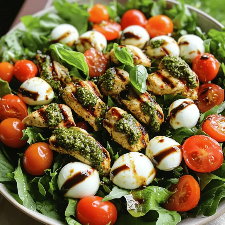 - 2 boneless, skinless chicken breasts - 1 cup fresh basil pesto - 2 cups cherry tomatoes - 8 oz fresh mozzarella balls - 2 cups mixed salad greens - 1/4 cup balsamic glaze - Salt and pepper - 2 tablespoons olive oil The main ingredients create a rich mix of flavors. The chicken adds protein and texture. Pesto gives a fresh, herb taste. Cherry tomatoes add a burst of sweetness. Mozzarella brings creaminess. Mixed greens add crunch and color. - Fresh basil for garnish - Avocado slices - Nuts or seeds for crunch Optional add-ins let you personalize your salad. Fresh basil enhances the aroma and taste. Avocado adds creaminess and healthy fats. Nuts or seeds give a delightful crunch. Feel free to mix and match these extras to make it your own! - Preheat your grill or grill pan over medium-high heat. - Season the chicken breasts with salt, pepper, and half a cup of basil pesto. Make sure the chicken gets a good coat of the pesto. - Grill the chicken for 6 to 7 minutes on each side. Use a meat thermometer to check if the internal temperature hits 165°F (75°C). - Once done, take the chicken off the grill and let it rest for a few minutes. This helps keep it juicy. - In a large bowl, mix the salad greens, halved cherry tomatoes, and mozzarella balls. - Slice the rested chicken into strips and add it to the bowl with the salad mixture. - Drizzle the remaining pesto and balsamic glaze over the salad. - Toss everything gently to combine and taste it. Add more salt and pepper if needed. To get the best grill marks, start with a clean grill. Preheat it well. Place the chicken on the hottest part of the grill. Leave it alone for a few minutes. This helps sear the meat. Turn the chicken only once. For chicken breasts, grill for 6-7 minutes per side. If your chicken is thicker, add a few more minutes. Always check that it reaches 165°F (75°C). Presentation makes your dish shine! Serve the salad in a large, shallow bowl. Arrange the chicken slices on top for a beautiful look. Drizzle extra balsamic glaze over everything. Sprinkle fresh basil leaves for color. You can also add cherry tomato halves around the edge. Prep ingredients ahead of time for easy meals. You can chop the salad greens and slice the tomatoes early. Store them in the fridge in airtight containers. For leftovers, keep the salad and chicken separate. This helps keep the salad fresh. Use glass containers for best results. Enjoy your Pesto Chicken Caprese Salad for lunch or dinner. {{image_2}} You can make this salad vegetarian by swapping chicken for grilled vegetables. Grilled zucchini, bell peppers, and eggplant work great. They add a nice smoky flavor and pair well with pesto. Just slice your veggies, brush with olive oil, and grill until tender. This change still keeps the dish vibrant and full of taste. To amp up the flavor, try adding different herbs or spices. Fresh mint or parsley can brighten the dish. You could also sprinkle in some red pepper flakes for a kick. For cheese lovers, incorporate unique cheese varieties like goat cheese or feta. These options create a new twist on the classic Caprese flavor. For a gluten-free salad, use a gluten-free balsamic glaze. Many brands offer this option, and it tastes just as good. You can also change the salad greens. Instead of mixed greens, try using kale or baby spinach. Both options add nutrients and flavor while keeping the salad gluten-free. To keep your Pesto Chicken Caprese Salad fresh, store it in an airtight container. This way, you prevent moisture loss and keep flavors intact. I recommend using glass containers for easy cleaning and visibility. You can also use BPA-free plastic containers if you prefer. Make sure to eat the salad within three days. The chicken and veggies taste best when fresh. If you notice the salad starting to wilt or the chicken drying out, it’s time to toss it. You can freeze the grilled chicken, but I do not recommend freezing the salad. Fresh greens and tomatoes do not freeze well. They become mushy when thawed. For freezing chicken, allow it to cool completely. Then, wrap the chicken tightly in plastic wrap or aluminum foil. Place it in a freezer-safe bag and remove as much air as possible. Label the bag with the date. The chicken can stay in the freezer for up to three months. When ready to eat, thaw the chicken in the fridge overnight. Reheat it on the grill or in a skillet before adding it back to your salad. This gives you a fresh taste without waste! Yes, you can use store-bought pesto. It saves time and still tastes great. Homemade pesto has a fresher flavor. You control the ingredients, like using more nuts or cheese. Store-bought is often thicker, while homemade is usually more vibrant. Both options work well in this salad. You can store Pesto Chicken Caprese Salad in the fridge for up to three days. Keep it in an airtight container. The salad may lose some texture over time. If you want the best taste, eat it fresh. If you add dressing, use it right away. You can use grilled shrimp, turkey, or tofu instead of chicken. Each option adds its unique taste and texture. Shrimp cooks quickly and pairs well with pesto. Turkey can give a lighter flavor. Tofu is great for a vegetarian option. This Pesto Chicken Caprese Salad combines fresh ingredients and grilling skills to create a tasty meal. You learned how to prepare and grill chicken, mix salad greens, and add delicious touches like pesto and balsamic glaze. Remember, you can experiment with options like grilled veggies or different cheeses for variety. Follow the tips for storing leftovers and meal prep to enjoy this dish later. With a few simple steps, you can create a flavorful, fresh salad everyone will love. Your kitchen will shine with these easy recipes!