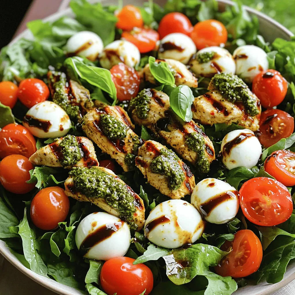 - 2 boneless, skinless chicken breasts - 1 cup fresh basil pesto - 2 cups cherry tomatoes - 8 oz fresh mozzarella balls - 2 cups mixed salad greens - 1/4 cup balsamic glaze - Salt and pepper - 2 tablespoons olive oil The main ingredients create a rich mix of flavors. The chicken adds protein and texture. Pesto gives a fresh, herb taste. Cherry tomatoes add a burst of sweetness. Mozzarella brings creaminess. Mixed greens add crunch and color. - Fresh basil for garnish - Avocado slices - Nuts or seeds for crunch Optional add-ins let you personalize your salad. Fresh basil enhances the aroma and taste. Avocado adds creaminess and healthy fats. Nuts or seeds give a delightful crunch. Feel free to mix and match these extras to make it your own! - Preheat your grill or grill pan over medium-high heat. - Season the chicken breasts with salt, pepper, and half a cup of basil pesto. Make sure the chicken gets a good coat of the pesto. - Grill the chicken for 6 to 7 minutes on each side. Use a meat thermometer to check if the internal temperature hits 165°F (75°C). - Once done, take the chicken off the grill and let it rest for a few minutes. This helps keep it juicy. - In a large bowl, mix the salad greens, halved cherry tomatoes, and mozzarella balls. - Slice the rested chicken into strips and add it to the bowl with the salad mixture. - Drizzle the remaining pesto and balsamic glaze over the salad. - Toss everything gently to combine and taste it. Add more salt and pepper if needed. To get the best grill marks, start with a clean grill. Preheat it well. Place the chicken on the hottest part of the grill. Leave it alone for a few minutes. This helps sear the meat. Turn the chicken only once. For chicken breasts, grill for 6-7 minutes per side. If your chicken is thicker, add a few more minutes. Always check that it reaches 165°F (75°C). Presentation makes your dish shine! Serve the salad in a large, shallow bowl. Arrange the chicken slices on top for a beautiful look. Drizzle extra balsamic glaze over everything. Sprinkle fresh basil leaves for color. You can also add cherry tomato halves around the edge. Prep ingredients ahead of time for easy meals. You can chop the salad greens and slice the tomatoes early. Store them in the fridge in airtight containers. For leftovers, keep the salad and chicken separate. This helps keep the salad fresh. Use glass containers for best results. Enjoy your Pesto Chicken Caprese Salad for lunch or dinner. {{image_2}} You can make this salad vegetarian by swapping chicken for grilled vegetables. Grilled zucchini, bell peppers, and eggplant work great. They add a nice smoky flavor and pair well with pesto. Just slice your veggies, brush with olive oil, and grill until tender. This change still keeps the dish vibrant and full of taste. To amp up the flavor, try adding different herbs or spices. Fresh mint or parsley can brighten the dish. You could also sprinkle in some red pepper flakes for a kick. For cheese lovers, incorporate unique cheese varieties like goat cheese or feta. These options create a new twist on the classic Caprese flavor. For a gluten-free salad, use a gluten-free balsamic glaze. Many brands offer this option, and it tastes just as good. You can also change the salad greens. Instead of mixed greens, try using kale or baby spinach. Both options add nutrients and flavor while keeping the salad gluten-free. To keep your Pesto Chicken Caprese Salad fresh, store it in an airtight container. This way, you prevent moisture loss and keep flavors intact. I recommend using glass containers for easy cleaning and visibility. You can also use BPA-free plastic containers if you prefer. Make sure to eat the salad within three days. The chicken and veggies taste best when fresh. If you notice the salad starting to wilt or the chicken drying out, it’s time to toss it. You can freeze the grilled chicken, but I do not recommend freezing the salad. Fresh greens and tomatoes do not freeze well. They become mushy when thawed. For freezing chicken, allow it to cool completely. Then, wrap the chicken tightly in plastic wrap or aluminum foil. Place it in a freezer-safe bag and remove as much air as possible. Label the bag with the date. The chicken can stay in the freezer for up to three months. When ready to eat, thaw the chicken in the fridge overnight. Reheat it on the grill or in a skillet before adding it back to your salad. This gives you a fresh taste without waste! Yes, you can use store-bought pesto. It saves time and still tastes great. Homemade pesto has a fresher flavor. You control the ingredients, like using more nuts or cheese. Store-bought is often thicker, while homemade is usually more vibrant. Both options work well in this salad. You can store Pesto Chicken Caprese Salad in the fridge for up to three days. Keep it in an airtight container. The salad may lose some texture over time. If you want the best taste, eat it fresh. If you add dressing, use it right away. You can use grilled shrimp, turkey, or tofu instead of chicken. Each option adds its unique taste and texture. Shrimp cooks quickly and pairs well with pesto. Turkey can give a lighter flavor. Tofu is great for a vegetarian option. This Pesto Chicken Caprese Salad combines fresh ingredients and grilling skills to create a tasty meal. You learned how to prepare and grill chicken, mix salad greens, and add delicious touches like pesto and balsamic glaze. Remember, you can experiment with options like grilled veggies or different cheeses for variety. Follow the tips for storing leftovers and meal prep to enjoy this dish later. With a few simple steps, you can create a flavorful, fresh salad everyone will love. Your kitchen will shine with these easy recipes!