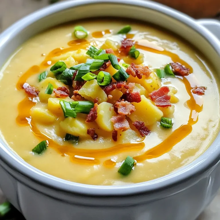 To make Instant Pot Loaded Baked Potato Soup, you need simple, fresh ingredients. Here’s the list: - 4 large russet potatoes, peeled and diced - 1 medium onion, chopped - 3 cloves garlic, minced - 4 cups vegetable broth - 1 cup heavy cream (or coconut cream for dairy-free) - 1 cup shredded cheddar cheese (plus extra for topping) - 4 slices turkey bacon, cooked and crumbled (or tempeh bacon) - 2 green onions, chopped (for garnish) - 1 teaspoon smoked paprika - Salt and pepper to taste - 1 tablespoon olive oil These ingredients come together to create a rich, creamy soup. The russet potatoes give it a great texture, while the cream adds smoothness. You can use coconut cream for a dairy-free option that still tastes amazing. The smoked paprika brings a hint of warmth and depth, making every spoonful delightful. Toppings like bacon and green onions add extra flavor and crunch. This recipe is perfect for a cozy night in or a gathering with friends. Set your Instant Pot to the sauté function. Pour in the olive oil and let it heat. Add the chopped onion and cook until it turns translucent. This takes about 3 to 4 minutes. Then, toss in the minced garlic and sauté for one more minute. This makes the kitchen smell amazing. Now, add the diced russet potatoes to the pot. Pour in the vegetable broth and stir everything together. Make sure to scrape any bits stuck to the bottom. This helps add flavor to your soup. Next, sprinkle in the smoked paprika, salt, and pepper. Give it a good stir to mix everything evenly. This step brings out the deep flavors in the soup. Close the lid of the Instant Pot. Ensure the valve is set to sealing. Set it to high pressure for 12 minutes. This will cook the potatoes to a perfect softness. Once the cooking time is up, let the pressure release naturally for 10 minutes. After that, carefully switch the valve to venting. This releases any remaining steam safely. Open the lid and grab your immersion blender. Blend the soup until it’s smooth and creamy. If you don't have one, you can carefully transfer the soup to a blender. Just be cautious with the hot liquid. Stir in the heavy cream and the shredded cheddar cheese. Mix until it melts and combines well. Taste and adjust the seasoning with more salt and pepper if needed. Ladle the soup into bowls. Top each one with crumbled turkey bacon or tempeh bacon. Add extra shredded cheese and chopped green onions. Enjoy every spoonful of this creamy delight! When making this soup, I love using russet potatoes. They have a creamy texture and absorb flavors well. Russets break down nicely in the Instant Pot, making the soup rich. If you want a different texture, you can try Yukon Gold potatoes. They stay a bit firmer but still taste great. Another option is red potatoes for a colorful twist. For blending, I prefer an immersion blender. It’s easy and keeps my pot clean. Just blend the soup right in the pot. If you use a countertop blender, be careful with hot liquids. Always blend in small batches. Leave the lid slightly open to let steam escape. This keeps the soup from splattering everywhere. To boost the flavor, I recommend adding smoked paprika. It gives the soup a lovely, smoky taste. You can also try adding garlic powder or onion powder for extra depth. For a richer flavor, mix in some chopped chives or fresh herbs like thyme. A squeeze of lemon juice can brighten the soup too. {{image_2}} You can easily adapt this soup for a vegetarian or vegan diet. Instead of turkey bacon, use tempeh bacon. Tempeh adds a nice, smoky flavor. For a creamy base, swap heavy cream for coconut cream. This gives the soup a rich texture. You can also try vegan cheese as a substitute for cheddar. Look for brands that melt well for the best results. Feel free to get creative with add-ins! You can toss in extra vegetables like carrots, corn, or spinach. These add color and nutrients. If you want more protein, consider adding cooked chicken or tofu. Both options blend well with the soup. Just make sure to adjust the cooking time if needed. Want to spice things up? You can easily adjust the seasoning. Add a pinch of red pepper flakes for heat. If you like herbs, try adding fresh thyme or rosemary. These herbs enhance the soup's flavor. Play around with different spices to find your perfect mix. To keep your soup fresh, let it cool first. Transfer the soup into airtight containers. Glass or plastic containers work well. Make sure to leave some space at the top for expansion. Seal the container tightly to prevent air from entering. You can freeze this soup for later use. Pour the cooled soup into freezer-safe containers. Leave some space at the top for expansion. To thaw, move it to the fridge overnight. For quick thawing, place the container in cold water. Reheat frozen soup on the stove or in the microwave. Stir well to ensure even heating. In the refrigerator, your loaded baked potato soup lasts about 3 to 5 days. Check for signs of spoilage before eating. Look for changes in smell, color, or texture. If it smells sour or looks off, it’s best to throw it away. Keeping it stored properly helps maintain its yummy taste! Yes, you can! Use a large pot on the stove. Start by sautéing the onions and garlic in olive oil. Then, add the diced potatoes and broth. Bring it to a boil, then reduce heat and simmer for about 20-25 minutes until the potatoes are soft. Blend the soup as you would in the Instant Pot. To spice things up, add cayenne pepper or crushed red pepper flakes. You can also use spicy cheese or add jalapeños for a kick. Consider using hot sauce as a garnish when serving. For a dairy-free option, use coconut cream. You can also use almond milk or cashew cream, which adds a nice nutty flavor. If you prefer a lighter option, try whole milk or half-and-half. Check that your vegetable broth is gluten-free. Most brands are, but it's good to verify. Use gluten-free bacon or skip it altogether. All other ingredients in this soup are naturally gluten-free. Absolutely! You can try gouda for a smoky flavor or pepper jack for some heat. Cream cheese adds extra creaminess, while mozzarella gives a stretchy texture. Choose your favorite cheese for a personal touch! This soup is easy to make with a few simple ingredients. Start with potatoes, onion, and garlic for flavor. Use the Instant Pot and blend everything for a smooth result. Remember, you can change the recipe with different meats or creams. Store leftovers well and enjoy them later. This dish is warm, filling, and perfect for any meal. Try it today and see how it fits your taste!