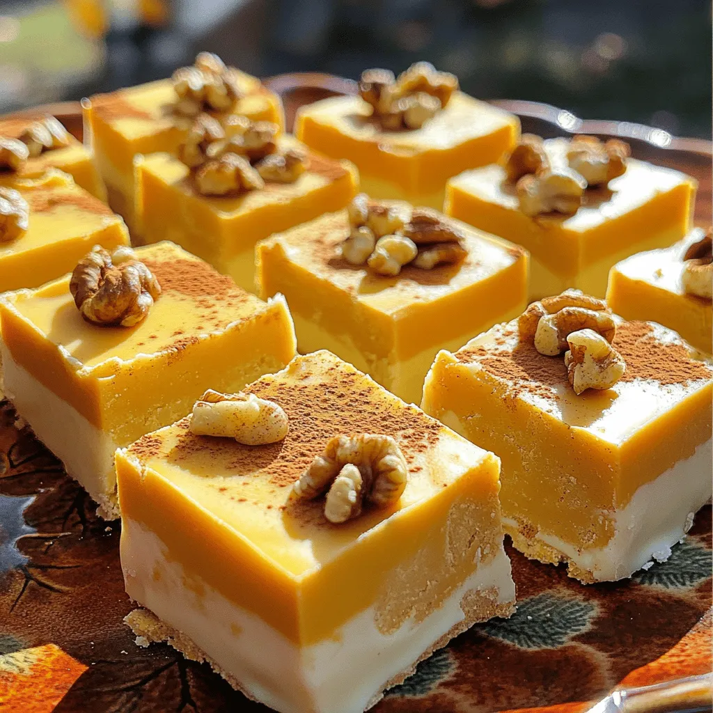 - 2 cups white chocolate chips - 1 can (15 oz) pumpkin puree - 1 cup sweetened condensed milk - 1 teaspoon vanilla extract - 1 teaspoon pumpkin pie spice - &frac12; teaspoon ground cinnamon - &frac14; teaspoon salt - &frac12; cup chopped walnuts (optional) - Chopped pecans - Mini marshmallows - Drizzled caramel For the white chocolate chips, you can use high-quality brands found at most grocery stores. Look for chips that melt well. If you cannot find pumpkin puree, you can make your own by roasting and pureeing fresh pumpkin. Sweetened condensed milk is available in cans at any supermarket. You can skip the walnuts if you have nut allergies or prefer a smoother fudge. If you want to add more spice, try using nutmeg or ginger for a different flavor twist. Start by lining an 8x8-inch baking pan with parchment paper. Leave some paper hanging over the sides. This helps you lift the fudge out later. Next, gather your ingredients. You will need white chocolate chips, pumpkin puree, sweetened condensed milk, and spices. Have everything ready before you begin. In a medium saucepan, add the sweetened condensed milk and white chocolate chips. Set the heat to low. Stir the mix continuously. Keep stirring until the chocolate melts completely. The mixture should be smooth and creamy. Once melted, take the saucepan off the heat. Now, stir in the pumpkin puree, vanilla extract, pumpkin pie spice, ground cinnamon, and salt. Mix well until everything is combined. If you like walnuts, fold them in now. Pour the fudge mixture into your prepared pan. Use a spatula to spread it evenly. Let it cool at room temperature for a bit. After that, put it in the fridge for at least two hours. This helps it set. Once firm, lift the fudge out using the parchment paper. Cut it into squares, and enjoy! To get the best texture, watch the heat closely when melting chocolate. Keep it on low. Stir the mix all the time. This step helps avoid any lumps. When you blend in the pumpkin, make sure it&rsquo;s smooth. You want a creamy mix, not a chunky one. If you like, add chopped walnuts. They give a nice crunch. When it's time to serve, cut the fudge into small squares. This makes it easy to share. Arrange them on a colorful platter. A sprinkle of pumpkin pie spice on top adds a nice touch. You can also serve it with whipped cream for dipping. This makes the treat even more fun. One common mistake is not stirring the chocolate enough. This can cause it to burn. Another mistake is using cold pumpkin puree. Always let it sit out to reach room temperature. This helps it mix better. Lastly, don&rsquo;t rush the cooling time. Let it chill fully to set right. {{image_2}} You can change the flavor of this fudge with ease. Adding spices can give it a fun twist. For example, try mixing in nutmeg or ginger for a warm kick. You can also swap the vanilla extract for almond extract. This will add a lovely nutty flavor. Want a stronger pumpkin taste? Add an extra half cup of pumpkin puree. Each change makes the fudge more unique! If you follow a vegan diet, you can still enjoy this treat. Use dairy-free white chocolate chips and a vegan sweetened condensed milk. This simple swap keeps the fudge creamy and delicious. For gluten-free options, check labels on your ingredients. Most white chocolate chips are gluten-free, but it&rsquo;s good to double-check. You can have fun with toppings and mix-ins! Chopped nuts, like walnuts, add a nice crunch. If you like a sweeter treat, sprinkle some mini chocolate chips on top. You can also try adding marshmallows or dried fruit for a chewy texture. Drizzling caramel or chocolate on top makes it extra special. The options are endless, so get creative! To keep your pumpkin spice white chocolate fudge fresh, store it in an airtight container. Place a sheet of wax paper between layers of fudge to prevent sticking. This method keeps your fudge soft and tasty for days. Keep it in a cool place, away from sunlight and heat. If you want to save some fudge for later, freezing works great! Wrap each piece tightly in plastic wrap. Then, place them in a freezer bag or container. You can freeze it for up to three months. When you are ready to enjoy it, let it thaw in the fridge overnight. Pumpkin spice white chocolate fudge can last about one week at room temperature. If you store it in the fridge, it can last two weeks. Always check for any signs of spoilage before eating. If it looks dry or hard, it may be time to toss it. For best taste, eat it fresh! Yes, you can swap dark chocolate for white chocolate. Dark chocolate gives a richer taste. It also changes the fudge&rsquo;s color. Keep in mind that dark chocolate is less sweet. You may want to adjust the sugar or sweetened condensed milk to balance the flavors. You will know the fudge is set when it feels firm to the touch. After chilling for at least 2 hours, check the edges. They should pull away slightly from the pan. If the fudge is still soft in the center, give it more time in the fridge. Use a sharp knife for clean cuts. First, lift the fudge out of the pan using the parchment paper. Place it on a cutting board. Wipe the knife between cuts to keep the edges neat. For smaller squares, cut in half, then cut each half into equal pieces. In this blog post, we explored how to make fudge, from ingredients to storage. We covered the main ingredients, optional choices, and substitutions. You learned step-by-step how to prepare, melt, and set your fudge. We also shared tips to perfect the texture and avoid common mistakes. Lastly, we discussed variations for different flavors and dietary needs. Enjoy your fudge-making adventure, and don&rsquo;t forget to share your delicious results!