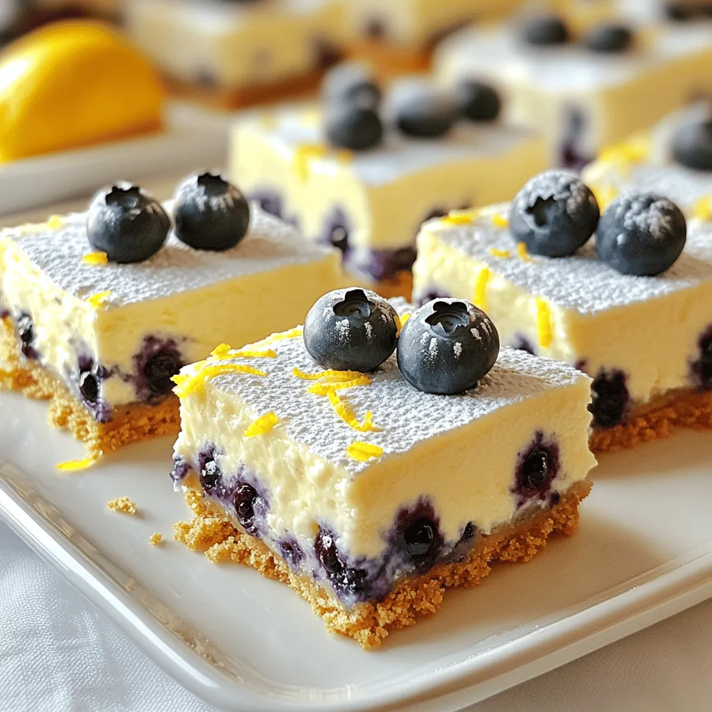 To create No Bake Lemon Blueberry Cheesecake Bars, you need specific ingredients. Each item plays a key role in flavor and texture. - 1 cup graham cracker crumbs - 1/4 cup unsweetened shredded coconut - 1/2 cup unsalted butter, melted - 2 (8 oz) packages cream cheese, softened - 1 cup powdered sugar - 1/4 cup fresh lemon juice - Zest of 1 lemon - 1 teaspoon vanilla extract - 1 cup heavy whipping cream - 1 cup fresh blueberries (plus extra for topping) Graham cracker crumbs form a crunchy base. The shredded coconut adds a subtle sweetness. Melted butter binds the crust and gives it richness. Cream cheese creates a creamy filling with a smooth bite. Powdered sugar sweetens the mix without graininess. Fresh lemon juice and zest provide bright flavor and zestiness. Vanilla extract enhances the overall taste. Heavy cream adds lightness and fluffiness. Fresh blueberries give the bars their signature color and burst of flavor. You can adjust the amounts to suit your taste. If you want a sweeter bar, add more sugar. For a tangier flavor, increase the lemon juice or zest. Each ingredient contributes to a delicious treat you will love! - First, grab a mixing bowl. Combine 1 cup of graham cracker crumbs and 1/4 cup of shredded coconut. - Next, pour in 1/2 cup of melted unsalted butter. Mix it well until everything is combined. - Now, press this mixture firmly into the bottom of an 8x8-inch baking pan. Make sure it is even. - Chill the crust in the refrigerator while you prepare the filling. - In a large mixing bowl, take 2 packages of softened cream cheese. Beat it until it is smooth and creamy. - Gradually add 1 cup of powdered sugar. Keep mixing until it is fully blended. - Then, mix in 1/4 cup of fresh lemon juice, the zest of 1 lemon, and 1 teaspoon of vanilla extract. Make sure this is well combined. - In a separate bowl, whip 1 cup of heavy cream until stiff peaks form. - Gently fold the whipped cream into the cream cheese mixture. Be careful to keep it light and fluffy. - Next, fold in 1 cup of fresh blueberries. Make sure to distribute them evenly without crushing them. - Pour the cheesecake filling over the chilled crust. Smooth it out with a spatula. - Top with extra blueberries for decoration. - Cover the pan with plastic wrap and refrigerate for at least 4 hours, or until set. You can easily swap graham cracker crumbs for other options. Try using crushed cookies like Oreos or even nuts for a gluten-free crust. For a dairy-free or vegan option, use vegan cream cheese and coconut cream in place of heavy cream. This keeps the taste rich and creamy without dairy. To keep your cheesecake light and fluffy, beat the cream cheese well before adding other ingredients. When you whip the cream, make sure to get stiff peaks. This helps the filling stay airy. Chilling is key! Let the bars set for at least four hours. This helps them firm up and makes slicing easier. Serve the cheesecake bars on a pretty plate. Top them with extra blueberries and a sprinkle of powdered sugar for a sweet touch. You can also add lemon zest for color and flavor. For a fun twist, place mint leaves beside the bars. This adds freshness and a pop of green! {{image_2}} You can change the fruit in these cheesecake bars. Try strawberries for a sweet twist. Raspberries add a tart kick. You can even mix fruits for fun flavors. Adding herbs like mint or basil gives a fresh taste. A pinch of cinnamon can also boost the flavor. Experiment to find your favorite combo! If you want to cut sugar, use honey or maple syrup. Both options add a unique taste. Adjust the amount to fit your sweet tooth. Start with less and add more if needed. This way, you can make it just right for everyone. For a gluten-free option, use almond flour or gluten-free cookies. These still give a nice crunch. You can also switch up the cookies. Try chocolate wafers for a deeper flavor. Nuts like pecans or walnuts work well too. They add a nice texture to the crust. To keep your No Bake Lemon Blueberry Cheesecake Bars fresh, store them in the fridge. Use an airtight container or cover the pan tightly with plastic wrap. This helps prevent drying out or absorbing other smells from the fridge. These bars can last up to five days when stored properly. If you want to keep them longer, freezing is a great option. First, cut the cheesecake into squares. Place the squares in a single layer on a baking sheet. Freeze them for about two hours until firm. Then, transfer the squares into a freezer-safe bag or container. Be sure to label it with the date. They can stay in the freezer for up to three months. When you're ready to enjoy them, just take out the desired amount. Let them thaw in the fridge for a few hours or overnight. You can also serve them slightly frozen for a refreshing treat. Check your cheesecake bars before eating. If you see any mold, or if they smell sour, it’s best to discard them. If the texture feels slimy or off, don’t take the chance. Fresh is always best when it comes to desserts like these. Enjoy them while they are still tasty! Yes, you can. I suggest making these bars a day before you serve them. This gives the bars time to chill and set properly. The flavors also blend better when they sit overnight. Just cover them well in the fridge to keep them fresh. If you don’t have fresh blueberries, you can use other fruits. Strawberries, raspberries, or blackberries work well. You can even try diced mango or peaches for a twist. Just make sure the fruit is ripe and sweet to match the lemon flavor. Yes, you can use low-fat cream cheese. However, it may change the texture a bit. The bars may not be as rich and creamy. They might be slightly firmer too. If you prefer a lighter option, it is a good choice. Just remember, the taste will be a little different. This blog post gave you a simple recipe for No Bake Lemon Blueberry Cheesecake Bars. You learned about each ingredient and how to combine them correctly. You can choose different fruits and customize flavors for variety. Remember to chill your bars for the best taste and texture. Follow the tips for storage to keep your dessert fresh. Now, enjoy making this treat in your kitchen. You’ll impress everyone with your tasty creation!