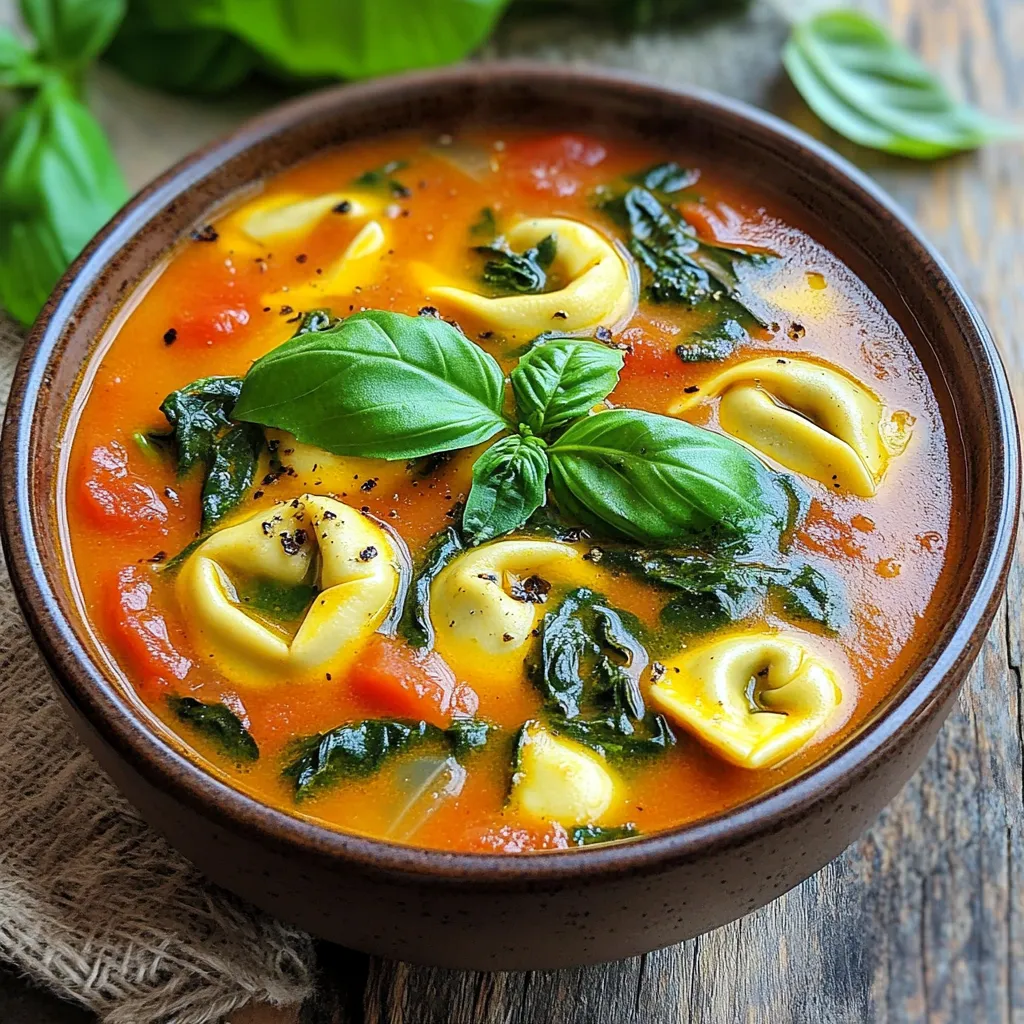 To make Slow Cooker Tomato Basil Tortellini Soup, gather these ingredients: - 1 tablespoon olive oil - 1 medium onion, chopped - 3 cloves garlic, minced - 4 cups vegetable broth - 1 can (28 oz) crushed tomatoes - 2 teaspoons dried basil - 1 teaspoon dried oregano - 1 teaspoon sugar - Salt and pepper to taste - 9 oz cheese tortellini (fresh or frozen) - 1 cup heavy cream (or coconut cream for a lighter version) - 1 cup baby spinach - Fresh basil leaves for garnish You can change a few ingredients if needed: - Use coconut oil instead of olive oil for a different flavor. - Swap the vegetable broth for chicken broth if you want a richer taste. - Use fresh tomatoes instead of canned if you prefer. - If you do not have dried basil, use fresh basil (about 1/4 cup). - Use any pasta if you are out of tortellini. Just adjust the cooking time. Choosing the right brands can enhance your soup: - For olive oil, I recommend Colavita or California Olive Ranch for good taste. - Use Pacific Foods or Swanson for vegetable broth; both offer great flavor. - For crushed tomatoes, Muir Glen is a fantastic option. - I like to use Buitoni or Rana for tortellini; they have great cheese options. - When choosing cream, Organic Valley is my go-to for heavy cream. These brands can help make your soup even more delicious. Enjoy the cooking process! First, gather your ingredients. You need olive oil, onion, garlic, vegetable broth, crushed tomatoes, basil, oregano, sugar, and cheese tortellini. If you want a creamy texture, grab heavy cream or coconut cream. Don’t forget the spinach for freshness! 1. Prep the Base: Heat olive oil in a skillet on medium heat. Add the chopped onion. Sauté until it looks clear, about 5 minutes. Add minced garlic and cook for one more minute. This step adds great flavor. 2. Combine in Slow Cooker: Move the onion and garlic mix to your slow cooker. Pour in the vegetable broth and crushed tomatoes. Add the dried basil, oregano, sugar, salt, and pepper. Mix it well. This creates a tasty base. 3. Cook Time: Cover the slow cooker. Set it to low for 4-6 hours or high for 2-3 hours. The longer it cooks, the better the flavors blend. 4. Add Tortellini: In the last 30 minutes, stir in the cheese tortellini. No need to thaw if you use frozen. This will make the soup hearty. 5. Finish with Cream and Spinach: When the tortellini is ready, mix in the heavy cream and baby spinach. Cook for another 10 minutes on high. The spinach wilts quickly, adding color and nutrients. 6. Serve: Ladle the warm soup into bowls. Top with fresh basil leaves for a nice finish. Enjoy every bite! If your soup seems too thick, add a bit more vegetable broth. If it’s too watery, let it cook longer to thicken. If you find it bland, adjust with more salt or pepper. Taste as you go! - Low Setting: 4-6 hours is best for deep flavors. - High Setting: 2-3 hours works well if you’re short on time. - Tortellini Addition: Always add it in the last 30 minutes, regardless of the setting. - Final Cream and Spinach: Add in the last 10 minutes on high for a creamy finish. This method ensures your soup comes out perfect every time! To make the soup taste great, start with fresh herbs. Use fresh basil instead of dried for a richer flavor. You can also add a splash of balsamic vinegar. This will give the soup a nice tang. For extra depth, try adding a pinch of red pepper flakes. This will add a little heat, making each bite exciting. Using frozen tortellini is easy and saves time. You don’t need to thaw it before adding it to the slow cooker. Just toss it in during the last 30 minutes. This keeps the tortellini from getting too soft. Stir gently to mix it in. This way, each piece stays intact and adds texture. If you want a lighter soup, swap heavy cream for coconut cream. This adds a nice hint of sweetness. You can also use half-and-half for a creamy texture without too many calories. For a dairy-free option, try almond milk or oat milk. These options keep the soup light and tasty while still being creamy. {{image_2}} To make a vegetarian version of this soup, simply use vegetable broth. This swap keeps the flavors rich without meat. You can also add more veggies, like carrots or bell peppers. They add great taste and color to the dish. Using fresh herbs boosts the flavor too. Try adding extra basil or even parsley for a fresh twist. For a gluten-free option, choose gluten-free tortellini. Many brands offer tasty choices made from rice or corn. You can also make your own tortellini if you feel adventurous. Just use gluten-free flour in your dough. Make sure to check the broth for gluten. Some brands add gluten as a thickener. If you want a heartier soup, add protein or grains. Cooked chicken or turkey works well. You can toss in some cannellini beans for extra fiber. Quinoa or barley also makes the soup filling and nutritious. Don't forget to adjust the broth if you add more ingredients. A little extra liquid keeps it from being too thick. To store leftovers, let the soup cool first. Pour it into an airtight container. Make sure to leave some space at the top. This helps prevent spills when it expands in the fridge. Keep it in the fridge for up to three days. Always label the container with the date. This way, you know when it’s time to eat it. If you want to freeze the soup, use a freezer-safe container. Fill the container, but leave some space at the top. The soup can freeze well for up to three months. When you’re ready to eat it, move it to the fridge overnight. This allows it to thaw safely. Avoid refreezing once it has thawed, as this can change the soup’s texture. When reheating, use a pot on the stove for even heating. Add a splash of broth or water if the soup seems too thick. Stir often to avoid sticking. You can also use the microwave. Heat it in short bursts, stirring in between. This helps heat it evenly. Always check the temperature before serving. It should be hot throughout for the best taste. Yes, you can. If you want a lighter soup, use coconut cream instead. You can also skip the cream and add more broth. The soup will still taste great without it. Just make sure to adjust the seasoning a bit. You can add more herbs for extra flavor. This soup pairs well with many side dishes. Try serving it with crusty bread or a fresh salad. Grilled cheese sandwiches are also a hit. You can even add some garlic bread for a tasty touch. These options will make your meal more complete and satisfying. If your soup seems too watery, there are a few tricks. You can mix in a bit of cornstarch with cold water. Stir this mixture into the soup and cook for a few more minutes. Another option is to mash some of the tortellini. This will help thicken the soup naturally. Lastly, let it cook longer with the lid off to reduce the liquid. This blog post covered how to make a delicious Slow Cooker Tomato Basil Tortellini Soup. We looked at key ingredients and swaps, along with the best brands for taste. I explained step-by-step cooking, troubleshooting tips, and timing for slow cookers. You learned great ways to enhance flavors and how to store leftovers. Finally, I shared answers to common questions. With these tips and tricks, you are ready to enjoy this hearty soup anytime. Happy cooking!