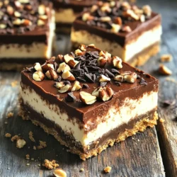 - 1 ½ cups graham cracker crumbs - ½ cup unsalted butter, melted - ½ cup hazelnut spread - 16 oz cream cheese, softened - ½ cup powdered sugar - 1 teaspoon vanilla extract - 1 cup heavy whipping cream - ½ cup chopped hazelnuts - 2 ounces dark chocolate, grated The ingredients for No-Bake Chocolate Hazelnut Cheesecake Bars are simple and fun. The crust starts with graham cracker crumbs mixed with melted butter. This forms a tasty base for our cheesecake. Next, the filling combines cream cheese, hazelnut spread, powdered sugar, and vanilla. This mix creates a rich and creamy texture. For the topping, we whip heavy cream until soft peaks form. This lightens the filling and adds a fluffy texture. Chopped hazelnuts give a nice crunch on top. Finally, grated dark chocolate adds a touch of elegance and flavor. When you gather these ingredients, you set the stage for a treat that is both easy and delicious. Don’t forget to chill the bars for the best results. - In a medium bowl, mix 1 ½ cups of graham cracker crumbs with ½ cup of melted butter. - Press the mixture evenly into a 9x9-inch baking pan. - Chill the crust in the refrigerator for about 15 minutes. This helps it firm up. - In a large mixing bowl, beat 16 ounces of softened cream cheese until smooth. - Add ½ cup of powdered sugar, ½ cup of hazelnut spread, and 1 teaspoon of vanilla extract. Mix until creamy. - In a separate bowl, whip 1 cup of heavy cream until soft peaks form. - Gently fold the whipped cream into the cream cheese mixture. This step makes the filling light and fluffy. - Spread the cheesecake filling evenly over the chilled graham cracker crust. Use a spatula to smooth the top. - Sprinkle ½ cup of chopped hazelnuts over the cheesecake layer. Press them slightly into the filling. - Cover the pan with plastic wrap and refrigerate for at least 4 hours. For the best taste, chill overnight. This allows the bars to set. To get a smooth cheesecake filling, start with softened cream cheese. This helps it blend well. Beat it until it is fluffy with no lumps. Add the hazelnut spread and sugar slowly. This makes sure they mix in evenly. Folding whipped cream correctly is key. Once you whip it to soft peaks, use a spatula. Gently fold it into the cream cheese mixture. This keeps your filling light and airy. Avoid stirring too hard, as this can deflate the cream. If you want to prepare these bars in advance, it’s easy! You can make the crust and the filling a day ahead. Just chill the bars overnight for the best flavor and texture. For optimal chilling, aim for at least four hours. This gives the cheesecake time to set properly. If you can wait overnight, you’ll get a firmer, better slice. For garnishing, sprinkle chopped hazelnuts on top after spreading the filling. You can also add grated dark chocolate for extra flair. This makes the bars look pretty and tasty. Pair these bars with coffee or a glass of milk. The rich flavors complement each other well. You can also serve them with fresh berries for a bright touch. {{image_2}} You can switch up the flavor of your cheesecake bars in fun ways. Try using different nut spreads like almond or peanut butter. Each spread brings a unique taste to the bars. You can also add coffee or caramel for a rich twist. Just mix these extras into the cream cheese filling. They will enhance the flavor in a delightful way. If you need to make dietary changes, you have options. For a gluten-free crust, use crushed gluten-free cookies instead of graham crackers. This keeps the base tasty and safe. You can also find vegan cream cheese at many stores. This allows you to create a vegan version of these bars without losing the creamy texture. Toppings can make your bars even better. Fresh fruits like sliced strawberries or raspberries add a nice touch. They bring brightness and flavor to each bite. You can also try different types of chocolate. White chocolate or milk chocolate can add sweetness. Sprinkle these over the cheesecake or mix them into the filling for more fun flavors. To store leftover cheesecake bars, first, cover them with plastic wrap. This keeps them fresh and prevents them from drying out. You can also place them in an airtight container. A glass or plastic container works well. Make sure it is sealed tightly. If you want to freeze the cheesecake bars, first cut them into squares. Wrap each piece in plastic wrap. Then, place them in a freezer bag or container. This keeps them safe from freezer burn. When ready to eat, take them out and let them thaw in the fridge for a few hours. You can serve them cold or let them sit at room temperature for a bit. In the refrigerator, these bars last about 5 days. Look for signs of spoilage like a change in smell or color. If the bars feel slimy or have mold, it’s best to throw them away. Always check before eating! Yes, you can use low-fat cream cheese. It will change the texture and flavor. The bars may be less creamy and rich. Low-fat options can also be a bit grainy. For the best taste, full-fat cream cheese works best. However, if you want to cut calories, low-fat is still a fine choice. I recommend chilling these bars for at least 4 hours. For the best results, overnight chilling is ideal. This gives the cheesecake time to set properly. The longer they chill, the firmer they will be. Make sure to cover them well with plastic wrap to keep them fresh. Yes, you can make these bars without hazelnuts. You can use other nuts like almonds or pecans. If you want a different flavor, try using peanut butter or almond butter. You could also add a fruit topping like strawberries or bananas. Be creative and enjoy! You now have all the tools to make delicious hazelnut cheesecake bars. We covered the key ingredients, from the crunchy crust to the creamy filling. The step-by-step guide ensures your bars turn out great every time. Remember, achieving the right texture is vital, and planning ahead can save you time. Feel free to explore flavor variations and toppings to suit your taste. With proper storage, your bars will stay fresh for longer. Enjoy your tasty creation and share it with others!