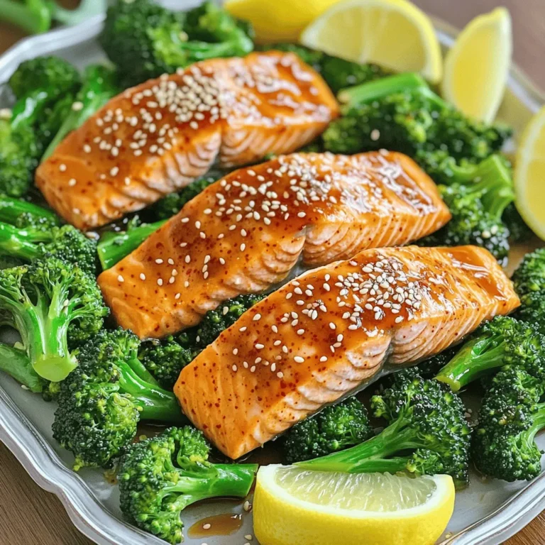- 4 salmon fillets (about 6 oz each) - 1 bunch broccolini, trimmed - 1/4 cup sweet chili sauce - 2 tablespoons soy sauce (low-sodium) - 1 tablespoon honey - 2 cloves garlic, minced - 1 teaspoon fresh ginger, minced - Sesame seeds, for garnish - Lemon wedges, for serving Gather these items before you start cooking. The salmon fillets are the stars of this dish. They bring a rich flavor and nice texture. Broccolini adds a fresh, crisp bite. The sweet chili sauce ties it all together with its sweet and spicy notes. For the marinade, mix soy sauce, honey, garlic, and ginger. This blend adds depth and enhances the salmon's taste. Use fresh garlic and ginger for the best results. Don’t forget the sesame seeds! They add crunch and a nutty flavor. Lemon wedges are perfect for squeezing over the dish when served. This simple setup makes a great meal that impresses everyone! First, you need to preheat the oven. Set it to 400°F (200°C). This heat will help cook the salmon and broccolini just right. Next, take a large baking sheet and line it with parchment paper. This makes cleanup easy. Plus, it helps keep your food from sticking. Now, let’s make the marinade. In a small bowl, whisk together these ingredients: - 1/4 cup sweet chili sauce - 2 tablespoons low-sodium soy sauce - 1 tablespoon honey - 2 cloves garlic, minced - 1 teaspoon fresh ginger, minced Mix these well until they blend smoothly. The sweet and spicy notes of the sauce will bring great flavor to your dish. Time to put it all together! Place the salmon fillets on one side of the baking sheet. Season them with salt and pepper. Pour half of the marinade over the fillets, making sure they are fully coated. On the other side, arrange the broccolini. Drizzle it with olive oil and sprinkle some salt and pepper. Toss the broccolini to coat it evenly. Now it’s time to cook! Roast the salmon and broccolini in the oven for about 12 to 15 minutes. The salmon should be cooked through and flake easily with a fork. Meanwhile, the broccolini should be tender but still crisp. In the last 2 minutes, pour the remaining marinade over the salmon and broccolini. This will help caramelize the sauce and add a tasty glaze. Once everything is cooked, take it out of the oven. Sprinkle sesame seeds over the salmon and broccolini for extra crunch. Serve hot with lemon wedges on the side. Enjoy your delightful meal! How do you check salmon doneness? You should cook salmon until it flakes easily with a fork. Use a fork to gently poke the thickest part. If it breaks apart, it's ready. Typically, salmon needs about 12-15 minutes at 400°F (200°C). The internal temperature should reach 145°F (63°C). How do you ensure broccolini stays tender? To keep broccolini tender, avoid overcooking it. Roast it with the salmon for about 12-15 minutes. Check it near the end of cooking. It should be bright green and still crisp. What alternative sauces can you try? You can switch the sweet chili sauce for teriyaki or hoisin sauce. These sauces will add unique flavors. You might also enjoy a simple lemon-garlic blend for a fresh taste. What additional spices can you add for flavor? Try adding red pepper flakes for heat or smoked paprika for depth. A pinch of cumin can also give an earthy twist. Experiment with what you like best. What are some serving suggestions for visual appeal? Serve the salmon and broccolini on a large platter. Arrange lemon wedges around the edges. This adds color and makes it look inviting. What garnishing options with herbs can you use? Sprinkle fresh cilantro or parsley over the dish. You can also use chives for a mild onion flavor. This will add bright color and fresh taste. {{image_2}} You can switch up the broccolini for other veggies. Try using asparagus, green beans, or bell peppers. These vegetables also roast well and add great color. If you want to focus on seasonal options, consider zucchini in summer or Brussels sprouts in fall. Each choice gives a fresh taste to your meal. Want to spice things up? Add chili flakes or sriracha to the marinade. This gives the dish a nice kick. For a sweeter touch, swap the sweet chili sauce for teriyaki sauce or hoisin sauce. These sauces offer different flavors while keeping that sweet profile. If you need low-sodium options, use low-sodium soy sauce as the recipe suggests. This keeps your dish tasty without too much salt. For gluten-free needs, check the label on your soy sauce. There are gluten-free brands available that work just as well. You can still enjoy this meal while sticking to your diet. Store any leftover salmon and broccolini in an airtight container. This helps keep them fresh. Place the container in your fridge. The dish lasts about 3 days. After that, the quality may drop. To reheat salmon and broccolini, use the oven or the microwave. For the oven, set it to 350°F (175°C). Place the dish on a baking sheet and heat for about 10 minutes. If using the microwave, heat in short bursts of 30 seconds. This helps avoid overcooking. Salmon should stay moist and tender. You can freeze the dish, but it’s best to eat it fresh. If you freeze it, pack the salmon and broccolini in a freezer-safe bag. Remove as much air as possible. To thaw, place it in the fridge overnight. Reheat as mentioned above. This method keeps the flavors nice. For salmon, cooking time varies with thickness. A 6 oz fillet cooks in about 12-15 minutes at 400°F (200°C). Thicker fillets may need an extra 2-3 minutes. Always check that the salmon flakes easily with a fork. This ensures it is fully cooked and safe to eat. Sweet chili salmon pairs well with: - Steamed rice - Quinoa - Roasted sweet potatoes - Mixed green salad These sides balance the flavors and round out your meal nicely. Each option adds nutrition and texture. Yes, you can prep this dish ahead. Marinate the salmon and broccolini for 30 minutes to an hour before cooking. Store them in the fridge until you’re ready to bake. You can also roast everything and store leftovers in the fridge for up to three days. Just reheat gently to avoid overcooking. Broccolini is not the same as broccoli. It is a hybrid of broccoli and Chinese broccoli. Broccolini has smaller florets and longer stems. It is more tender and has a sweeter taste than broccoli. Nutritionally, both are healthy, but broccolini has more vitamin C and iron per serving. This recipe highlights the simple yet delicious process of making sweet chili salmon with broccolini. You learned about essential ingredients, step-by-step cooking, and helpful tips. Experimenting with variations can keep meals fresh and exciting. Don’t forget about storage tips to save leftovers for later. With this knowledge, you can impress your family and friends with your cooking. Embrace these ideas, enjoy your meals, and have fun in the kitchen!