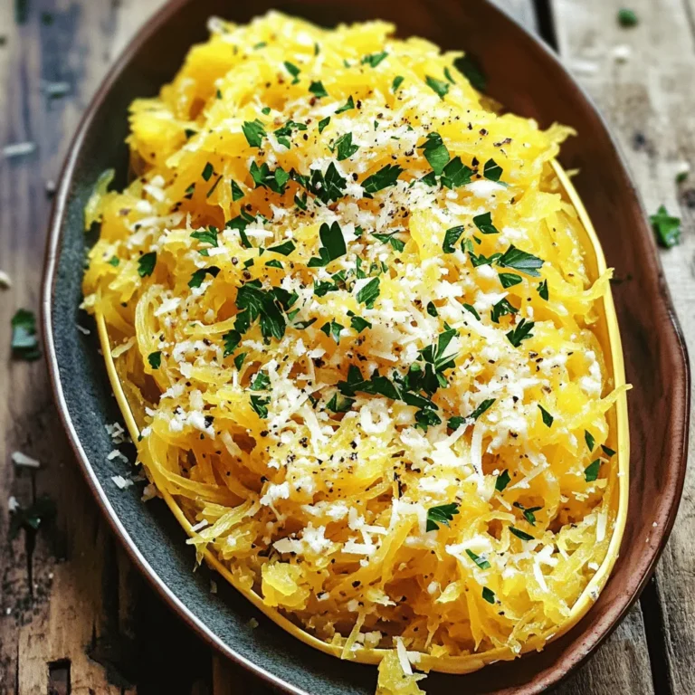 - 1 medium spaghetti squash - 6 cloves of garlic, peeled - 4 tablespoons olive oil - 1 teaspoon salt - 1/2 teaspoon black pepper - 1/2 teaspoon red pepper flakes (optional) - 1/2 cup grated Parmesan cheese - 1 tablespoon fresh parsley, chopped - Zest of 1 lemon To make this dish, gather all your ingredients first. A medium spaghetti squash works best for this recipe. You will use six cloves of garlic, peeled and ready. Measure four tablespoons of olive oil to drizzle on the squash and wrap the garlic. You also need a teaspoon of salt and half a teaspoon each of black pepper and red pepper flakes if you like some heat. For flavor, you will need half a cup of grated Parmesan cheese, a tablespoon of freshly chopped parsley, and the zest of one lemon. The zest adds a bright taste that makes the dish pop. Spaghetti squash is low in carbs and high in fiber. It helps you feel full without adding many calories. Garlic has many health benefits too. It can boost your immune system and supports heart health. Olive oil is rich in healthy fats and can lower bad cholesterol. Parmesan cheese adds protein and calcium, making this dish not just tasty, but also nutritious. Fresh parsley adds vitamins and minerals, plus a nice touch of color. Overall, this dish is not only delicious but also good for you! First, gather your ingredients. You'll need a medium spaghetti squash, garlic, olive oil, salt, black pepper, red pepper flakes, Parmesan cheese, parsley, and lemon zest. Preheat your oven to 400°F (200°C). This step is key to roasting the squash perfectly. 1. Cut the spaghetti squash in half lengthwise. Use a spoon to scoop out the seeds. 2. Place the squash halves cut-side up on a baking sheet. Drizzle 2 tablespoons of olive oil over each half. Sprinkle with salt and pepper to taste. 3. Next, take the garlic cloves and wrap them in a small piece of foil. Drizzle the remaining olive oil over the garlic. Seal the foil tightly. 4. Put the foil-wrapped garlic next to the squash on the baking sheet. 5. Roast everything in the oven for 40 to 45 minutes. Check if the squash is tender and can be easily scraped into strands with a fork. The garlic should be soft and fragrant. 6. Remove the squash and garlic from the oven. Let the garlic cool. Squeeze the cloves from their skins into a bowl. Mash the garlic until smooth using a fork. 7. In a large bowl, scrape the strands from the spaghetti squash using a fork. Add the mashed garlic, Parmesan cheese, red pepper flakes if you like some heat, and lemon zest. Toss everything together well. 8. Taste your dish. Adjust seasoning with more salt and pepper if needed. 9. Serve warm. Garnish with chopped parsley and more Parmesan if you want. To check if the squash is done, poke it with a fork. If it goes in easily, it’s ready. You should see the strands separate easily. If it feels firm, put it back in the oven for a few more minutes. The garlic should also feel soft when pressed. This means it’s perfectly roasted. Enjoy your delicious Roasted Garlic Parmesan Spaghetti Squash! To make your Roasted Garlic Parmesan Spaghetti Squash pop, add fresh herbs. I love using basil or thyme for a fresh touch. A sprinkle of oregano also works great. For a spicy kick, try more red pepper flakes. Just remember, start small and taste as you go. One common mistake is not cutting the squash properly. Always cut it lengthwise. This helps it cook evenly. Also, don’t skip the olive oil. It adds moisture and flavor. If you overcook the squash, it can get mushy. Check for doneness at 40 minutes. You want it tender but firm. Roasting garlic is easy but needs care. First, peel the garlic cloves, then wrap them in foil with olive oil. Make sure to seal it well. This keeps moisture in and makes the garlic sweet. Roast it next to the squash. It should take about the same time. When done, the garlic will be soft and spreadable. {{image_2}} You can switch up the cheese for tasty results. Try using feta for a tangy kick. Goat cheese adds creaminess and flavor. For a sharper taste, use aged cheddar. You can also use nutritional yeast for a cheesy flavor without dairy. Want to make this dish more filling? Adding proteins is a great way to do it. Grilled chicken pairs well with the squash. Shrimp or crab meat can add a seafood twist. For a vegetarian option, add cooked lentils or chickpeas. These will boost nutrients and flavor! To make this dish vegan, skip the Parmesan cheese. Use a plant-based cheese that melts well. You can also add more veggies for extra texture. Try adding spinach, kale, or mushrooms. These will make your meal colorful and nutritious! To keep your Roasted Garlic Parmesan Spaghetti Squash fresh, store it in an airtight container. Place it in the fridge right after it cools down. It will stay good for up to four days. If you want to keep it longer, consider freezing it. When you are ready to enjoy your leftovers, reheat them gently. You can use a microwave or a stovetop. For the microwave, place a portion in a bowl and cover it. Heat for about 1-2 minutes until warm. If using the stovetop, add a teaspoon of olive oil to a pan and warm it over low heat. Stir it often to prevent sticking and heat evenly. To freeze your spaghetti squash, first, let it cool completely. Place the squash in a freezer-safe bag or container. Squeeze out as much air as you can. It will last in the freezer for up to three months. When ready to use, thaw it in the fridge overnight before reheating. This way, you can enjoy this delightful dish whenever you want! You can serve this dish with many sides. Grilled chicken or shrimp pairs well. A fresh salad adds crunch and color. You might also try garlic bread for more flavor. If you like, serve it with a light tomato sauce. This dish is versatile and fits many meals. When picking spaghetti squash, look for a firm outer shell. The color should be a deep yellow. Avoid any squashes with soft spots or blemishes. A medium-sized squash works best for this recipe. Make sure it feels heavy for its size. A good squash leads to great results. Yes, you can prepare this dish in advance. Cook the squash and garlic as directed. Store them in the fridge for up to three days. Reheat before serving for the best taste. You can also mix in the cheese and garlic later. This makes meal prep easy and fun. This blog post covered everything about roasted garlic Parmesan spaghetti squash. We discussed key ingredients, their health benefits, and step-by-step cooking instructions. I shared essential tips and tricks to enhance flavor and avoid mistakes. Variations include cheese alternatives and hearty proteins or vegan options. Lastly, we went over how to store and reheat leftovers. Incorporating these ideas will help you create a tasty dish every time. Always try new ways to enjoy this versatile squash!