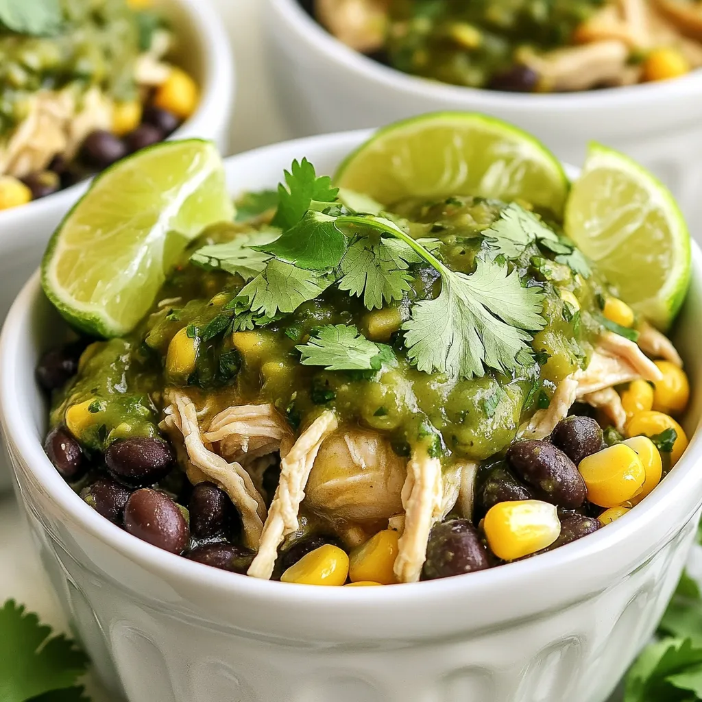 - 2 lbs boneless, skinless chicken thighs - 1 cup salsa verde - 1 can (15 oz) black beans, drained and rinsed - 1 cup corn (fresh or frozen) - 1 medium onion, diced - 3 cloves garlic, minced - 1 teaspoon cumin - 1 teaspoon smoked paprika - 1/2 teaspoon salt - 1/4 teaspoon black pepper - Juice of 1 lime - Fresh cilantro, for garnish Gathering the right ingredients is key to your success. Start with 2 lbs of boneless, skinless chicken thighs. These thighs stay moist and tender during cooking. Next, grab a cup of salsa verde. You can use store-bought or make your own for a fresh taste. You’ll also need a can of black beans. Make sure to drain and rinse them well. A cup of corn, either fresh or frozen, adds sweetness. Dice one medium onion to bring flavor to the dish. Three cloves of garlic, minced, add a nice kick. For seasoning, you’ll want cumin and smoked paprika, each a teaspoon. Add half a teaspoon of salt and a quarter teaspoon of black pepper for balance. Finally, squeeze the juice of one lime for brightness. Fresh cilantro is perfect for garnish, adding a pop of color and flavor. With these ingredients, you’re ready to create a delightful meal. Start by placing the chicken thighs at the bottom of your slow cooker. This helps the chicken soak up all the flavors. Next, pour the salsa verde over the chicken. Make sure the chicken is well coated. Then, add the diced onion, minced garlic, black beans, and corn on top. Spread everything out evenly. This layering will help each ingredient cook well. Now it’s time to add some spices. Sprinkle the cumin, smoked paprika, salt, and black pepper evenly over the top. This will give your dish a nice depth of flavor. Don’t forget to squeeze the lime juice over everything. The lime adds a bright taste that lifts the other flavors. You can choose to cook on low or high. Cooking on low takes 6 to 8 hours. If you’re in a hurry, the high setting cooks it in 3 to 4 hours. Both methods work well! To tell if the chicken is done, check if it shreds easily with a fork. This means it’s tender and ready to mix everything together. To shred chicken, I use two forks. This method works well and is easy. Start with cooked chicken in the slow cooker. Hold one fork in each hand. Use one fork to stab the chicken. Then pull apart with the other fork. This keeps the chicken moist. You can shred right in the slow cooker, so it stays warm. To make the dish your own, taste it before serving. You may want to add more salt or lime juice. Fresh herbs like cilantro can boost flavor. I like to sprinkle some on top before serving. Another idea is to add diced avocado or sour cream. These toppings add creaminess and balance the spice. This dish pairs great with rice or warm tortillas. You can also serve it with a side salad. For leftovers, try making burritos or tacos. The chicken works well in a salad too. Just add some greens and your favorite dressing. {{image_2}} You can switch up the protein in this dish easily. If you want a different cut of chicken, try using chicken breasts instead of thighs. Chicken breasts cook faster but remain juicy if you do not overcook them. Turkey is also a great choice. Ground turkey works well for a lighter meal, while turkey thighs will offer a richer flavor. For vegetarian options, consider using jackfruit. It shreds like chicken and absorbs flavors well. Another great choice is chickpeas. They add fiber and a nice texture, making the dish hearty. Choosing between homemade and store-bought salsa verde can affect the taste. Homemade salsa verde allows you to control the flavors. You can add more lime juice for brightness or extra jalapeños for heat. Store-bought salsa verde is convenient and can still taste great. Look for brands with fresh ingredients for the best flavor. You can also experiment with different flavors of salsa verde. Try adding fresh herbs like cilantro or a dash of vinegar for brightness. For a smoky kick, add chipotle peppers to the mix. Mixing different salsas can create unique flavor profiles. If you want to speed things up, try the Instant Pot. You can cook this dish in just 25 minutes under high pressure. Just follow the same steps but adjust the cooking time. For stovetop cooking, sear the chicken first in a pot. Then add the salsa verde and other ingredients. Let it simmer on low heat for about 30-40 minutes. This method gives you a nice depth of flavor while keeping the chicken tender. To keep your salsa verde chicken fresh, use airtight containers. Glass or plastic containers work well. Store the chicken in the fridge for up to four days. If you want to keep it longer, freeze it. It can last for up to three months in the freezer. Remember to label the containers with the date for easy tracking. For reheating, the best method is the stovetop. Heat it in a pan over medium heat. Add a splash of water or broth to keep it moist. Stir occasionally until it's warm. You can also use the microwave but cover the bowl with a damp paper towel. This keeps the chicken from drying out. After reheating, serve the chicken in bowls. You can add fresh cilantro and a lime wedge on top. Pair it with warm tortillas or serve it over rice for a filling meal. Enjoy your leftovers just as much as the first time! Yes, you can freeze Slow Cooker Salsa Verde Chicken. To freeze it, let the dish cool completely. Then, place it in a freezer-safe bag or container. Make sure to remove as much air as possible to avoid freezer burn. Label the bag with the date. You can freeze it for up to three months. To thaw, move the dish to the fridge for a day. If you need it fast, you can use the microwave. Reheat it in a pot on the stove until it’s hot. Always check that it’s warmed through before serving. Salsa Verde Chicken is versatile. Here are some great side dishes to pair with it: - Warm tortillas - Steamed rice - Quinoa - Fresh salad - Cilantro lime rice - Avocado slices - Black bean corn salad These sides add texture and balance to your meal. They also make it more filling and fun. This dish has mild spice. Salsa verde can vary in heat, so you can adjust it. If you want it spicier, add fresh chopped jalapeños or a dash of hot sauce. For less heat, use a milder salsa verde or reduce the amount you use. You can also serve sour cream on the side. This cools the heat and makes every bite enjoyable. Adjust to your taste! This blog post covered a tasty slow cooker salsa verde chicken recipe. We explored its easy steps, from the right ingredients to cooking time. I shared smart tips for shredding chicken and enhancing flavor. You learned about variations and how to store leftovers well. In the end, this dish brings vibrant flavors to your table. Enjoy making this simple, fun meal and feel free to customize it to fit your tastes. Happy cooking!