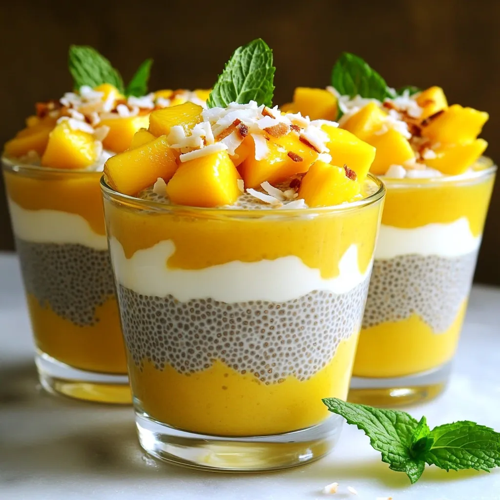 - 1 cup coconut milk (canned or carton) - 1/4 cup chia seeds - 2 tablespoons honey or maple syrup - 1 ripe mango, diced - 1 teaspoon vanilla extract - Pinch of salt - Toasted coconut flakes (for garnish) - Fresh mint leaves (for garnish) This recipe shines with simple yet powerful ingredients. First, coconut milk adds creaminess. You can use either canned or carton milk. Both work well. Next, chia seeds are the magic that thickens the pudding. They soak up liquid and create a nice texture. For sweetness, pick honey or maple syrup. I suggest starting with two tablespoons. You can add more if you like it sweeter. A ripe mango gives a bright flavor and a lovely color. Dice it into small pieces for easy layering. You’ll also need vanilla extract. It adds depth to the pudding. A pinch of salt balances the sweetness. For a special touch, use toasted coconut flakes on top for crunch. Fresh mint leaves add a pop of color and flavor. Gather these ingredients, and you are ready to make a refreshing treat! Start by grabbing a medium bowl. Pour in 1 cup of coconut milk. Next, add 1/4 cup of chia seeds. These tiny seeds will help give the pudding its unique texture. Now, sweeten the mix with 2 tablespoons of honey or maple syrup. You can adjust the amount based on how sweet you like it. Then, add 1 teaspoon of vanilla extract for flavor and a pinch of salt to enhance the taste. Whisk everything together until it is well combined. After mixing, let the chia blend sit for about 10 minutes. This step is key to preventing clumping. Give it another good whisk to mix the seeds evenly. Cover the bowl with plastic wrap or a lid. Place it in the fridge for at least 4 hours, or overnight if you can wait. This waiting period allows the chia seeds to absorb the coconut milk and turn the mix into a pudding-like texture. When the pudding is ready, stir it well. If it seems too thick, you can add a little extra coconut milk. Now comes the fun part—layering! Take small cups and start with a layer of chia pudding. Then add a layer of diced mango. Repeat these layers until the cups are full. To finish, sprinkle some toasted coconut flakes on top. Add a few fresh mint leaves for color and a burst of flavor. Enjoy your beautiful and tasty dessert! Whisking is key to making smooth chia pudding. When you first mix the coconut milk and chia seeds, whisk well. This helps spread the seeds evenly. If you don’t whisk enough, the seeds clump together. After letting the mix sit for ten minutes, whisk again. This step breaks up any clumps that may form. To adjust the thickness of your pudding, simply stir in more coconut milk. You can keep adding until you reach your desired texture. Remember, some like it thick, while others prefer it a bit runny. Customizing sweetness is easy with this recipe. You can add more honey or maple syrup if you like it sweeter. Taste the mixture before it sets to find your perfect balance. If you want alternatives to honey or maple syrup, consider using agave syrup or stevia. These options can give you the sweetness you want without extra calories. Presentation makes a big difference. Layer the chia pudding and diced mango in clear cups. This way, you can see the lovely colors. Start with a layer of pudding, then add a layer of mango. Repeat until the cups are full. For added flavor, sprinkle toasted coconut flakes on top. Fresh mint leaves also give a nice touch. They add color and a fresh flavor that brightens each bite. You can serve this pudding with a side of yogurt or fresh fruit for a balanced treat. {{image_2}} You can change the taste of your mango coconut chia pudding easily. Try adding other fruits like berries or bananas. They add color and flavor. Berries give a sweet-tart taste, while bananas add creaminess. You can also infuse flavors into your pudding. Consider adding lime juice or grated ginger. Lime gives a zesty kick, while ginger adds warmth. These simple swaps create exciting new tastes. This recipe can fit many diets. To keep it vegan, use maple syrup instead of honey. This makes it plant-based and sweet. For gluten-free options, rest easy. All the main ingredients are naturally gluten-free. If you're watching carbs, you can reduce the honey or maple syrup. This keeps it low in sugar and carbs. Layering can make your pudding more fun. Besides mango, try using layers of other fruits or yogurt. For example, add a layer of fresh strawberries or kiwi. It creates a colorful and tasty dessert. You can also make a parfait-style dessert. Alternate layers of chia pudding and fruits in a tall glass. This adds a lovely look and makes it more exciting to eat. To keep your mango coconut chia pudding fresh, store it in air-tight containers. Use small jars or cups that seal well. This will prevent the pudding from absorbing odors in the fridge. The recommended shelf life is about 4 to 5 days. After that, the texture might change, and it may lose its flavor. You can freeze the pudding, but there are pros and cons. Freezing can extend its life for up to a month. However, the texture may change. When you thaw it, the pudding might become a bit grainy. To thaw, move it to the fridge for a few hours. Stir well before serving to improve the texture. If you have leftovers, get creative! You can use the pudding in smoothies. It adds creaminess and nutrition. Scoop some into a bowl and top with fresh fruit for a quick snack. You can also transform it into a parfait. Layer it with granola and more fruit for a delightful treat. Chia pudding can last up to five days in the fridge. To keep it fresh, store it in an airtight container. This helps prevent the pudding from absorbing other smells in your fridge. If you notice any changes in color or smell, it's best to toss it. Yes, you can use other milk types like almond, oat, or soy milk. Each milk will change the taste slightly. Almond milk gives a nutty flavor, while oat milk adds creaminess. Coconut milk makes it rich and tropical, but feel free to experiment. Just keep the same ratio of liquid to chia seeds. Chia pudding is very healthy. Chia seeds are high in fiber, protein, and omega-3 fatty acids. They help keep you full and support heart health. Coconut milk provides healthy fats and adds creaminess. This makes your dessert both tasty and nutritious. Enjoy this pudding as a smart snack or breakfast! Chia pudding is a fun and easy treat. You learned about tasty ingredients like coconut milk, chia seeds, and ripe mango. I shared steps to make it creamy and smooth. With tips on sweetness and variations, you can customize it to your taste. Remember, you can store your pudding for a week or freeze it for later. Enjoy experimenting with flavors and toppings. This dessert is not just delicious; it’s also healthy and satisfying. Make it your own, and savor every spoonful!