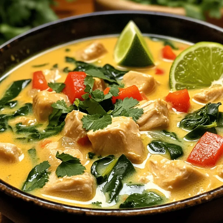- 1 lb chicken breast, cubed - 1 tablespoon olive oil - 1 medium onion, chopped - 3 cloves garlic, minced - 1 inch ginger, grated - 1 red bell pepper, sliced - 1 can (13.5 oz) coconut milk - 4 cups chicken broth - 2 tablespoons lime juice (freshly squeezed) - 1 tablespoon fish sauce (optional) - 1 teaspoon brown sugar - Salt and pepper to taste - 1 cup baby spinach - Fresh cilantro for garnish - Lime wedges for serving Each ingredient in this soup plays a key role. The chicken gives protein and heartiness. Olive oil helps to sauté the onion, garlic, and ginger, making a strong base. The onion adds sweetness, while garlic and ginger bring warmth and depth. Coconut milk adds creaminess and a hint of sweetness. It balances the sharp lime juice's acidity. Chicken broth enhances the flavor, creating a rich and comforting soup. The red bell pepper adds a pop of color and crunch. Fish sauce is optional but adds a savory umami. Brown sugar rounds out the flavors. Salt and pepper enhance everything. Baby spinach gives a fresh, green touch. Finally, fresh cilantro and lime wedges brighten the dish when served. Gather all these ingredients before you start. It makes the cooking process smoother and more enjoyable. - Heat olive oil in a large pot over medium heat. - Sauté the chopped onion until it turns translucent, about 3-4 minutes. - Add minced garlic and grated ginger to the pot. Cook for one more minute until fragrant. - Add the cubed chicken breast and cook until it is browned on all sides, about 5-7 minutes. - Incorporate the sliced red bell pepper into the pot and cook for another 2 minutes. - Pour in the coconut milk and chicken broth. Stir well to combine all the ingredients. - Add the fresh lime juice, fish sauce (if using), brown sugar, salt, and pepper. - Let the soup simmer gently for about 15-20 minutes. This helps the flavors blend and the chicken to cook through. - In the last 5 minutes, stir in the baby spinach until it wilts. Taste and adjust seasoning as needed. You can add more lime juice for acidity or salt for flavor. Enjoy your creamy coconut lime chicken soup! - Make sure the chicken is cooked through. Use a meat thermometer to check that it reaches 165°F. This keeps the chicken safe and juicy. - Adjust the seasoning for your taste. If you like it spicy, add chili flakes. If you prefer it milder, cut back on the lime juice. This way, you make it just right for you. - Garnish your soup with fresh cilantro and lime wedges. This adds a nice pop of color and bright flavor. - Serve the soup with crusty bread or rice. The bread soaks up the soup, and rice makes it hearty. Both options are delicious! - You can experiment with additional spices. Try adding cumin, paprika, or turmeric for a new twist. Each spice brings a unique flavor that can elevate your meal. - If you have dietary restrictions, suggest alternatives. For a dairy-free option, use coconut yogurt instead of cream. If you're gluten-free, just double-check the broth. These small swaps help everyone enjoy the soup. {{image_2}} You can switch out the chicken in this soup. Use shrimp or tofu for a tasty twist. Both options bring a different texture to the dish. If you want a vegetarian version, substitute vegetable broth for chicken broth. This change keeps the soup rich and flavorful. For a zesty kick, add more citrus. Squeeze in some orange or lemon juice. This adds brightness that pairs well with coconut. You can also add extra veggies like zucchini or carrots. They not only boost nutrition but also add color and crunch. Want to spice things up? Infuse the soup with Thai flavors. Add lemongrass or chili to create a unique taste. Another option is to incorporate curry. This gives the soup a warm, rich flavor that feels comforting. Each of these variations makes the soup special and fun. To store leftover soup, let it cool first. Then, pour it into containers. I recommend using glass or BPA-free plastic containers. They seal well and keep the soup fresh. You can store it in the fridge for up to three days. If you want to freeze your soup, follow these steps. First, let it cool completely. Then, use freezer-safe bags or airtight containers. The soup can last up to three months in the freezer. When you want to eat it, thaw it overnight in the fridge. To heat it up, pour it into a pot. Warm it slowly over low heat. Stir often to ensure even heating. You can also use the microwave, but watch the time. Avoid freezing the soup with added spinach. The texture changes when thawed. Instead, add spinach when you reheat the soup. Always use airtight containers to keep your soup fresh. This helps prevent freezer burn and keeps the flavors strong. If you need a dairy-free option, use almond milk or cashew cream. Both add creaminess without coconut. Another option is using unsweetened soy milk mixed with a bit of oil. This can help mimic the rich texture of coconut milk. To create a similar texture, blend silken tofu with water or broth. This mix adds creaminess while keeping the flavor light. You can also try using heavy cream if dairy is not an issue. This soup can last up to four days in the fridge. Store it in an airtight container to keep it fresh. Make sure it cools before putting it in the fridge. This helps avoid bacterial growth. When you want to enjoy it again, reheat on the stove over low heat. Stir often to ensure even warming. Yes, you can make this soup ahead of time. Prepare it up to a day in advance. Follow the recipe but leave out the spinach until you reheat. When you are ready to serve, add the spinach and let it wilt. This keeps it fresh and bright. Plus, it gives you a quick meal on busy days. This blog post covered a tasty chicken soup with coconut milk. You learned about ingredients, preparation, and cooking steps. I shared useful tips for serving and storing your soup. Variations allow you to change flavors or make it vegetarian. In my view, this recipe is simple and fun. Try it with your favorite tweaks. Enjoy making this soup for yourself and your loved ones. You’ll savor every bite and impress your guests. Happy cooking!