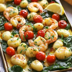 - 1 pound package of gnocchi - 1 pound large shrimp, peeled and deveined - 4 tablespoons unsalted butter - 5 cloves garlic, minced - 1 teaspoon dried oregano - 1 teaspoon paprika - ½ teaspoon red pepper flakes (adjust for spice preference) - Salt and pepper to taste - 1 cup cherry tomatoes, halved - 2 cups spinach leaves - Fresh parsley, chopped (for garnish) - Zest and juice of 1 lemon To make this dish shine, start with quality ingredients. Gnocchi is the main star here. I love using fresh gnocchi, as it gives a soft and fluffy bite. You can also use store-bought, but fresh is best. Next, the shrimp brings a nice, juicy texture. Pick large shrimp for a hearty bite. Make sure they are peeled and deveined for ease. Butter and garlic are key for flavor. The unsalted butter melts beautifully, and the minced garlic adds a rich aroma. You can’t skip these! Spices make it pop. Dried oregano and paprika bring warmth and depth. Red pepper flakes add a touch of heat. Adjust the amount to fit your taste. Fresh vegetables are a must. Cherry tomatoes burst with sweetness. Spinach adds color and nutrients. Don’t forget the fresh parsley for garnish! Finally, lemon zest and juice brighten the entire dish. This combo of flavors creates a wonderful balance. Use these ingredients to craft a delightful meal. 1. Preheat your oven and melt butter. Set your oven to 400°F (200°C). This heat will help the gnocchi crisp up. In a small pan, melt 4 tablespoons of unsalted butter over medium heat. Add 5 cloves of minced garlic. Cook for about 1-2 minutes until it smells great. Then, remove it from the heat. 2. Combine ingredients on the sheet pan. Grab a large baking sheet. Spread 1 pound of uncooked gnocchi evenly on it. Next, add 1 pound of peeled and deveined large shrimp. Toss in 1 cup of halved cherry tomatoes. This mix will add color and flavor. 3. Drizzle garlic butter and season. Pour the garlic butter over the gnocchi, shrimp, and tomatoes. Then, sprinkle 1 teaspoon of dried oregano, 1 teaspoon of paprika, and ½ teaspoon of red pepper flakes for spice. Add salt and pepper to taste. Toss everything well to coat. 1. Roast gnocchi and shrimp. Place the baking sheet in your preheated oven. Roast for 15 minutes. This time lets the gnocchi get a nice golden color and the shrimp cook through. 2. Add spinach midway through cooking. After 15 minutes, take the baking sheet out. Add 2 cups of spinach leaves. Gently toss everything to mix in the spinach. Return the baking sheet to the oven for another 5-7 minutes. The shrimp should be fully cooked, and the gnocchi should be crispy. 3. Finishing touches before serving. Once done, remove the baking sheet from the oven. Drizzle the zest and juice of 1 lemon over the dish. Toss lightly to mix. Finally, garnish with chopped fresh parsley for a pop of color. This dish is both easy and fun to make. Enjoy your Sheet-Pan Garlic Butter Gnocchi and Shrimp! How to achieve crispy gnocchi To get crispy gnocchi, spread it out in a single layer on the sheet pan. This helps each piece get direct heat. Make sure the oven is fully preheated to 400°F (200°C). The high heat cooks the gnocchi fast and makes it golden. Tossing the gnocchi with garlic butter helps it crisp up too. Ensuring shrimp is perfectly cooked For perfectly cooked shrimp, look for a bright pink color. They should curl slightly and be firm to the touch. Cook them for about 15 minutes in the oven. If you add the spinach halfway through, it gives the shrimp extra time to cook without drying out. Best ways to present the dish You can serve this dish straight from the sheet pan for a cozy vibe. If you want a fancier look, plate the shrimp and gnocchi individually. Make sure to include some spinach and tomatoes. A lemon wedge on the side adds a pop of color and flavor. Complementary side dishes and beverages This dish pairs well with a crisp salad or a loaf of crusty bread. A light white wine, like Sauvignon Blanc, goes great with the flavors. You could also serve a refreshing sparkling water with lemon for a non-alcoholic option. {{image_2}} You can swap ingredients easily in this dish. For protein, try chicken or tofu. Both work well with the garlic butter. If you want a veggie boost, add bell peppers or zucchini. These swaps keep the dish fresh and tasty. To make it vegan, use plant-based gnocchi. Replace shrimp with chickpeas or extra veggies. For butter, try vegan butter or olive oil. These changes still give you a rich taste. Spruce up the dish with herbs and spices. Fresh basil or thyme adds a nice touch. You can even mix in some lemon zest for extra zing. Experimenting with sauces can change the whole dish. A splash of soy sauce adds umami. For a creamy twist, drizzle some Alfredo sauce before serving. These little changes can make your meal shine. To keep your leftovers fresh, use airtight containers. Glass or plastic containers work well. Store the gnocchi and shrimp mix in the fridge. They will stay good for up to three days. For the best taste, reheat leftovers in the oven. Set the oven to 350°F (175°C). Place the dish in a safe oven dish. Heat for about 10-15 minutes. This method helps keep the gnocchi crispy. When reheating, be careful not to overcook the shrimp. Shrimp cooks quickly, so check often. If the shrimp become rubbery, they lose their flavor. Take them out as soon as they are warm. Enjoy your meal again without losing the original taste! Can I use frozen gnocchi or shrimp? Yes, you can use frozen gnocchi and shrimp. Just add a few extra minutes to the cooking time. This will help them cook through and warm up nicely. How can I make this dish spicier? To add heat, increase the red pepper flakes. You can also include fresh chili peppers or hot sauce. Adjust to your taste for the perfect kick. What if I don’t have garlic butter? If you don't have garlic butter, you can make your own. Simply melt unsalted butter and add minced garlic. Sauté it briefly until fragrant. This will give you a tasty garlic flavor. Can I prep this dish ahead of time? Yes, you can prep this dish ahead. Chop the vegetables and season the shrimp and gnocchi. Store them in the fridge until you're ready to cook. This makes it easy to throw everything together when you're short on time. In this blog post, we explored a tasty dish made with gnocchi and shrimp. You learned about the key ingredients and step-by-step instructions for cooking. We also shared tips for perfecting the dish and suggested ways to serve it. You can easily modify the recipe to fit your taste. Remember, proper storage and reheating will keep leftovers enjoyable. Enjoy making this dish and sharing it with friends and family. Cooking can be fun and creative!