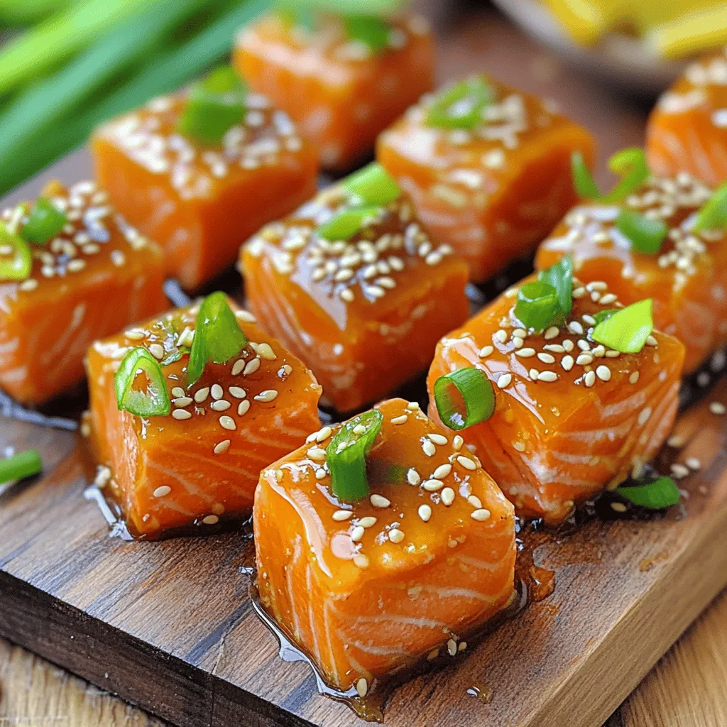 For this recipe, you need 1 pound of salmon fillet. Make sure to remove the skin and cut it into bite-sized cubes. This size helps the salmon cook evenly in the air fryer. Fresh salmon works best, but frozen is fine if you thaw it properly. The magic of this dish lies in the marinade. Here is what you need: - 3 tablespoons honey - 2 tablespoons soy sauce - 2 cloves garlic, minced - 1 teaspoon ginger, grated - 1 tablespoon olive oil - Salt and pepper to taste Mix these ingredients well in a bowl. The honey adds sweetness, while soy sauce gives it a savory touch. Garlic and ginger add a lovely zing that brightens the flavor. Garnishing takes your dish from good to great. Here are some simple options: - Sesame seeds - Sliced green onions Sprinkle these on top after cooking. They add color and texture, making your salmon bites look even more appetizing. To start, grab a mixing bowl. In it, whisk together these ingredients: - 3 tablespoons honey - 2 tablespoons soy sauce - 2 cloves garlic, minced - 1 teaspoon ginger, grated - 1 tablespoon olive oil - Salt and pepper to taste Mix until everything blends well. This marinade gives the salmon a sweet and savory flavor. Next, take your salmon fillet. Cut it into bite-sized cubes, about one inch thick. Place the salmon in the bowl with the marinade. Make sure each piece gets coated well. Cover the bowl and put it in the fridge. Let it marinate for at least 30 minutes. This step is important. It allows the salmon to soak up all that tasty flavor. Now, it’s time to cook the salmon. Preheat the air fryer to 400°F (200°C) for about 5 minutes. While it heats up, lightly spray the air fryer basket with cooking spray. This helps prevent sticking. Once preheated, take the marinated salmon out. Place the cubes in a single layer in the basket. Avoid overcrowding to ensure even cooking. Cook the salmon for 8-10 minutes. Shake the basket halfway through for best results. The salmon should be cooked through and crispy outside. After cooking, let the salmon rest for a minute. Garnish with sesame seeds and sliced green onions. Enjoy your delicious honey garlic salmon bites! To cook salmon perfectly, start with fresh fish. Make sure your salmon fillet is bright and firm. Cut it into bite-sized pieces for even cooking. Preheat your air fryer to 400°F (200°C) before adding the salmon. This helps create a nice, crispy outside. Cook for 8-10 minutes, checking halfway. The salmon should flake easily with a fork when done. A great marinade is key to tasty salmon bites. In a bowl, mix honey, soy sauce, minced garlic, and grated ginger. Add olive oil, salt, and pepper for extra flavor. Whisk until smooth. Coat the salmon well and let it sit in the fridge for at least 30 minutes. This allows the flavors to soak into the fish. You can also try adding a splash of lime juice for a zesty twist. When serving your honey garlic salmon bites, add some color. Garnish with sesame seeds and sliced green onions for a fresh touch. Serve them on a bed of rice or alongside steamed veggies. You can also pair them with a light salad for a nice crunch. These bites are tasty as an appetizer or a main dish. Enjoy the sweet and savory flavors in every bite! {{image_2}} You can easily spice up honey garlic salmon bites. Add a bit of heat for a sweet and spicy twist. Mix in some red pepper flakes or sriracha to the marinade. This adds flavor and a little kick. You can adjust the heat level to fit your taste. Try starting with just a pinch and see how you like it. If you want to switch things up, try using other proteins. Chicken or shrimp can work great in place of salmon. Cut them into bite-sized pieces just like the salmon. The marinade will still give them a tasty flavor. Cook times may change slightly, so keep an eye on them. Make sure they reach the right internal temperature. For a vegetarian option, think about using tofu. Firm tofu works best. Cut it into cubes and marinade it like the salmon. The marinade will soak into the tofu, giving it a nice flavor. You can air fry it just like the salmon bites. Another option is to use cauliflower. Cut it into bite-sized florets. Coat it in the same marinade and air fry until crisp. This way, everyone can enjoy a tasty treat. After enjoying your honey garlic salmon bites, you might have some leftovers. To keep them fresh, place the salmon bites in an airtight container. Make sure to cool them to room temperature first. Store them in the fridge for up to three days. This helps keep the flavors intact and the salmon safe to eat later. When you're ready to enjoy your leftovers, reheating is key. I recommend using the air fryer for the best results. Set the air fryer to 350°F (175°C). Heat the salmon bites for about 3-5 minutes. This keeps them crispy and delicious. You can also use a microwave, but the texture won't be as nice. If you choose the microwave, heat them in short bursts, about 30 seconds at a time. If you want to save some salmon bites for later, freezing is a great option. Place the cooled salmon bites in a single layer on a baking sheet. Freeze them for about an hour, until they're firm. Then, transfer them to a freezer-safe bag or container. Make sure to remove as much air as possible. You can freeze them for up to three months. When you're ready to eat, just thaw them in the fridge overnight and reheat. Enjoy your tasty treat whenever you want! Yes, you can use frozen salmon. Just thaw it first. Place the salmon in the fridge overnight. If you're short on time, put it in cold water for about an hour. After thawing, cut it into bite-sized cubes. Then, follow the same marinade and cooking steps. The flavors will still soak in well. If you need a honey alternative, use maple syrup or agave nectar. Both offer a similar sweetness. You can also try brown sugar mixed with a bit of water. This will give you a nice glaze. Adjust the amount based on your taste. Sweetness is key in this dish. To check if the salmon is done, look for color and texture. The fish should be opaque and flake easily with a fork. Use a food thermometer for accuracy. The internal temperature should reach 145°F (63°C). If you don’t have a thermometer, just watch for that flaky texture. It’s done when the outside is slightly crispy, too. This blog post covered every step to make tasty salmon. We explored ingredients, from the salmon fillet to garnishes. I showed you how to prepare and marinate salmon using an air fryer. You learned tips for perfect cooking and various options for flavors. We also talked about storing leftovers and answered common questions. Cooking salmon is fun and easy. I hope you try these ideas. Enjoy your meals and feel good about cooking well!