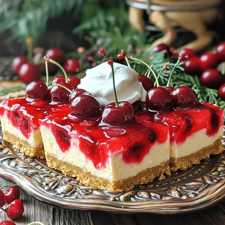 - 1 ½ cups graham cracker crumbs - ½ cup unsalted butter, melted - 2 tablespoons granulated sugar - 16 oz cream cheese, softened - 1 cup granulated sugar - 2 large eggs - 1 teaspoon vanilla extract - 1 cup sour cream - 1 can (21 oz) cherry pie filling - 1 tablespoon cornstarch To create Cherry Pie Cheesecake Bars, gather these ingredients first. The graham cracker crumbs form a crunchy base. Mixing them with melted butter and sugar makes a sweet crust. Next, the cream cheese blends with sugar, eggs, and sour cream for a rich filling. I choose cream cheese because it gives the bars that creamy texture. The cherry pie filling brings a burst of flavor. You’ll also need cornstarch to help the cherry filling set nicely. This mix will create a lovely swirl in your bars. Each ingredient plays a key role in making these bars a delight. - Mixing bowls - Hand mixer or stand mixer - 9x9 inch baking pan - Parchment paper - Spatula Be ready with the right tools. A hand mixer helps blend the cream cheese easily. The 9x9 inch pan keeps the bars at the perfect thickness. I like to line it with parchment paper. This way, the bars lift out easily once cool. A spatula ensures a smooth cheesecake layer. All these tools make the process simple and fun. - Preheat the oven to 325°F (163°C). - In a bowl, combine 1 ½ cups graham cracker crumbs, ½ cup melted butter, and 2 tablespoons sugar. Mix well until it looks like wet sand. - Press the crumb mixture firmly into a 9x9 inch baking pan. Bake for 10 minutes. Remove from the oven and let it cool. - In a large bowl, beat 16 oz softened cream cheese until smooth. - Gradually add 1 cup sugar. Mix well. Then, add 2 large eggs, one at a time. Mix until just combined. - Stir in 1 teaspoon vanilla extract and 1 cup sour cream until the mixture is creamy. - Pour the cheesecake batter over the cooled crust. Spread it evenly using a spatula. - In a small bowl, mix 1 can (21 oz) cherry pie filling with 1 tablespoon cornstarch. Spoon dollops of this mixture over the cheesecake layer. - Use a knife or skewer to swirl the cherry filling into the batter for a marbled look. Bake for 45-50 minutes, until the center is set. - Allow the cheesecake bars to cool in the pan for 1 hour. Then, refrigerate for at least 3 hours or overnight. - Once chilled, lift the bars from the pan using the parchment paper. Cut into squares and serve chilled. To get the best cheesecake texture, start with room temperature ingredients. This includes cream cheese and eggs. When they are warm, they mix better. This helps your cheesecake become smooth and creamy. Avoid overmixing your batter. Mix just until everything is combined. Overmixing adds too much air. This can cause the cheesecake to crack while baking. Garnish your cherry pie cheesecake bars with fresh cherries. You can also add a dollop of whipped cream on top. This makes the bars look more inviting. Serve the bars on a nice platter at gatherings. They will stand out, and guests will love the look. You can even add mint leaves for a pop of color. If your cheesecake cracks, don’t worry. You can cover it with whipped cream or more cherry filling. This hides the cracks and keeps it looking nice. To avoid a soggy crust, make sure to bake it first. Baking the crust for 10 minutes helps set it. Let it cool completely before adding the cheesecake layer. {{image_2}} You can change the cherry pie filling to other fruit fillings. Blueberry or apple work great too. They add their own sweet twist. You can also infuse flavors using different extracts. Almond and lemon extracts add a nice touch. These swaps keep the bars exciting and new. To make these bars healthier, use low-fat cream cheese. You can also mix in Greek yogurt for creaminess. This still gives you that rich taste. For a gluten-free option, swap graham crackers with almond flour. This change keeps the texture while catering to dietary needs. You can easily scale the recipe for bigger gatherings. Just double or triple the ingredients. If you want mini versions, use a muffin tin. This way, you can serve individual portions. They are perfect for parties or snacks. To keep your cherry pie cheesecake bars fresh, cool them completely. Let them sit in the pan for about an hour after baking. Then, lift them out using the parchment paper. Place the bars on a cutting board to slice them. Wrap each piece tightly in plastic wrap. This keeps them from drying out. You can also put them in an airtight container. For storage containers, use glass or plastic that seals well. Make sure the container is clean and dry before placing the bars inside. This helps prevent moisture from ruining the texture. In the fridge, these bars last for about five days. If you freeze them, they can stay good for up to three months. When frozen, wrap them well to avoid freezer burn. Watch for signs of spoilage. If you see any mold or an off smell, it’s best to toss them. The bars should still look bright and fresh. If the crust feels too soft or soggy, it might not taste good. To reheat your cheesecake bars, take them out of the fridge. Place them in the microwave for about 10-15 seconds. This warms them without changing the texture too much. If you want to serve them warm, try topping them with whipped cream or fresh cherries. This adds a nice touch and makes them feel special. Enjoy your delicious treat! Yes, you can prepare these cheesecake bars up to two days in advance. After baking, let them cool completely. Then, cover them tightly with plastic wrap or foil. Store them in the fridge until you are ready to serve. This way, the flavors have time to meld. To cut cheesecake bars cleanly, use a sharp knife. Dip it in hot water, then wipe it dry before each cut. This keeps the knife clean, resulting in nice, smooth edges. You can also run a spatula under the bars for easy lifting when serving. Yes, you can swap the graham cracker crust for other types. Try using crushed cookies, like Oreos or vanilla wafers. You can also use a shortbread crust for a buttery taste. Just make sure to adjust the sugar based on the sweetness of the crust. Check the edges of the cheesecake bars for a light golden color. The center should be set but still slightly jiggly. You can also insert a toothpick in the center. It should come out mostly clean, with a few crumbs sticking to it. This means it's done! In this article, I shared the secrets to making delicious cherry pie cheesecake bars. You learned about key ingredients, the necessary equipment, and step-by-step instructions to create them. I also covered helpful tips, variations, and best storage practices. Remember, using room temperature ingredients gives the best texture. With these tips in mind, you can impress friends and family with your baking skills. Enjoy every bite of your tasty creation!