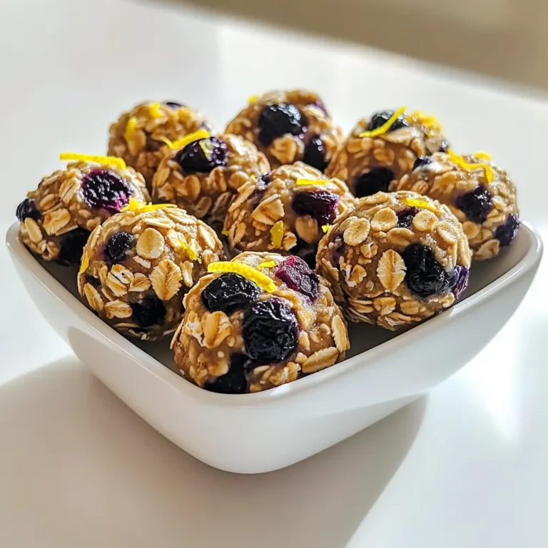 To make Blueberry Lemon Energy Bites, you need these simple ingredients: - 1 cup rolled oats - 1/2 cup almond butter (or peanut butter) - 1/4 cup honey or maple syrup - 1/2 cup dried blueberries - Zest of 1 lemon - 2 tablespoons lemon juice - 1 tablespoon chia seeds - 1/4 teaspoon salt - 1/4 teaspoon vanilla extract These ingredients work together to create a tasty snack that fuels your day. You can get creative with your energy bites! Here are some fun add-ins: - Chopped nuts for crunch - Dark chocolate chips for sweetness - Coconut flakes for a tropical twist - Protein powder for an extra boost Mix and match these options based on what you have and love. These energy bites are not only tasty but also packed with nutrition. Here’s what they offer: - Rolled oats provide fiber and help keep you full. - Almond butter gives healthy fats and protein. - Chia seeds add omega-3s and antioxidants. - Dried blueberries have vitamins and minerals. This snack is perfect for busy days or post-workout fuel! Making Blueberry Lemon Energy Bites is easy and fun. You only need a few simple steps. Gather your ingredients first. This makes the process smoother. You will need rolled oats, almond butter, honey, dried blueberries, lemon zest, lemon juice, chia seeds, salt, and vanilla extract. Start by taking a large mixing bowl. Add 1 cup of rolled oats, 1/2 cup of almond butter, and 1/4 cup of honey or maple syrup. Mix these well until they come together. Then, add in the dried blueberries, lemon zest from one lemon, 2 tablespoons of lemon juice, 1 tablespoon of chia seeds, 1/4 teaspoon of salt, and 1/4 teaspoon of vanilla extract. Stir it all together until you see an even blend. If the mix feels sticky, add a bit more oats. If it feels too dry, splash in a little lemon juice. This step is key for the right texture. Now comes the fun part. Use your hands to knead the mixture gently. Make sure all ingredients are well combined. Next, take a tablespoon and scoop out portions. Roll these into bite-sized balls in your hands. Aim for about 12 to 15 bites. Place the rolled bites on a baking sheet or parchment paper. Once done, refrigerate them for at least 30 minutes. This helps them firm up nicely. After they're set, store them in an airtight container in the fridge. They make for great grab-and-go snacks! When making Blueberry Lemon Energy Bites, avoid overmixing. This can make the bites tough. Don't skip the chia seeds; they add fiber and help bind the mix. If your mixture feels too dry, do not hesitate to add a splash of lemon juice. Remember, it should be sticky enough to hold together. If your mix is too sticky, add more rolled oats, a little at a time. On the other hand, if it feels dry, a touch of lemon juice will help. You want a dough-like texture. Adjust until it feels just right. This way, your bites will hold their shape and taste great. For a beautiful display, use a colorful bowl to serve your energy bites. You can sprinkle extra chia seeds on top for a nice touch. These bites make a great snack for kids and adults. Pair them with some fresh fruit or yogurt for a fun treat. Enjoy them with friends or as a quick pick-me-up during the day! {{image_2}} You can change up the flavor of your energy bites easily. Try adding different dried fruits, like cranberries or apricots. You could also use fresh lemon zest for a stronger lemon taste. If you love chocolate, add mini dark chocolate chips or cocoa powder. For a warm touch, a pinch of cinnamon works great too. These small changes can make your bites exciting and fun to eat. If you want to switch sweeteners, you have options. Maple syrup is a great choice if you want a vegan option. Agave nectar can also add a unique taste. For a lower-calorie option, consider using stevia or monk fruit sweetener. Just remember to adjust the amount since they are sweeter than honey or syrup. This way, you can enjoy your energy bites without the extra sugar. You can use any nut butter you like in this recipe. Almond butter gives a nice flavor, but peanut butter works well too. If you have allergies, sunflower seed butter is a safe choice. Cashew butter adds creaminess and a mild taste. Each nut butter brings its own twist to the energy bites. Experiment to find the one you love best! To keep your blueberry lemon energy bites fresh, store them in an airtight container. This helps prevent moisture and keeps them tasty. You can place a piece of parchment paper between layers to avoid sticking. If you plan to eat them within a week, keep them in the fridge. For longer storage, consider freezing them. These energy bites can last up to one week in the fridge. If you freeze them, they can last up to three months. To freeze, place your energy bites in a single layer on a baking sheet. After about an hour, transfer them to a freezer bag. Remember to label the bag with the date. To thaw your frozen energy bites, take them out of the freezer. Let them sit at room temperature for about 15 to 30 minutes. They will soften and be ready to eat. You can also place them in the fridge overnight to thaw slowly. Enjoy them as a quick snack or a healthy treat! Yes, you can use fresh blueberries! They add a burst of flavor. However, fresh blueberries can make the mixture wetter. If you choose fresh, consider adding a bit more oats to balance the moisture. This way, your energy bites will still hold together well. Absolutely! These energy bites are packed with nutrients. They contain oats for fiber, almond butter for healthy fats, and dried blueberries for antioxidants. The chia seeds add omega-3 fatty acids. Plus, they have no added sugars beyond honey or maple syrup. They make a great snack for kids and adults alike. These energy bites last about one week in the fridge. Store them in an airtight container to keep them fresh. If you want to keep them longer, consider freezing them. They can last up to three months in the freezer. Just thaw them in the fridge before enjoying! We explored how to make energy bites, focusing on ingredients and preparation. You learned about key ingredients, optional add-ins, and health benefits. I shared tips to avoid common mistakes and how to adjust the texture. We also discussed flavor variations and storage practices. In conclusion, energy bites are simple, fun, and flexible. You can easily tweak them for your taste. Enjoy these nutritious snacks and make them your own!
