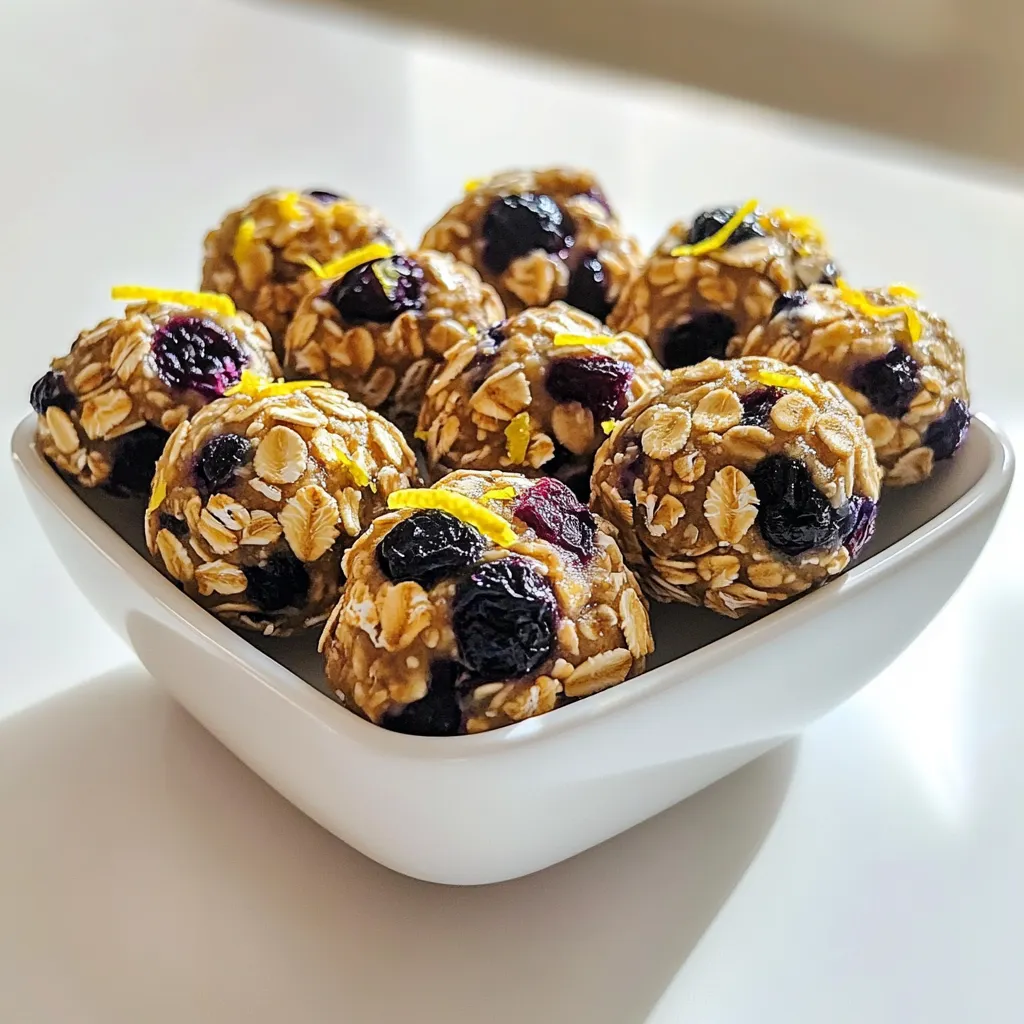 To make Blueberry Lemon Energy Bites, you need these simple ingredients: - 1 cup rolled oats - 1/2 cup almond butter (or peanut butter) - 1/4 cup honey or maple syrup - 1/2 cup dried blueberries - Zest of 1 lemon - 2 tablespoons lemon juice - 1 tablespoon chia seeds - 1/4 teaspoon salt - 1/4 teaspoon vanilla extract These ingredients work together to create a tasty snack that fuels your day. You can get creative with your energy bites! Here are some fun add-ins: - Chopped nuts for crunch - Dark chocolate chips for sweetness - Coconut flakes for a tropical twist - Protein powder for an extra boost Mix and match these options based on what you have and love. These energy bites are not only tasty but also packed with nutrition. Here’s what they offer: - Rolled oats provide fiber and help keep you full. - Almond butter gives healthy fats and protein. - Chia seeds add omega-3s and antioxidants. - Dried blueberries have vitamins and minerals. This snack is perfect for busy days or post-workout fuel! Making Blueberry Lemon Energy Bites is easy and fun. You only need a few simple steps. Gather your ingredients first. This makes the process smoother. You will need rolled oats, almond butter, honey, dried blueberries, lemon zest, lemon juice, chia seeds, salt, and vanilla extract. Start by taking a large mixing bowl. Add 1 cup of rolled oats, 1/2 cup of almond butter, and 1/4 cup of honey or maple syrup. Mix these well until they come together. Then, add in the dried blueberries, lemon zest from one lemon, 2 tablespoons of lemon juice, 1 tablespoon of chia seeds, 1/4 teaspoon of salt, and 1/4 teaspoon of vanilla extract. Stir it all together until you see an even blend. If the mix feels sticky, add a bit more oats. If it feels too dry, splash in a little lemon juice. This step is key for the right texture. Now comes the fun part. Use your hands to knead the mixture gently. Make sure all ingredients are well combined. Next, take a tablespoon and scoop out portions. Roll these into bite-sized balls in your hands. Aim for about 12 to 15 bites. Place the rolled bites on a baking sheet or parchment paper. Once done, refrigerate them for at least 30 minutes. This helps them firm up nicely. After they're set, store them in an airtight container in the fridge. They make for great grab-and-go snacks! When making Blueberry Lemon Energy Bites, avoid overmixing. This can make the bites tough. Don't skip the chia seeds; they add fiber and help bind the mix. If your mixture feels too dry, do not hesitate to add a splash of lemon juice. Remember, it should be sticky enough to hold together. If your mix is too sticky, add more rolled oats, a little at a time. On the other hand, if it feels dry, a touch of lemon juice will help. You want a dough-like texture. Adjust until it feels just right. This way, your bites will hold their shape and taste great. For a beautiful display, use a colorful bowl to serve your energy bites. You can sprinkle extra chia seeds on top for a nice touch. These bites make a great snack for kids and adults. Pair them with some fresh fruit or yogurt for a fun treat. Enjoy them with friends or as a quick pick-me-up during the day! {{image_2}} You can change up the flavor of your energy bites easily. Try adding different dried fruits, like cranberries or apricots. You could also use fresh lemon zest for a stronger lemon taste. If you love chocolate, add mini dark chocolate chips or cocoa powder. For a warm touch, a pinch of cinnamon works great too. These small changes can make your bites exciting and fun to eat. If you want to switch sweeteners, you have options. Maple syrup is a great choice if you want a vegan option. Agave nectar can also add a unique taste. For a lower-calorie option, consider using stevia or monk fruit sweetener. Just remember to adjust the amount since they are sweeter than honey or syrup. This way, you can enjoy your energy bites without the extra sugar. You can use any nut butter you like in this recipe. Almond butter gives a nice flavor, but peanut butter works well too. If you have allergies, sunflower seed butter is a safe choice. Cashew butter adds creaminess and a mild taste. Each nut butter brings its own twist to the energy bites. Experiment to find the one you love best! To keep your blueberry lemon energy bites fresh, store them in an airtight container. This helps prevent moisture and keeps them tasty. You can place a piece of parchment paper between layers to avoid sticking. If you plan to eat them within a week, keep them in the fridge. For longer storage, consider freezing them. These energy bites can last up to one week in the fridge. If you freeze them, they can last up to three months. To freeze, place your energy bites in a single layer on a baking sheet. After about an hour, transfer them to a freezer bag. Remember to label the bag with the date. To thaw your frozen energy bites, take them out of the freezer. Let them sit at room temperature for about 15 to 30 minutes. They will soften and be ready to eat. You can also place them in the fridge overnight to thaw slowly. Enjoy them as a quick snack or a healthy treat! Yes, you can use fresh blueberries! They add a burst of flavor. However, fresh blueberries can make the mixture wetter. If you choose fresh, consider adding a bit more oats to balance the moisture. This way, your energy bites will still hold together well. Absolutely! These energy bites are packed with nutrients. They contain oats for fiber, almond butter for healthy fats, and dried blueberries for antioxidants. The chia seeds add omega-3 fatty acids. Plus, they have no added sugars beyond honey or maple syrup. They make a great snack for kids and adults alike. These energy bites last about one week in the fridge. Store them in an airtight container to keep them fresh. If you want to keep them longer, consider freezing them. They can last up to three months in the freezer. Just thaw them in the fridge before enjoying! We explored how to make energy bites, focusing on ingredients and preparation. You learned about key ingredients, optional add-ins, and health benefits. I shared tips to avoid common mistakes and how to adjust the texture. We also discussed flavor variations and storage practices. In conclusion, energy bites are simple, fun, and flexible. You can easily tweak them for your taste. Enjoy these nutritious snacks and make them your own!