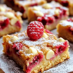 To make Raspberry White Chocolate Blondies, gather these items: - 1 cup unsalted butter, melted - 1 ½ cups brown sugar - 2 large eggs - 2 teaspoons vanilla extract - 2 cups all-purpose flour - ½ teaspoon baking powder - ½ teaspoon salt - 1 cup white chocolate chips - 1 cup fresh raspberries (or frozen, thawed and drained) Use precise measurements for the best results. If you want thicker blondies, add a bit more flour. For softer blondies, reduce the flour slightly. You can also adjust the sugar to make them sweeter or less sweet, based on your taste. You can swap out some ingredients if needed. For dairy-free options, use coconut oil instead of butter. If you don’t have brown sugar, white sugar works, but it changes the flavor slightly. You can use any type of chocolate chips if you prefer dark or milk chocolate. For a fruity twist, try using blueberries or strawberries in place of raspberries. First, you need to get your oven ready. Preheat it to 350°F (175°C). This step is crucial for even baking. Next, grab a 9x13 inch baking pan. Grease it lightly with butter. Then, line the pan with parchment paper. Leave some paper hanging over the sides. This makes it easy to lift out the blondies later. In a large bowl, add 1 cup of melted unsalted butter. Follow this with 1 ½ cups of brown sugar. Whisk them together until smooth. The mixture should be well combined. Next, crack in 2 large eggs. Add them one at a time. Whisk well after each egg. Finally, stir in 2 teaspoons of vanilla extract. This will give your blondies a lovely flavor. In another bowl, mix together the dry ingredients. You need 2 cups of all-purpose flour, ½ teaspoon of baking powder, and ½ teaspoon of salt. Whisk these items together. Gradually add the dry mix to the wet mix. Stir just until combined. Be careful not to overmix. This keeps your blondies soft and chewy. Now comes the fun part! Gently fold in 1 cup of white chocolate chips. Then, add in 1 cup of fresh raspberries. If you use frozen raspberries, make sure they are thawed and drained. Fold carefully to avoid crushing the raspberries. You want to keep some whole for bursts of flavor. Pour the batter into your prepared pan. Use a spatula to spread it evenly. Now, place the pan in the oven. Bake for 25-30 minutes. The edges should turn golden brown. To check for doneness, insert a toothpick into the center. If it comes out with a few moist crumbs, they are ready. Once done, let the blondies cool in the pan for about 15 minutes. Use the parchment paper to lift them out. Place them on a wire rack to cool completely before cutting into squares. To get the best texture in your blondies, focus on mixing. Mix the wet and dry ingredients separately before combining them. This method helps blend the flavors well. Avoid overmixing once you add the flour. Overmixing can lead to tough blondies, which we don’t want. Aim for a smooth batter with some lumps. Those little lumps mean your blondies stay soft. When using raspberries, treat them gently. Rinse them quickly under cold water. This keeps them fresh and clean. After washing, pat them dry with a paper towel. If you use frozen raspberries, thaw and drain them first. Excess water can make your batter too wet. Fold the raspberries into the batter carefully. You want to keep them whole for that burst of flavor. One common mistake is baking too long. Keep an eye on your blondies in the oven. Check them around the 25-minute mark. Insert a toothpick into the center. If it comes out with a few moist crumbs, they are done. Another mistake is not lining the pan. Always line it with parchment paper. This helps you lift the blondies out easily. Lastly, don’t skip the cooling time. Let them cool in the pan before cutting. This step helps them set and makes cutting easier. {{image_2}} You can mix in other fruits for a twist. Blueberries add a sweet burst. Strawberries bring a lovely tartness. Just replace the raspberries with the same amount of your chosen fruit. Make sure to gently fold them in to keep them whole. This keeps your blondies colorful and fun. To make these blondies gluten-free, swap out the all-purpose flour. Use a gluten-free flour blend instead. Many blends work well and mimic regular flour. Just make sure it has a good mix of starches and proteins. You may need to check the baking powder, too. Make sure it’s gluten-free to keep your treat safe. Adding flavor extracts can elevate your blondies. A splash of lemon extract gives a bright taste. Almond extract adds a nice nutty note. Use about 1 teaspoon of either extract in place of some vanilla. This small change can create a whole new flavor experience. Don’t forget to adjust the amount based on your taste. To keep your blondies fresh, store them in an airtight container. Place parchment paper between layers to prevent sticking. This method helps maintain moisture. A cool, dry place works best for storage. Keep them at room temperature for up to five days. You can freeze blondies for later. First, cut them into squares. Wrap each square in plastic wrap. Then, place them in a freezer bag or container. This prevents freezer burn. They can stay in the freezer for up to three months. When you’re ready to enjoy them, simply thaw in the fridge overnight. For a warm treat, reheat blondies in the microwave. Heat for about 10 to 15 seconds. Check to avoid overheating. You want them warm, not hot. Alternatively, you can use the oven. Preheat to 350°F (175°C). Place blondies on a baking sheet and heat for about 5 minutes. Enjoy them warm for a gooey texture! Yes, you can use frozen raspberries. Just make sure to thaw and drain them first. This helps avoid excess moisture in your blondies. Thawed raspberries may break down more than fresh ones. So, be gentle when folding them into the batter. Check the edges of the blondies. They should be golden brown. Insert a toothpick into the center. If it comes out with a few moist crumbs, they are done. Avoid overcooking, as this can make them dry. You can serve them with a scoop of vanilla ice cream. Fresh whipped cream also pairs nicely. For a fun twist, drizzle some chocolate sauce on top. This adds a nice touch and extra flavor. Absolutely! Chopped nuts like walnuts or pecans can add a nice crunch. Just fold them in with the chocolate chips and raspberries. Keep in mind that nuts will change the texture slightly, making them more rustic. This blog post covered all the key steps to create delicious Raspberry White Chocolate Blondies. We discussed ingredients, measurements, and ingredient swaps. I also shared easy instructions and valuable tips for the best results. You can customize your blondies with different fruits or make them gluten-free. Finally, I explained how to store extras to keep them fresh. Enjoy baking and share your tasty creations with family and friends! These blondies bring smiles and sweet moments to everyone.