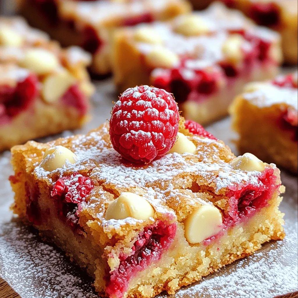 To make Raspberry White Chocolate Blondies, gather these items: - 1 cup unsalted butter, melted - 1 ½ cups brown sugar - 2 large eggs - 2 teaspoons vanilla extract - 2 cups all-purpose flour - ½ teaspoon baking powder - ½ teaspoon salt - 1 cup white chocolate chips - 1 cup fresh raspberries (or frozen, thawed and drained) Use precise measurements for the best results. If you want thicker blondies, add a bit more flour. For softer blondies, reduce the flour slightly. You can also adjust the sugar to make them sweeter or less sweet, based on your taste. You can swap out some ingredients if needed. For dairy-free options, use coconut oil instead of butter. If you don’t have brown sugar, white sugar works, but it changes the flavor slightly. You can use any type of chocolate chips if you prefer dark or milk chocolate. For a fruity twist, try using blueberries or strawberries in place of raspberries. First, you need to get your oven ready. Preheat it to 350°F (175°C). This step is crucial for even baking. Next, grab a 9x13 inch baking pan. Grease it lightly with butter. Then, line the pan with parchment paper. Leave some paper hanging over the sides. This makes it easy to lift out the blondies later. In a large bowl, add 1 cup of melted unsalted butter. Follow this with 1 ½ cups of brown sugar. Whisk them together until smooth. The mixture should be well combined. Next, crack in 2 large eggs. Add them one at a time. Whisk well after each egg. Finally, stir in 2 teaspoons of vanilla extract. This will give your blondies a lovely flavor. In another bowl, mix together the dry ingredients. You need 2 cups of all-purpose flour, ½ teaspoon of baking powder, and ½ teaspoon of salt. Whisk these items together. Gradually add the dry mix to the wet mix. Stir just until combined. Be careful not to overmix. This keeps your blondies soft and chewy. Now comes the fun part! Gently fold in 1 cup of white chocolate chips. Then, add in 1 cup of fresh raspberries. If you use frozen raspberries, make sure they are thawed and drained. Fold carefully to avoid crushing the raspberries. You want to keep some whole for bursts of flavor. Pour the batter into your prepared pan. Use a spatula to spread it evenly. Now, place the pan in the oven. Bake for 25-30 minutes. The edges should turn golden brown. To check for doneness, insert a toothpick into the center. If it comes out with a few moist crumbs, they are ready. Once done, let the blondies cool in the pan for about 15 minutes. Use the parchment paper to lift them out. Place them on a wire rack to cool completely before cutting into squares. To get the best texture in your blondies, focus on mixing. Mix the wet and dry ingredients separately before combining them. This method helps blend the flavors well. Avoid overmixing once you add the flour. Overmixing can lead to tough blondies, which we don’t want. Aim for a smooth batter with some lumps. Those little lumps mean your blondies stay soft. When using raspberries, treat them gently. Rinse them quickly under cold water. This keeps them fresh and clean. After washing, pat them dry with a paper towel. If you use frozen raspberries, thaw and drain them first. Excess water can make your batter too wet. Fold the raspberries into the batter carefully. You want to keep them whole for that burst of flavor. One common mistake is baking too long. Keep an eye on your blondies in the oven. Check them around the 25-minute mark. Insert a toothpick into the center. If it comes out with a few moist crumbs, they are done. Another mistake is not lining the pan. Always line it with parchment paper. This helps you lift the blondies out easily. Lastly, don’t skip the cooling time. Let them cool in the pan before cutting. This step helps them set and makes cutting easier. {{image_2}} You can mix in other fruits for a twist. Blueberries add a sweet burst. Strawberries bring a lovely tartness. Just replace the raspberries with the same amount of your chosen fruit. Make sure to gently fold them in to keep them whole. This keeps your blondies colorful and fun. To make these blondies gluten-free, swap out the all-purpose flour. Use a gluten-free flour blend instead. Many blends work well and mimic regular flour. Just make sure it has a good mix of starches and proteins. You may need to check the baking powder, too. Make sure it’s gluten-free to keep your treat safe. Adding flavor extracts can elevate your blondies. A splash of lemon extract gives a bright taste. Almond extract adds a nice nutty note. Use about 1 teaspoon of either extract in place of some vanilla. This small change can create a whole new flavor experience. Don’t forget to adjust the amount based on your taste. To keep your blondies fresh, store them in an airtight container. Place parchment paper between layers to prevent sticking. This method helps maintain moisture. A cool, dry place works best for storage. Keep them at room temperature for up to five days. You can freeze blondies for later. First, cut them into squares. Wrap each square in plastic wrap. Then, place them in a freezer bag or container. This prevents freezer burn. They can stay in the freezer for up to three months. When you’re ready to enjoy them, simply thaw in the fridge overnight. For a warm treat, reheat blondies in the microwave. Heat for about 10 to 15 seconds. Check to avoid overheating. You want them warm, not hot. Alternatively, you can use the oven. Preheat to 350°F (175°C). Place blondies on a baking sheet and heat for about 5 minutes. Enjoy them warm for a gooey texture! Yes, you can use frozen raspberries. Just make sure to thaw and drain them first. This helps avoid excess moisture in your blondies. Thawed raspberries may break down more than fresh ones. So, be gentle when folding them into the batter. Check the edges of the blondies. They should be golden brown. Insert a toothpick into the center. If it comes out with a few moist crumbs, they are done. Avoid overcooking, as this can make them dry. You can serve them with a scoop of vanilla ice cream. Fresh whipped cream also pairs nicely. For a fun twist, drizzle some chocolate sauce on top. This adds a nice touch and extra flavor. Absolutely! Chopped nuts like walnuts or pecans can add a nice crunch. Just fold them in with the chocolate chips and raspberries. Keep in mind that nuts will change the texture slightly, making them more rustic. This blog post covered all the key steps to create delicious Raspberry White Chocolate Blondies. We discussed ingredients, measurements, and ingredient swaps. I also shared easy instructions and valuable tips for the best results. You can customize your blondies with different fruits or make them gluten-free. Finally, I explained how to store extras to keep them fresh. Enjoy baking and share your tasty creations with family and friends! These blondies bring smiles and sweet moments to everyone.