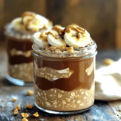 - 1 cup rolled oats - 2 cups almond milk (or any milk of choice) - 2 tablespoons natural peanut butter - 2 tablespoons cocoa powder - 2 tablespoons maple syrup (or honey) - 1 teaspoon vanilla extract - 1/4 teaspoon salt - 1/4 cup dairy-free chocolate chips - Fresh banana slices for topping - Chopped peanuts for garnish To make Peanut Butter Chocolate Overnight Oats, gather these ingredients. The rolled oats serve as the base. They soak up the milk and become soft overnight. I use almond milk, but any milk works well. Natural peanut butter adds rich, nutty flavor. Cocoa powder gives the oats a delicious chocolate taste. Maple syrup or honey sweetens the dish. I love maple syrup for its deep flavor. A touch of vanilla extract brightens everything up. Salt balances the sweetness. Dairy-free chocolate chips bring extra chocolatey goodness. Fresh banana slices on top add creaminess. Chopped peanuts give a fun crunch. These ingredients come together easily and create a satisfying breakfast. They are great for busy mornings. You can mix them the night before and grab them on your way out. Enjoy! To make peanut butter chocolate overnight oats, start by gathering your ingredients. You need rolled oats, almond milk, peanut butter, cocoa powder, maple syrup, vanilla extract, salt, and chocolate chips. 1. In a mixing bowl, combine the rolled oats and almond milk. 2. Add the peanut butter, cocoa powder, maple syrup, vanilla extract, and salt. 3. Whisk this mixture until the peanut butter blends well and the cocoa dissolves completely. Now, stir in the dairy-free chocolate chips. They will add a rich, chocolatey bite to your oats. Next, you need to divide the mixture into jars. You can use two jars or airtight containers. This helps with easy serving later. Seal the jars tightly and refrigerate them overnight. You can also chill them for at least four hours. This allows the oats to soak up all the flavors. In the morning, give the oats a good stir. If you find the mixture too thick, add a splash of milk. This helps reach the texture you like. Top the oats with fresh banana slices and a sprinkle of chopped peanuts. The banana adds sweetness while the peanuts give a pleasing crunch. For a nice touch, serve the oats in clear jars. This shows off the beautiful layers. You can also drizzle a bit more peanut butter on top for a fancy look. Enjoy your delightful breakfast! Adjust the sweetness to match your taste. If you want it sweeter, add more maple syrup or honey. For a thicker consistency, use less milk. If it’s too thick, just add a splash of milk in the morning. Mixing well is key. Make sure the peanut butter and cocoa blend evenly into the oats. This gives every bite great flavor. Oats are full of fiber, which helps with digestion. They also keep you full for longer. Peanut butter adds protein and healthy fats. Together, they make a great breakfast. Each serving has about 400 calories, depending on the milk and toppings you choose. This makes it a balanced meal to start your day. You can add fun toppings to change up the flavor. Try fresh berries, yogurt, or granola. For a twist, sprinkle in cinnamon or nutmeg. You can also use almond extract for a different taste. These small changes can make a big difference in your oats. Experiment to find your favorite combinations! {{image_2}} You can easily switch up the nut butter. Try almond or cashew butter for a twist. Each nut butter gives a new taste. For sweeteners, maple syrup works well. You can also use honey or agave nectar. Choose the milk you like best too. Almond milk is my go-to, but oat or coconut milk tastes great too. Adding fruits makes your oats even better. Slices of fresh strawberries or blueberries add flavor and color. You can also toss in seeds like chia or flax for extra nutrients. Want creaminess? Mix in some yogurt. Greek yogurt adds protein and a smooth texture. It’s a fun way to change things up. Celebrate the seasons with your oats! In fall, add pumpkin spice for a cozy vibe. Mix in pureed pumpkin for added nutrition. In summer, think fruity. Fresh peaches or berries can brighten your morning. Try a combination of your favorite fruits. Each season brings new ideas for your oats. Enjoy the flavors that change with the weather! To keep your peanut butter chocolate overnight oats fresh, store them in the fridge. Use airtight containers or jars with lids. This keeps moisture in and prevents odors from other foods. Serve them cold in the morning, or if you prefer, warm them up. Just add a splash of milk and microwave for about 30 seconds. Stir well before enjoying. These overnight oats can last up to five days in the fridge. After that, they may lose their taste and texture. Look for signs of spoilage like an off smell or a change in color. If the oats look dry or have a slimy texture, it's best to toss them. You can make these oats ahead for the whole week. Just prepare multiple jars at once and store them in the fridge. This makes breakfast easy and quick. For portion control, stick to one jar per serving. If you want to add toppings later, keep them separate until you're ready to eat. Enjoy a tasty breakfast every morning with minimal effort! Yes, you can use quick oats. Quick oats cook faster and absorb liquid more quickly. This change will give your overnight oats a softer texture. If you prefer a chewier bite, stick with rolled oats. They hold their shape better and create a more satisfying mouthfeel. Overnight oats can last up to five days in the fridge. Make sure to store them in airtight containers. This keeps them fresh and tasty. You can enjoy them throughout the week for a quick breakfast. Just give them a stir before eating. If they seem thick, add a splash of milk. Absolutely! To make gluten-free overnight oats, choose certified gluten-free rolled oats. Many brands offer this option. The other ingredients in the recipe, like almond milk and peanut butter, are usually gluten-free. Always check labels to ensure no cross-contamination occurs. Enjoy your gluten-free treat without worry! This blog post shared a detailed guide on making overnight oats. We covered the key ingredients, from rolled oats to dairy-free chocolate chips. I provided step-by-step instructions for preparation and storage. Tips enhanced flavor and addressed nutritional benefits. Variations allowed for personalization, ensuring you can adapt the recipe to your taste. Overnight oats are easy, tasty, and healthy. Experiment with flavors, textures, and toppings to find your favorite mix! Enjoy your delicious creation!