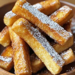 - 6 slices of thick bread (like brioche or challah) - 2 large eggs - 1/2 cup milk - 2 tablespoons maple syrup - 1 teaspoon vanilla extract - 1 teaspoon ground cinnamon - 1/2 teaspoon nutmeg - Pinch of salt - 1/4 cup granulated sugar (for coating) - Optional: powdered sugar for garnish You can switch up the bread for a fun twist. Try sourdough or whole wheat for a heartier feel. If you want a lighter option, use white bread. Almond milk or oat milk works well instead of regular milk. For a vegan option, use flax eggs. Just mix 1 tablespoon of ground flaxseed with 2.5 tablespoons of water. Let it sit for five minutes to thicken. Choose thick bread for the best results. Brioche or challah gives a soft, rich flavor. It soaks up the batter well. Avoid thin bread, as it may get too soggy. Look for day-old bread if possible. It holds up better when soaked in the egg mixture. Fresh bread works, too, but day-old bread gives a nice texture. Start with your bread. Use thick slices like brioche or challah. Cut each slice into three equal strips. This makes perfect sticks for dipping. The thicker the bread, the better the texture. Set these aside on a plate. They are ready for the egg batter. Grab a large shallow bowl. In it, whisk together 2 large eggs and 1/2 cup milk. Add in 2 tablespoons of maple syrup. This gives a nice touch of sweetness. Next, mix in 1 teaspoon of vanilla extract, 1 teaspoon of ground cinnamon, and 1/2 teaspoon of nutmeg. Don’t forget a pinch of salt! Whisk until everything is well mixed. This batter will coat the bread sticks beautifully. Now it’s time to coat the sticks. Take each bread stick and dip it into the egg mixture. Make sure each stick gets fully coated. Let any extra batter drip back into the bowl. In another shallow bowl, mix 1/4 cup of granulated sugar with an extra teaspoon of cinnamon. Roll each coated stick in this cinnamon-sugar mix. Ensure they are fully covered. Preheat your air fryer to 375°F (190°C). Place the coated sticks in a single layer in the air fryer basket. You may need to work in batches. Air fry for about 8-10 minutes. Flip them halfway through cooking. They should turn golden brown and crispy. Once done, take them out and let them cool for a bit. Optionally, dust with powdered sugar before serving. Enjoy your tasty treat! To get that perfect crunch, follow these simple steps. First, ensure you cut your bread thick. I love using brioche or challah for this recipe. Next, coat the sticks well in the egg mixture. Let the excess batter drip off. This helps keep them from becoming soggy. Air fry them at 375°F (190°C) for 8-10 minutes. Flip them halfway through for even cooking. The golden brown color means they're crispy and ready to eat! For added flavor, you can mix in different spices. Try adding a pinch of cardamom or ginger to the egg mixture. If you love chocolate, add mini chocolate chips to the batter. You can also switch the maple syrup for honey or agave. For a fruity twist, serve with fresh berries or banana slices. These small changes make each bite exciting. Every air fryer is a bit different. If your model runs hot, lower the temperature to 350°F (175°C). You might need to cook the sticks a little longer. Always check for doneness by looking for a golden brown color. If you want them extra crispy, cook in batches. Avoid overcrowding the basket. This ensures the hot air can circulate well around each stick. {{image_2}} You can change up the flavor of your Air Fryer Cinnamon French Toast Sticks. Try adding chocolate chips to the egg mixture for a sweet twist. You can also use fresh fruit like sliced bananas or berries. Just add them on top after cooking. If you want a fun fall flavor, mix in pumpkin spice instead of cinnamon. This keeps your breakfast exciting! If you need gluten-free options, choose gluten-free bread. Many brands offer tasty options that work well. For a dairy-free version, use almond milk or oat milk instead of regular milk. You can swap eggs for a flaxseed mixture if you're avoiding eggs. Mix one tablespoon of ground flaxseed with three tablespoons of water and let it sit for five minutes. This acts as a great egg substitute! Serve your French toast sticks with maple syrup for dipping. You can also add a side of fresh fruit for a healthy touch. Some people love to sprinkle powdered sugar on top for extra sweetness. Another great idea is to serve them with yogurt for added protein. Get creative and make a fun breakfast plate! To store leftover French toast sticks, let them cool down first. Place them in an airtight container. They will stay fresh in the fridge for up to three days. For best taste, eat them within this time frame. Reheat the French toast sticks in your air fryer. Set it to 350°F (175°C) for about 5 minutes. This will make them crispy again. You can also use a microwave, but they may become soft. If you choose the microwave, heat for about 30 seconds. You can freeze French toast sticks for longer storage. Once cooled, place them in a single layer on a baking sheet. Freeze them for about an hour. After that, transfer them to a freezer bag. They will keep for up to two months. When ready to eat, thaw them overnight in the fridge before reheating. Yes, you can use regular toast. However, thick bread gives the best texture. Thick bread holds the batter well and stays soft inside. Regular toast may become too crunchy and dry. If you prefer regular bread, just watch the cooking time closely. To stop the sticks from sticking, lay them out in a single layer. Use parchment paper or a silicone mat in the air fryer. You can also give them a light spray of cooking oil. This will help keep them separate and give them a nice crisp. Yes, you can make this recipe ahead of time. Prepare the sticks and coat them with sugar. Store them in the fridge for up to 24 hours. When ready, air fry them straight from the fridge. Just add a minute or two to the cooking time for best results. In this blog post, I covered how to make great French toast sticks. We discussed key ingredients and alternatives, plus tips for choosing the right bread. I shared step-by-step instructions for preparation, coating, and cooking. I also offered tips for perfect crispiness and flavor boosts. We explored variations for different tastes and dietary needs, along with storage tips for leftovers. With these insights, you can enjoy delicious homemade French toast sticks any time. Your kitchen just got more fun, and I can’t wait to see what you create!