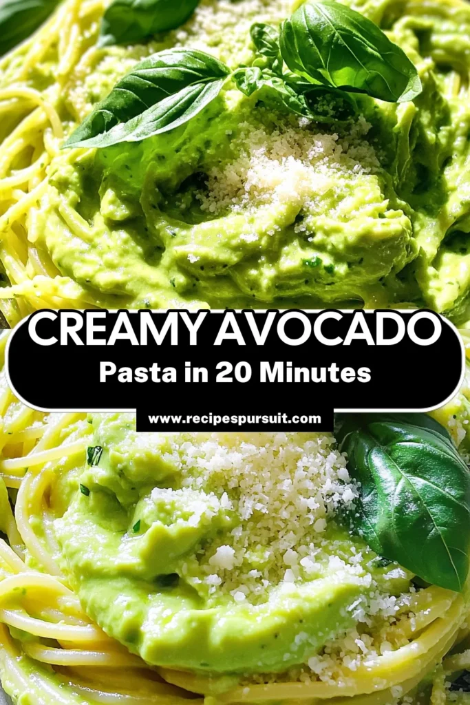Whip up a deliciously healthy Creamy Avocado Pasta in just 20 minutes! This easy recipe features ripe avocados blended with garlic, lemon juice, and Parmesan for a rich sauce that perfectly coats your favorite pasta. Whether you're a busy foodie or looking to impress at your next dinner, this dish is sure to please. Click through for the full recipe and make mealtime a breeze! #CreamyAvocadoPasta #EasyRecipes #HealthyEating #PastaLovers