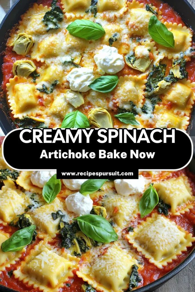 Discover the ultimate comfort food with this One-Pan Creamy Spinach Artichoke Ravioli Bake! This delicious and easy recipe combines cheese ravioli, fresh spinach, and artichoke hearts baked in a rich marinara sauce, topped with creamy ricotta and gooey mozzarella. Perfect for weeknight dinners, this scrumptious dish takes just 45 minutes to prepare. Click through to explore the full recipe and impress your family tonight!