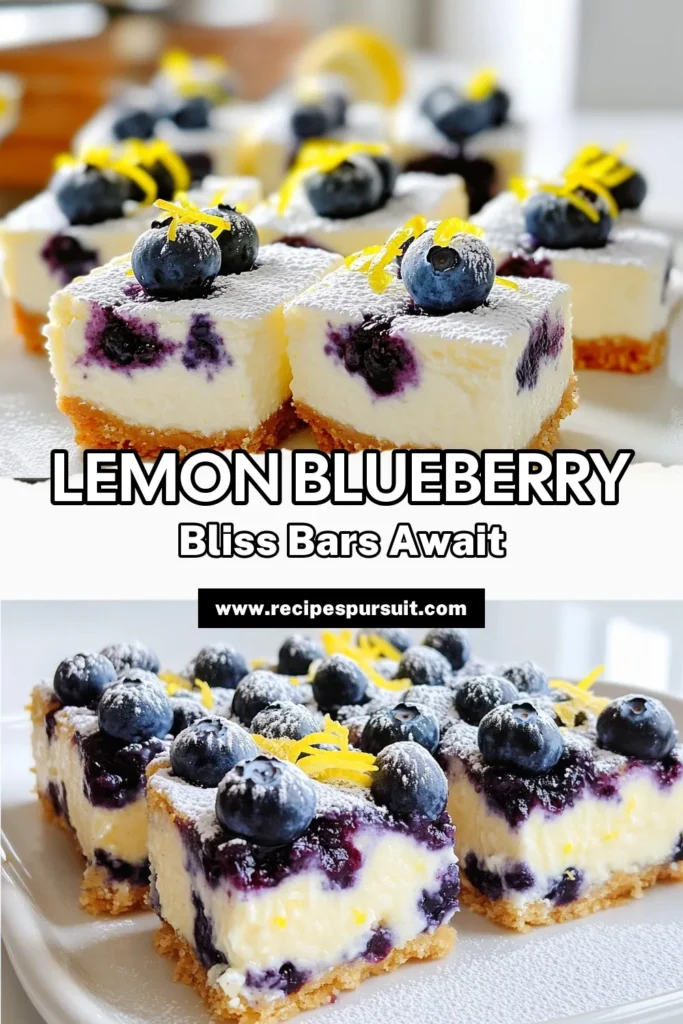 Indulge in the delightful flavors of Blueberry Lemon Cheesecake Bars! This easy recipe combines a buttery graham cracker crust with a rich cream cheese filling, bursting with fresh blueberries and zesty lemon. Perfect for dessert lovers, these bars are sure to impress. Get the full recipe and learn how to make these mouthwatering treats today! Don't miss out on a slice of heaven! #BlueberryLemonCheesecakeBars #DessertRecipes #Baking #SweetTreats